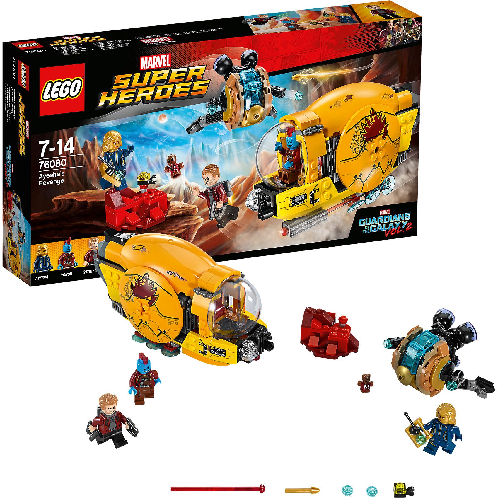 LEGO Super Heroes 76080: Месть Аиши LEGO Super Heroes 76080: Месть АишиПластмассовые конструкторы<br>LEGO Super Heroes 76080: Месть Аиши<br><br>Характеристики:<br><br>- в набор входит: детали 2 кораблей и декораций, 4 минифигурки, аксессуары, книга комиксов, красочная инструкция по сборке<br>- минифигурки набора: Звёздный Лорд, малыш Грут, Йонду, Аиша<br>- состав: пластик<br>- количество деталей: 323<br>- размер упаковки: 35,5 * 6 * 19 см.<br>- для детей в возрасте: от 7 до 14 лет<br>- Страна производитель: Дания/Китай/Чехия<br><br>Легендарный конструктор LEGO (ЛЕГО) представляет серию «Marvel Super Heroes» (Супер герои Марвел) по сюжетам фильмов, мультфильмов и комиксов о супергероях. <br><br>Этот набор понравится любителям фильмов Marvel Стражи галактики. Минифигурки набора выглядят ярко, очень качественно проработаны, в их разработке были использованы уникальные детали не встречающиеся в других наборах. Звёздный Лорд представлен в новом более детализированном дизайне с новой прической, курткой, а также новым оружием и рюкзаком для полетов. Костюм Йонду нарисован как на его теле, так и на ногах, в набор входит его стрела. Малыш Грут представлен в маленьком размере и с его униформой. <br><br>Аиша представлена в золотом цвете, как и в комиксах, с пультом управления, рисунки костюма нанесены на тело и ноги минифигурки. Ее космический корабль выполнен в соответствии с фильмом Стражи галактики 2 и оснащен двумя мощными двигателями-турбинами, фронтальными пушками, стреляющими с помощью механизма. Большой корабль Йонду выглядит внушительно, кабина корабля открывается, внизу расположена пружинная ракета, боковые панели разворачиваются. Помоги героям выиграть эту битву со злом на необычной планете! <br><br>Играя с конструктором ребенок развивает моторику рук, воображение и логическое мышление, научится собирать по инструкции и создавать свои модели. Придумывайте новые истории любимых героев с набором LEGO «Marvel Super Heroes»!<br><br>Конструктор LEGO Super Heroes 76080: Месть Аиши можно купить в нашем интернет-магазине.<br><br>Ширина мм: 355<br>Глубина мм: 192<br>Высота мм: 66<br>Вес г: 516<br>Возраст от месяцев: 84<br>Возраст до месяцев: 168<br>Пол: Мужской<br>Возраст: Детский<br>SKU: 5002405