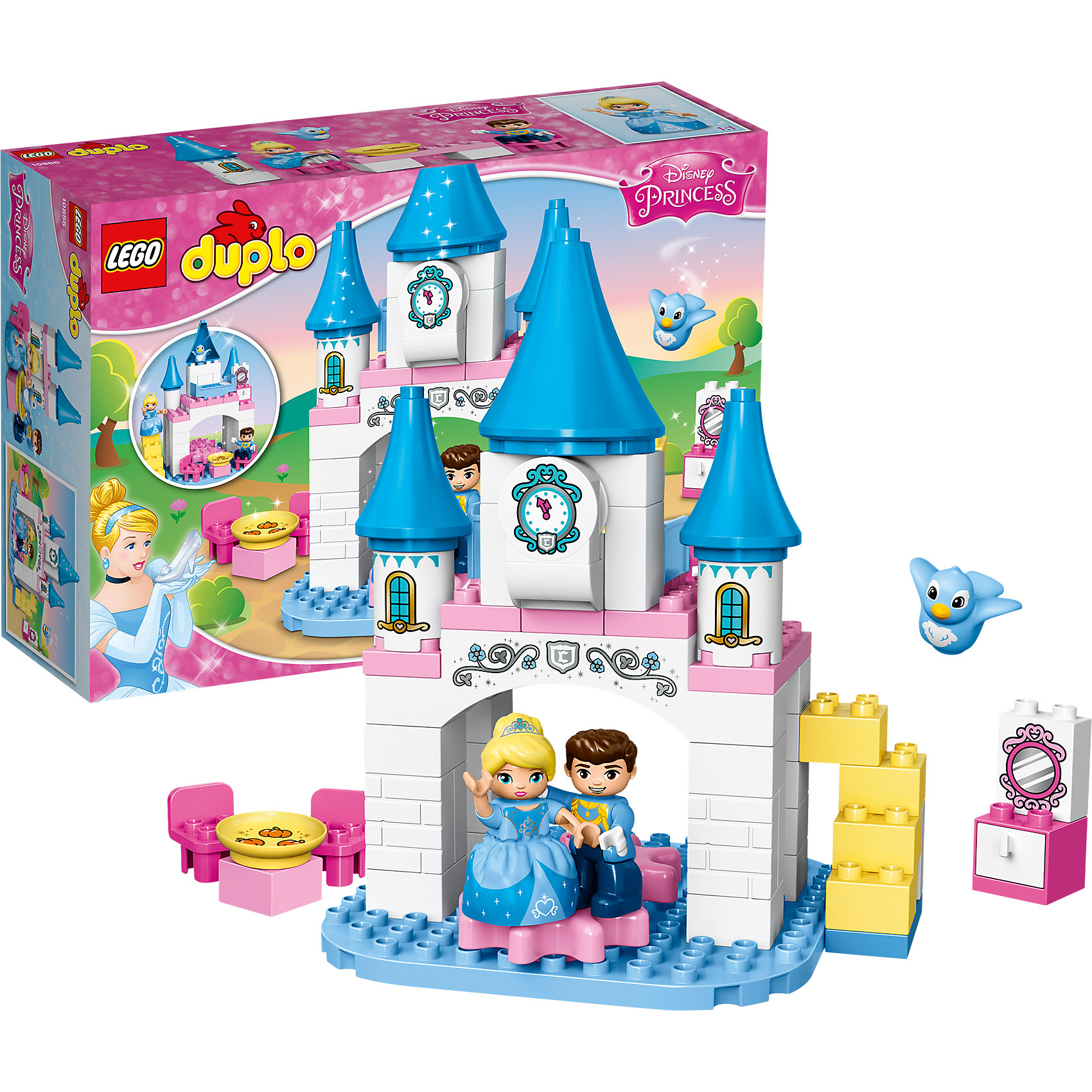 LEGO DUPLO 10855: Волшебный замок Золушки LEGO DUPLO 10855: Волшебный замок ЗолушкиПластмассовые конструкторы<br>LEGO DUPLO 10855: Волшебный замок Золушки<br><br>Характеристики:<br><br>- в набор входит: детали замка, фигурки Золушки, Принца и птички, аксессуары, красочная инструкция<br>- состав: пластик<br>- количество деталей: 56 <br>- размер упаковки: 38 * 12 * 26 см.<br>- размер замка без ступеней: 27 * 19 * 19 см.<br>- для детей в возрасте: от 2 до 5 лет<br>- Страна производитель: Дания/Китай/Чехия<br><br>Легендарный конструктор LEGO (ЛЕГО) представляет серию «DUPLO» (Д?пло) для самых маленьких строителей ЛЕГО от 2-х лет. Кубики этой серии в два раза больше обычных, так же как и фигурки. Серия позволяет ребёнку самостоятельно собирать наборы легкие в постройке и сосредоточенные на ситуациях из повседневной жизни, профессиях и любимых героях из мультфильмов. Замок прекрасной Золушки и Принца состоит из башенок, небольшого туалетного столика с открывающимся ящиком, двух стульев и стола для обеда и небольших ступенек. Детали замка рельефные и выглядят как кирпичики. Две розовые шестеренки предназначены для моделирования танца, когда ребенок будет крутить одну шестеренку, вторая тоже придет в движение. Фигурки Золушки и Принцы выполнены очень качественно, их костюмы отлично прорисованы, руки двигаются, фигурок можно сажать, а пышная юбка Золушки гибкая и сминается когда она сидит. Часы главной башни и щебечущая птичка напомнят героям о времени. Все детали набора легко собираются и в них можно играть почти сразу. Играя с конструктором ребенок развивает моторику рук, воображение и логическое мышление. Придумывайте новые игры с набором LEGO «DUPLO»!<br><br>Конструктор LEGO DUPLO 10855: Волшебный замок Золушки можно купить в нашем интернет-магазине.<br><br>Ширина мм: 383<br>Глубина мм: 266<br>Высота мм: 124<br>Вес г: 904<br>Возраст от месяцев: 24<br>Возраст до месяцев: 60<br>Пол: Женский<br>Возраст: Детский<br>SKU: 5002407
