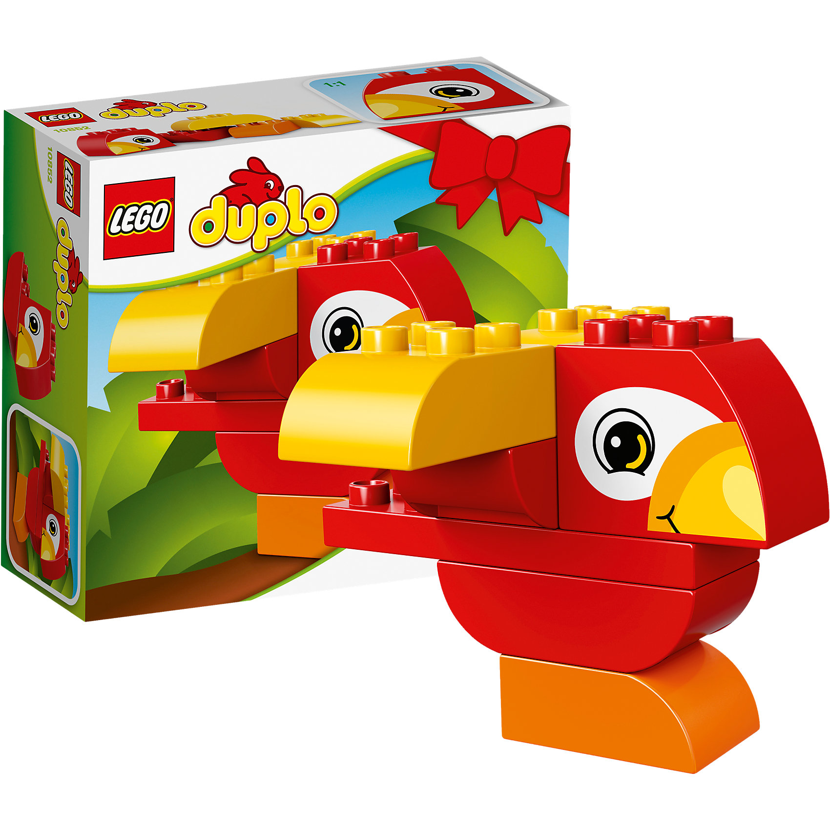 LEGO DUPLO 10852: Моя первая птичка LEGO DUPLO 10852: Моя первая птичкаПластмассовые конструкторы<br>LEGO DUPLO 10852: Моя первая птичка<br><br>Характеристики:<br><br>- в набор входит: детали птички, инструкция<br>- состав: пластик<br>- количество деталей: 7<br>- размер коробки: 15 * 1,5 * 6 см.<br>- для детей в возрасте: от 1,5 до 3 лет<br>- Страна производитель: Дания/Китай/Чехия/<br><br>Легендарный конструктор LEGO (ЛЕГО) представляет серию «DUPLO» (Д?пло) для самых маленьких. Крупные детали безопасны для малышей, а интересная тематика, возможность фантазировать, собирать из конструктора свои фигуры и играть в него приведут кроху в восторг! Этот небольшой набор сразу и игрушка и конструктор. Яркие и отлично детализированные детали выполнены из очень качественного пластика. Ребенок сможет собирать из них райских птичек, располагая крылья и хохолок по-разному. Детали набора подходят ко всем другим наборам серии DUPLO. Играя с этим конструктором ребенок сможет развить внимание, память, моторику ручек, а также творческие способности. <br><br>Конструктор LEGO DUPLO 10852: Моя первая птичка можно купить в нашем интернет-магазине.<br><br>Ширина мм: 159<br>Глубина мм: 144<br>Высота мм: 66<br>Вес г: 126<br>Возраст от месяцев: 12<br>Возраст до месяцев: 36<br>Пол: Унисекс<br>Возраст: Детский<br>SKU: 5002408