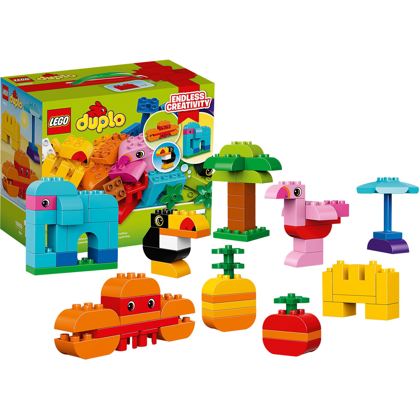 LEGO DUPLO 10853: Набор деталей для творческого конструирования LEGO DUPLO 10853: Набор деталей для творческого конструированияПластмассовые конструкторы<br>LEGO DUPLO 10853: Набор деталей для творческого конструирования<br><br>Характеристики:<br><br>- в набор входит: детали, инструкция<br>- состав: пластик<br>- количество деталей: 75<br>- размер коробки: 26 * 14 * 22 см.<br>- для детей в возрасте: от 1,5 до 5 лет<br>- Страна производитель: Дания/Китай/Чехия/<br><br>Легендарный конструктор LEGO (ЛЕГО) представляет серию «DUPLO» (Д?пло) для самых маленьких. Крупные детали безопасны для малышей, а интересная тематика, возможность фантазировать, собирать из конструктора свои фигуры и играть в него приведут кроху в восторг! Этот шикарный набор зовет ребенка в джунгли к экзотическим животным и пальмам. С помощью набора можно сконструировать даже слона! А еще тукана, фламинго, краба и не только. В набор входят детали для раскладного зонта от солнца. Яркие и отлично детализированные части выполнены из очень качественного пластика. Детали набора подходят ко всем другим наборам серии DUPLO. Играя с этим конструктором ребенок сможет развить внимание, память, моторику ручек, а также творческие способности. <br><br>Конструктор LEGO DUPLO 10853: Набор деталей для творческого конструирования можно купить в нашем интернет-магазине.<br><br>Ширина мм: 227<br>Глубина мм: 266<br>Высота мм: 147<br>Вес г: 894<br>Возраст от месяцев: 12<br>Возраст до месяцев: 60<br>Пол: Унисекс<br>Возраст: Детский<br>SKU: 5002409