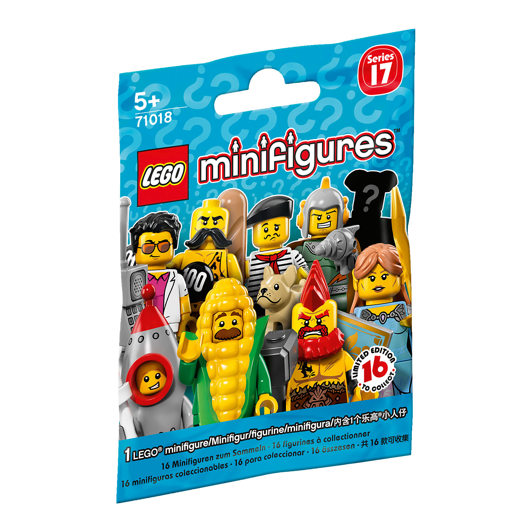 LEGO 71018: Минифигурки, серия 17 LEGO 71018: Минифигурки, серия 17Пластмассовые конструкторы<br>LEGO 71018: Минифигурки, серия 17<br><br>Характеристики:<br><br>- в набор входит: 1 минифигурка, демонстрационная пластина, коллекционная брошюра<br>- состав: пластик<br>- для детей в возрасте: от 5 до 14 лет<br>- Страна производитель: Дания/Китай/Чехия<br><br>Легендарный конструктор LEGO (ЛЕГО) представляет свои семнадцатую серию минифигурок – человечков ЛЕГО. <br><br>Каждая минифигурка подходит для игры с любым стандартным конструктором ЛЕГО (кроме серии LEGO Duplo). В индивидуальном пакетике скрыта одна из фигурок серии и нельзя заранее узнать какая именно. Если у вас уже есть наборы лего, то обновление человечков будет очень кстати, самые разнообразные фигурки привнесут много нового в игру. Все фигурки могут поворачивать головой, двигать руками и ногами, а также принимать сидячее положение. <br><br>Стандартные ручки минифигурок могут держать стандартные предметы ЛЕГО, некоторые минифигурки серии идут в комплекте с аксессуарами. Фигурки выглядят ярко, очень качественно проработаны в деталях и рисунках, некоторые имеют по два выражения лица. Сюрприз и игрушка ожидают вас с каждым таинственным пакетиком минифигурок ЛЕГО серии 17, какая именно попадется вам? Наполните свой лего-город новыми героями серии!<br><br>LEGO 71018: Минифигурки, серия 17 можно купить в нашем интернет-магазине.<br><br>Ширина мм: 116<br>Глубина мм: 88<br>Высота мм: 15<br>Вес г: 12<br>Возраст от месяцев: 60<br>Возраст до месяцев: 144<br>Пол: Унисекс<br>Возраст: Детский<br>SKU: 5002410