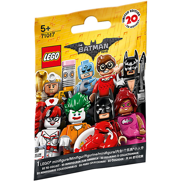 LEGO 71017: Минифигурки ЛЕГО Фильм: Бэтмен LEGO 71017: Минифигурки ЛЕГО Фильм: БэтменПластмассовые конструкторы<br>LEGO 71017: Минифигурки ЛЕГО Фильм: Бэтмен<br><br>Характеристики:<br>- в набор входит: 1 минифигурка, демонстрационная пластина, брошюра<br>- состав: пластик<br>- для детей в возрасте: от 5 до 14 лет<br>- Страна производитель: Дания/Китай/Чехия<br><br>Легендарный конструктор LEGO (ЛЕГО) представляет серию «Batman Movie» (Бэтмен Муви) по сюжету одноименного лего мультфильма. Серия понравится любителям комиксов DC и историй о Бэтмене. <br><br>В серию минифигурок вошли целых 20 персонажей. В каждой упаковке одна минифигурка-сюрпиз, какая именно попадется вам? Это могут быть: Дик Грейсон в очках, простом свитере и отпугивателем акул в руках (Робин, помощник Бетмена); Зодиак Мастер с аксессуарами; медсестра Харли Квин с историей болезни Джокера; Комиссар Гордон с рацией и листовкой о поиске опасного злодея Джокера; Мим, вооруженная двумя молниями; глэм-металл Бэтмен с электрогитарой, плащом, наплечниками и принтом летучей мыши на маске; новый злодей Калькулятор; Человек-Касатка; <br><br>доисторичейский Бэтмен с коричневым плащом и внушительной дубиной; Кэтмен с металлическими когтями; злодей Красный Колпак с бластерами; Бэтмен Фея в розовой пачке с крылышками и с волшебной палочкой; Бэтгёрл сила розового в розовой юбочке, розовом плаще и с розовым бэторангом; король-фараон Тут с посохом в виде кобры и змеей в руках; Марч Харриет в головном уборе в виде кролика и с оружием в руках; Бэтмен на отдыхе в плавательных очках, надувном круге и съемных ластах; Джокер из лечебницы Аркхэм; Барбара Гордон в униформе с наручниками и кнопкой бетсигнала; преступник Стиратель с головой в виде ластика и злым планом по удалению; любитель лобстеров Бэтмен в роскошном халате и с лобстером на тарелке в руке. Наполните свой лего-город героями из «Batman Movie» (Бэтмен Муви)!<br><br>LEGO 71017: Минифигурки ЛЕГО Фильм: Бэтмен можно купить в нашем интернет-магазине.<br><br>Ширина мм: 114<br>Глубина мм: 90<br>Высота мм: 17<br>Вес г: 8<br>Возраст от месяцев: 60<br>Возраст до месяцев: 144<br>Пол: Унисекс<br>Возраст: Детский<br>SKU: 5002411