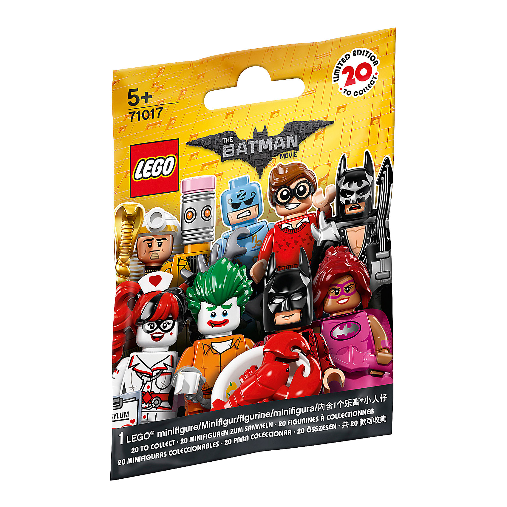 LEGO 71017: Минифигурки ЛЕГО Фильм: Бэтмен LEGO 71017: Минифигурки ЛЕГО Фильм: БэтменПластмассовые конструкторы<br>LEGO 71017: Минифигурки ЛЕГО Фильм: Бэтмен<br><br>Характеристики:<br>- в набор входит: 1 минифигурка, демонстрационная пластина, брошюра<br>- состав: пластик<br>- для детей в возрасте: от 5 до 14 лет<br>- Страна производитель: Дания/Китай/Чехия<br><br>Легендарный конструктор LEGO (ЛЕГО) представляет серию «Batman Movie» (Бэтмен Муви) по сюжету одноименного лего мультфильма. Серия понравится любителям комиксов DC и историй о Бэтмене. <br><br>В серию минифигурок вошли целых 20 персонажей. В каждой упаковке одна минифигурка-сюрпиз, какая именно попадется вам? Это могут быть: Дик Грейсон в очках, простом свитере и отпугивателем акул в руках (Робин, помощник Бетмена); Зодиак Мастер с аксессуарами; медсестра Харли Квин с историей болезни Джокера; Комиссар Гордон с рацией и листовкой о поиске опасного злодея Джокера; Мим, вооруженная двумя молниями; глэм-металл Бэтмен с электрогитарой, плащом, наплечниками и принтом летучей мыши на маске; новый злодей Калькулятор; Человек-Касатка; <br><br>доисторичейский Бэтмен с коричневым плащом и внушительной дубиной; Кэтмен с металлическими когтями; злодей Красный Колпак с бластерами; Бэтмен Фея в розовой пачке с крылышками и с волшебной палочкой; Бэтгёрл сила розового в розовой юбочке, розовом плаще и с розовым бэторангом; король-фараон Тут с посохом в виде кобры и змеей в руках; Марч Харриет в головном уборе в виде кролика и с оружием в руках; Бэтмен на отдыхе в плавательных очках, надувном круге и съемных ластах; Джокер из лечебницы Аркхэм; Барбара Гордон в униформе с наручниками и кнопкой бетсигнала; преступник Стиратель с головой в виде ластика и злым планом по удалению; любитель лобстеров Бэтмен в роскошном халате и с лобстером на тарелке в руке. Наполните свой лего-город героями из «Batman Movie» (Бэтмен Муви)!<br><br>LEGO 71017: Минифигурки ЛЕГО Фильм: Бэтмен можно купить в нашем интернет-магазине.<br><br>Ширина мм: 114<br>Глубина мм: 90<br>Высота мм: 17<br>Вес г: 8<br>Возраст от месяцев: 60<br>Возраст до месяцев: 144<br>Пол: Унисекс<br>Возраст: Детский<br>SKU: 5002411