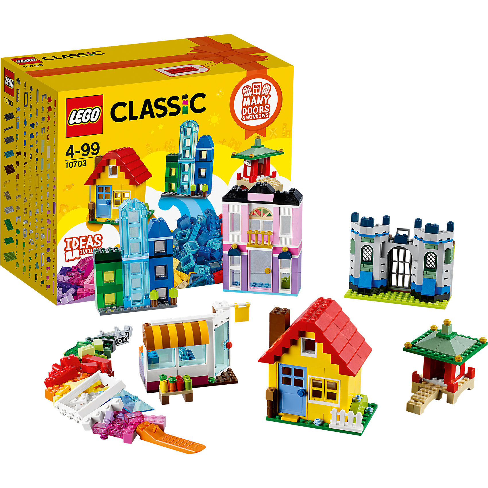 LEGO Classic 10703: Набор для творческого конструирования LEGO Classic 10703: Набор для творческого конструированияПластмассовые конструкторы<br>LEGO Classic 10703: Набор для творческого конструирования<br><br>Характеристики:<br><br>- в набор входит: детали зданий, аксессуары, красочная инструкция<br>- состав: пластик<br>- количество деталей: 502 <br>- размер упаковки: 26 * 14 * 22 см.<br>- для детей в возрасте: от 4 лет<br>- Страна производитель: Дания/Китай/Чехия<br><br>Легендарный конструктор LEGO (ЛЕГО) представляет серию «Classic» (Классик), предназначенную для свободного конструирования. В наборы этой серии включены разнообразные детали, позволяющие строить в свое удовольствие и на свое усмотрение. Данный набор посвящен постройке зданий, в него входит более 9 типов различных окон, четыре типа дверей и блоки двенадцати цветов для постройки дома своей мечты. Набор предлагает сооружать постройку магазина, городских зданий, замка принцессы или серьезного рыцарского замка, постройки в китайском стиле и классический домик, который можно открывать и поселить в него маленьких кукол (в наборе отсутствуют). Для реалистичности в набор добавлены детали аксессуары в виде овощей и фруктов для магазина, небольшой детали ограды для домика, вывески-флажка, прозрачных пластиковых деталей для постройки стеклянного дома, небольших деталек золотого цвета для замка принцессы, рельефный деталей в виде кирпичей для замка рыцаря, детали своды для построек восточного стиля. Воплотите в жизнь свои идеи с помощью набора LEGO «Classic»!<br><br>Конструктор LEGO Classic 10703: Набор для творческого конструирования можно купить в нашем интернет-магазине.<br><br>Ширина мм: 266<br>Глубина мм: 220<br>Высота мм: 144<br>Вес г: 909<br>Возраст от месяцев: 48<br>Возраст до месяцев: 144<br>Пол: Унисекс<br>Возраст: Детский<br>SKU: 5002413
