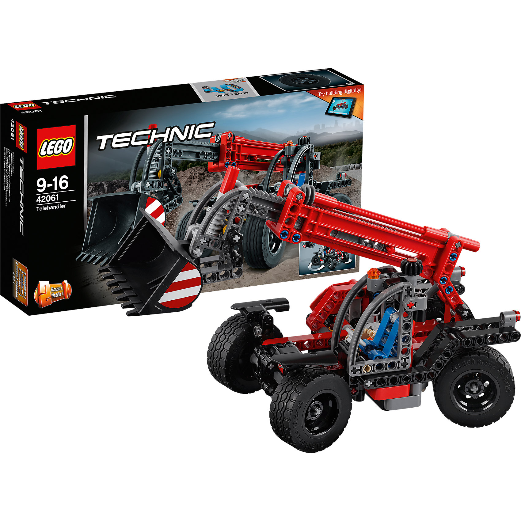 LEGO Technic 42061: Телескопический погрузчик LEGO Technic 42061: Телескопический погрузчикПластмассовые конструкторы<br>LEGO Technic 42061: Телескопический погрузчик<br><br>Характеристики:<br><br>- в набор входит: детали погрузчика, наклейки, инструкция по сборке<br>- состав: пластик<br>- количество деталей: 260<br>- приблизительное время сборки: 30 мин.<br>- размер упаковки: 35 * 7 * 19 см.<br>- размер погрузчика: 25,5 * 11 * 12 см.<br>- для детей в возрасте: от 9 до 16 лет<br>- Страна производитель: Дания/Китай/Чехия<br><br>Легендарный конструктор LEGO (ЛЕГО) представляет серию «Technic», которая бросает вызов уже опытным строителям ЛЕГО. Ваш ребенок может строить продвинутые модели с реальными функциями, такими как коробки передач и системы рулевого управления. В набор включена уникальная деталь, посвященная сорокалетию серии. Наслаждайтесь строительством реалистичного погрузчика с четырьмя поворачивающимися и регулируемыми колесами. <br><br>Детализированная открытая кабина с рулем и креслом для рабочего понравится фанатам моделей. Новые механизмы и новые детали этого набора позволяют ковшу подниматься, выдвигаться вперед и медленно опрокидывать его содержимое. Система поворота колес имеет интересный цепной механизм, регулируемый одним рычагом сразу четыре колеса, маневренность погрузчика значительно увеличивается за счет этого механизма. Телескопический погрузчик перестраивается в еще одну модель – экскаватор, обе модели имеют дополнительные объемные интерактивные инструкции на вебсайте ЛЕГО. <br><br>Играя с конструктором ребенок развивает моторику рук, воображение и логическое мышление, научится собирать по инструкции и создавать свои модели. Принимайте новые вызовы по сборке моделей и придумывайте новые истории с набором LEGO «Technic»!<br><br>Конструктор LEGO Technic 42061: Телескопический погрузчик можно купить в нашем интернет-магазине.<br><br>Ширина мм: 356<br>Глубина мм: 192<br>Высота мм: 76<br>Вес г: 573<br>Возраст от месяцев: 108<br>Возраст до месяцев: 192<br>Пол: Мужской<br>Возраст: Детский<br>SKU: 5002414