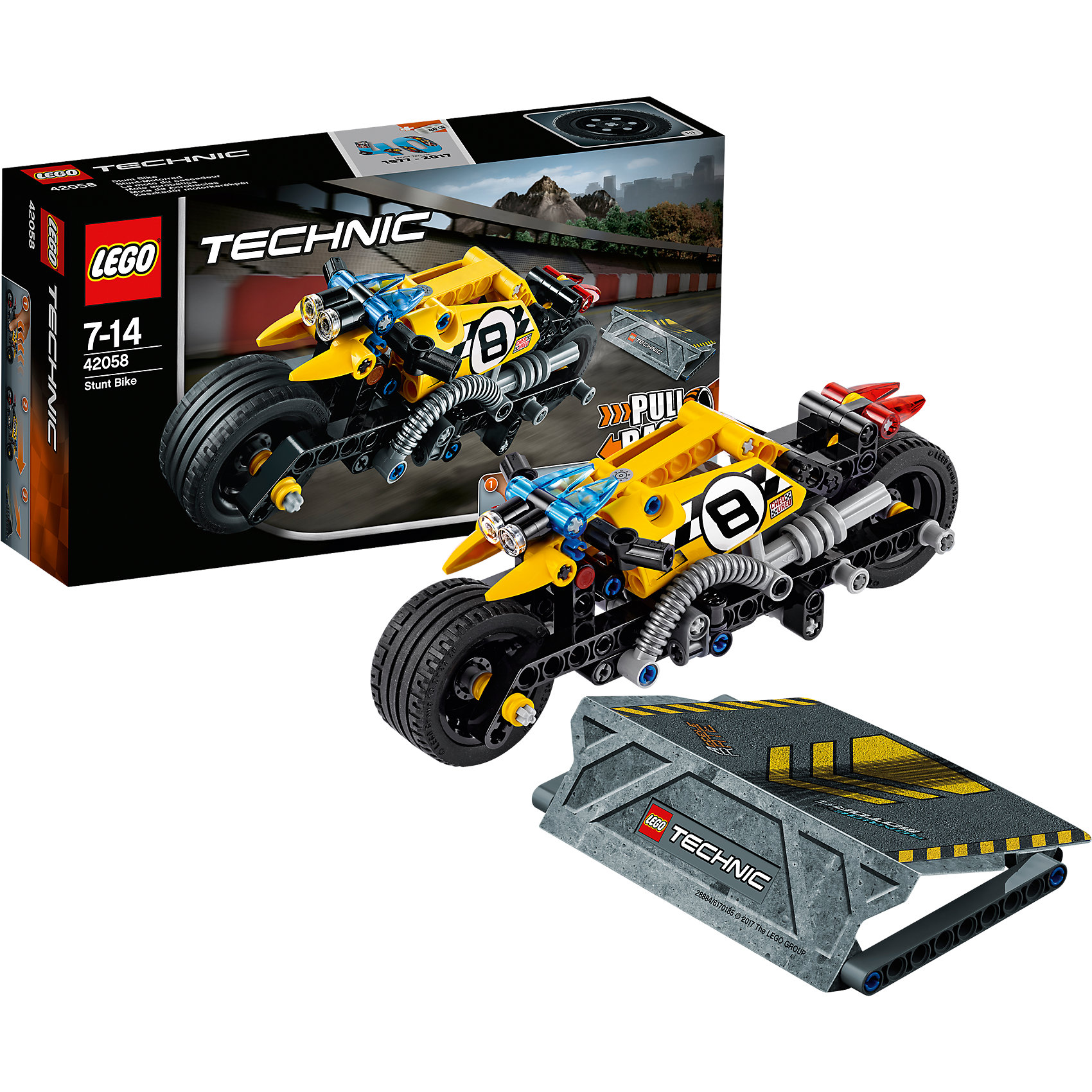 LEGO Technic 42058: Мотоцикл для трюков LEGO Technic 42058: Мотоцикл для трюковПластмассовые конструкторы<br>LEGO Technic 42058: Мотоцикл для трюков<br><br>Характеристики:<br><br>- в набор входит: детали мотоцикла и рампы, наклейки, инструкция по сборке<br>- состав: пластик<br>- количество деталей: 140<br>- приблизительное время сборки: 25 мин.<br>- размер мотоцикла: 18 * 7 * 7 см.<br>- размер рампы: 9 * 12 * 2 см.<br>- для детей в возрасте: от 7 до 14 лет<br>- Страна производитель: Дания/Китай/Чехия<br><br>Легендарный конструктор LEGO (ЛЕГО) представляет серию «Technic», которая бросает вызов уже опытным строителям ЛЕГО. Ваш ребенок может строить продвинутые модели с реальными функциями, такими как коробки передач и системы рулевого управления. В набор включена уникальная деталь, посвященная сорокалетию серии. <br><br>Наслаждайтесь строительством нового трюкового мотоцикла с заводным механизмом, позволяющим ему разгоняться за счет завода и спрыгивать с рампы из набора. Высоту переднего колеса можно регулировать, а маленькие декоративные детали делают вид мотоцикла еще более реалистичным. Сборная рампа оснащена небольшими прорезиненными детали, благодаря чему она не сдвигается при исполнении трюков. Набор комбинируется с LEGO Technic 42059: Трюковой грузовик. <br><br>Играя с конструктором ребенок развивает моторику рук, воображение и логическое мышление, научится собирать по инструкции и создавать свои модели. Принимайте новые вызовы по сборке моделей и придумывайте новые истории с набором LEGO «Technic»!<br><br>Конструктор LEGO Technic 42058: Мотоцикл для трюков можно купить в нашем интернет-магазине.<br><br>Ширина мм: 265<br>Глубина мм: 144<br>Высота мм: 66<br>Вес г: 265<br>Возраст от месяцев: 84<br>Возраст до месяцев: 168<br>Пол: Мужской<br>Возраст: Детский<br>SKU: 5002416
