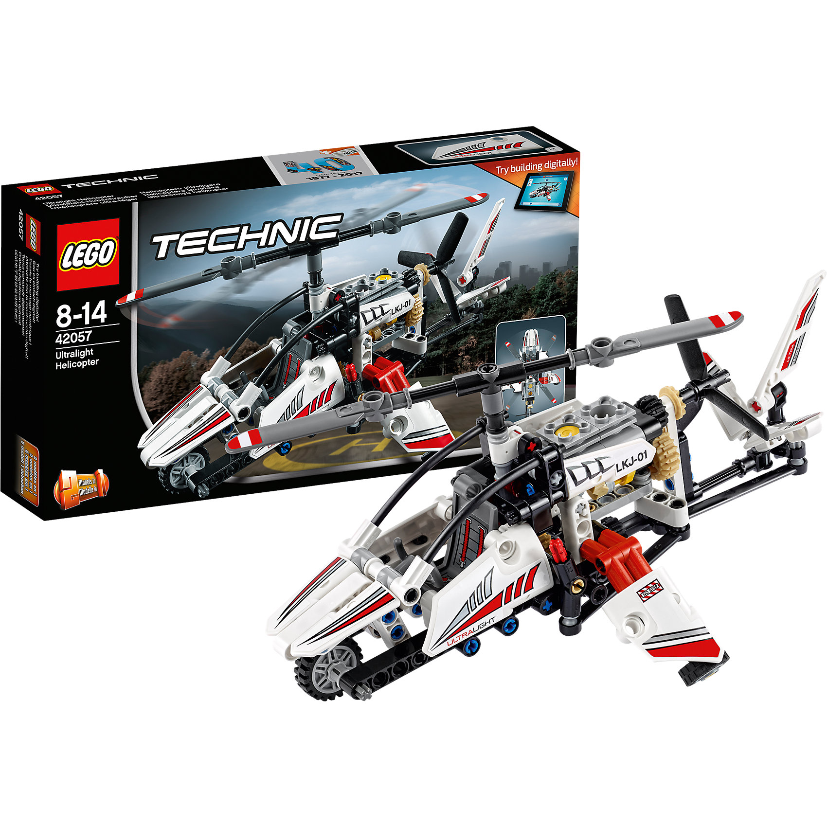 LEGO Technic 42057: Сверхлёгкий вертолёт LEGO Technic 42057: Сверхлёгкий вертолётПластмассовые конструкторы<br>LEGO Technic 42057: Сверхлёгкий вертолёт<br><br>Характеристики:<br><br>- в набор входит: детали вертолёта, наклейки, инструкция по сборке<br>- состав: пластик<br>- количество деталей: 199<br>- приблизительное время сборки: 40 мин.<br>- размер вертолёта: 25 * 12 * 18 см.<br>- размер самолёта: 25 * 12 * 18 см.<br>- для детей в возрасте: от 8 до 14 лет<br>- Страна производитель: Дания/Китай/Чехия<br><br>Легендарный конструктор LEGO (ЛЕГО) представляет серию «Technic», которая бросает вызов уже опытным строителям ЛЕГО. <br><br>Ваш ребенок может строить продвинутые модели с реальными функциями, такими как коробки передач и системы рулевого управления. В набор включена деталь, посвященная сорокалетию серии. Наслаждайтесь строительством нового одноместного сверхлёгкого вертолета с открытой кабиной, а также крутящимися верхними и боковыми лопастями. Эта реалистичная модель необычного вертолёта может быть перестраивается в экспериментальный самолёт и обе модели имеют дополнительные объемные интерактивные инструкции на веб-сайте ЛЕГО. <br><br>Очень детализированнные наклейки корпуса и кабины пилота добавляют реалистичности вертолёту. Боковые и верхние лопасти крутятся благодаря механизму с шестерёнками, в вертолете так же имитируется работа двигателя. Направляющий хвост вертолёта двигается с помощью дополнительного механизма. Отличное сочетание функций и количества деталей позволит играть сразу с двумя моделями. <br><br>Играя с конструктором ребенок развивает моторику рук, воображение и логическое мышление, научится собирать по инструкции и создавать свои модели. Принимайте новые вызовы по сборке моделей и придумывайте новые истории с набором LEGO «Technic»!<br><br>Конструктор LEGO Technic 42057: Сверхлёгкий вертолёт можно купить в нашем интернет-магазине.<br><br>Ширина мм: 264<br>Глубина мм: 142<br>Высота мм: 53<br>Вес г: 293<br>Возраст от месяцев: 96<br>Возраст до месяцев: 168<br>Пол: Мужской<br>Возраст: Детский<br>SKU: 5002417