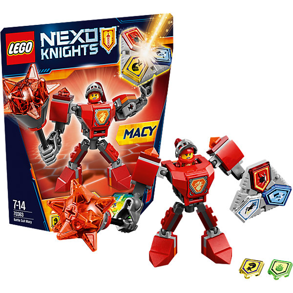 LEGO NEXO KNIGHTS 70363: Боевые доспехи Мэйси LEGO NEXO KNIGHTS 70363: Боевые доспехи МэйсиПластмассовые конструкторы<br>LEGO NEXO KNIGHTS 70363: Боевые доспехи Мэйси<br><br>Характеристики:<br><br>- в набор входит: доспехи, фигурка, 5 защитных сил, красочная инструкция<br>- состав: пластик<br>- количество деталей: 66<br>- размер коробки: 20 * 5,5 * 19 см.<br>- высота доспеха: 9 см.<br>- для детей в возрасте: от 7 до 14 лет<br>- Страна производитель: Дания/Китай/Чехия<br><br>Легендарный конструктор LEGO (ЛЕГО) представляет серию «NEXO KNIGHTS» (Нэксо Найтс) по сюжету одноименного мультсериала. Серия понравится любителям средневековья благодаря рыцарям, принцессам, монстрам и ужасным злодеям. Рыцарь-девушка Мейси получила свои новые боевые доспехи. Прекрасное сочетание темно-серого, красного и оранжевого цветов отлично ей подходят. Доспех на шарнирах и позволяет свободно двигать руками и ногами в плечах, локтях, коленях, бедрах и торсе. Прочный щит содержит сразу три силы, а мощная и яркая булава с прозрачными деталями станет отличной помощницей в битве. Изображенный на груди герб Мейси является особенностью доспеха. Фигурка Мейси входит в комплект и отлично детализирована. Съемный шлем выглядит очень правдоподобно, а забрало поднимается и опускается. К доспеху можно будет прикрепить детали LEGO NEXO KNIGHTS, которые выйдут во втором полугодии 2017 года. Помогай рыцарям бороться с каменными монстрами с помощью прогресса и невероятной Нексо силы!<br><br>Конструктор LEGO NEXO KNIGHTS 70363: Боевые доспехи Мэйси можно купить в нашем интернет-магазине.<br><br>Ширина мм: 209<br>Глубина мм: 185<br>Высота мм: 50<br>Вес г: 125<br>Возраст от месяцев: 84<br>Возраст до месяцев: 168<br>Пол: Мужской<br>Возраст: Детский<br>SKU: 5002427