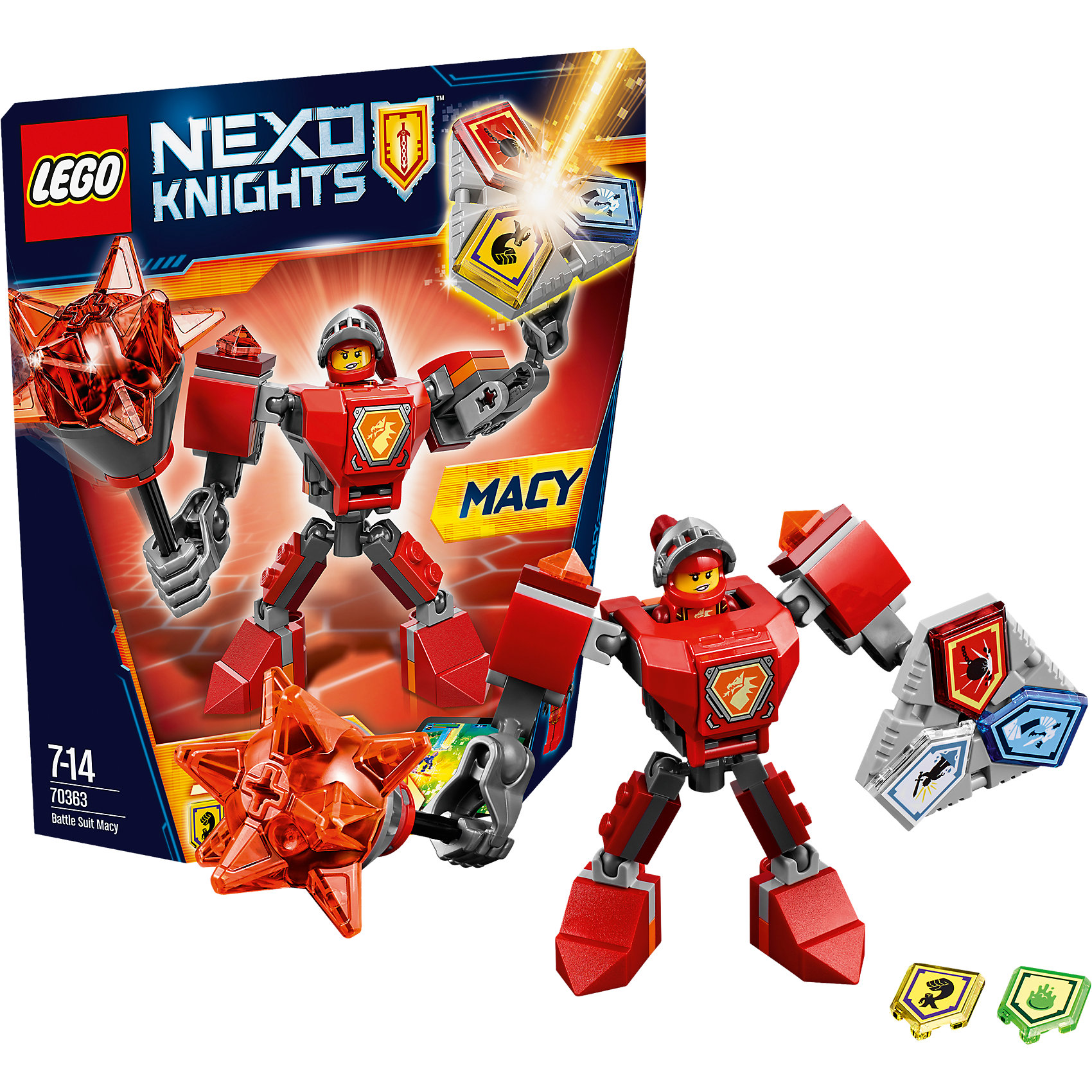 LEGO NEXO KNIGHTS 70363: Боевые доспехи Мэйси LEGO NEXO KNIGHTS 70363: Боевые доспехи МэйсиПластмассовые конструкторы<br>LEGO NEXO KNIGHTS 70363: Боевые доспехи Мэйси<br><br>Характеристики:<br><br>- в набор входит: доспехи, фигурка, 5 защитных сил, красочная инструкция<br>- состав: пластик<br>- количество деталей: 66<br>- размер коробки: 20 * 5,5 * 19 см.<br>- высота доспеха: 9 см.<br>- для детей в возрасте: от 7 до 14 лет<br>- Страна производитель: Дания/Китай/Чехия<br><br>Легендарный конструктор LEGO (ЛЕГО) представляет серию «NEXO KNIGHTS» (Нэксо Найтс) по сюжету одноименного мультсериала. Серия понравится любителям средневековья благодаря рыцарям, принцессам, монстрам и ужасным злодеям. Рыцарь-девушка Мейси получила свои новые боевые доспехи. Прекрасное сочетание темно-серого, красного и оранжевого цветов отлично ей подходят. Доспех на шарнирах и позволяет свободно двигать руками и ногами в плечах, локтях, коленях, бедрах и торсе. Прочный щит содержит сразу три силы, а мощная и яркая булава с прозрачными деталями станет отличной помощницей в битве. Изображенный на груди герб Мейси является особенностью доспеха. Фигурка Мейси входит в комплект и отлично детализирована. Съемный шлем выглядит очень правдоподобно, а забрало поднимается и опускается. К доспеху можно будет прикрепить детали LEGO NEXO KNIGHTS, которые выйдут во втором полугодии 2017 года. Помогай рыцарям бороться с каменными монстрами с помощью прогресса и невероятной Нексо силы!<br><br>Конструктор LEGO NEXO KNIGHTS 70363: Боевые доспехи Мэйси можно купить в нашем интернет-магазине.<br><br>Ширина мм: 208<br>Глубина мм: 182<br>Высота мм: 50<br>Вес г: 119<br>Возраст от месяцев: 84<br>Возраст до месяцев: 168<br>Пол: Мужской<br>Возраст: Детский<br>SKU: 5002427