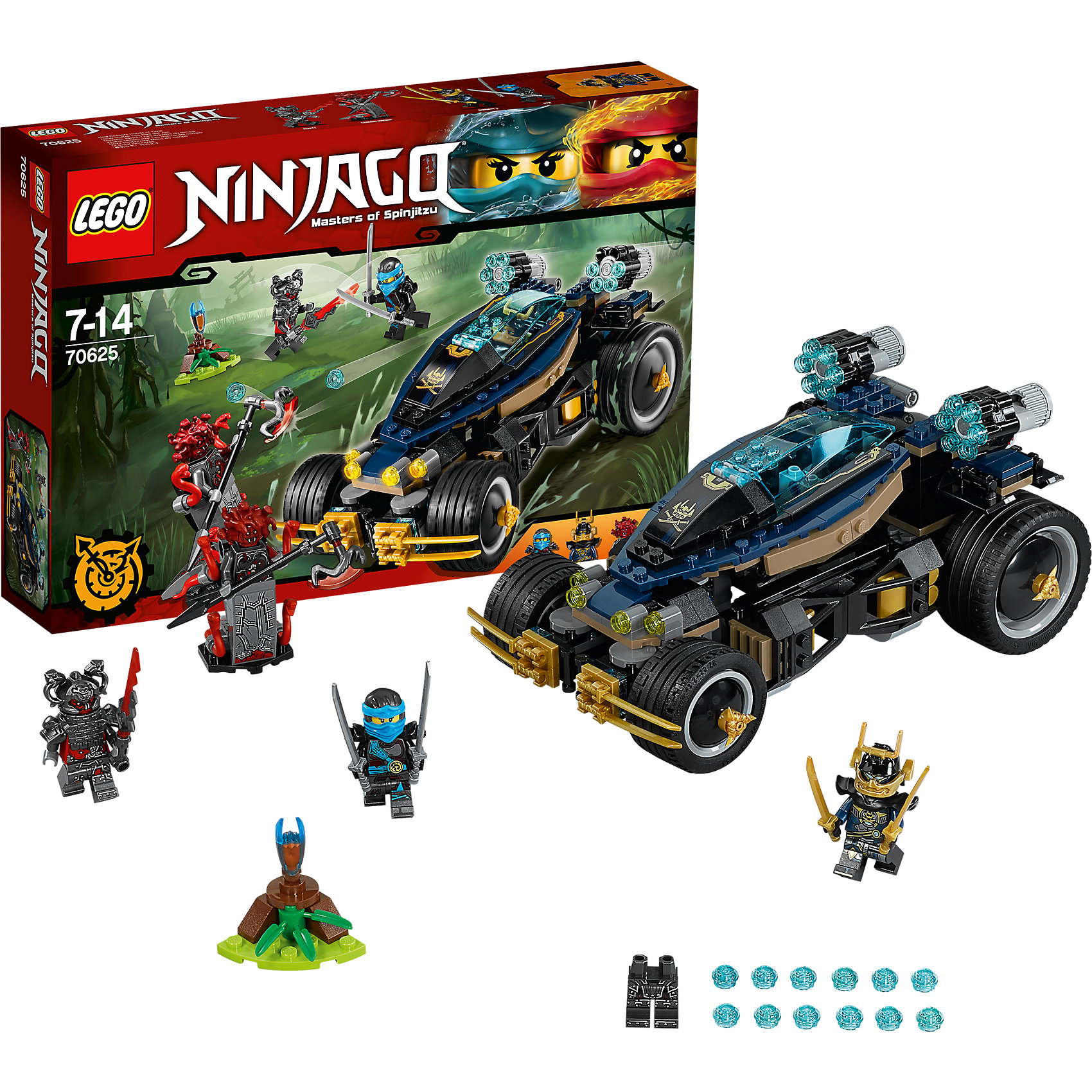 LEGO NINJAGO 70625: Самурай VXL LEGO NINJAGO 70625: Самурай VXLПластмассовые конструкторы<br>LEGO NINJAGO 70625: Самурай VXL<br><br>Характеристики:<br><br>- в набор входит: детали машины и подставки, 4 минифигурки, 1 клинок времени, аксессуары, красочная инструкция по сборке<br>- минифигурки набора: Самурай Икс, Ния, Риветт, генерал Макиа<br>- состав: пластик<br>- количество деталей: 428<br>- примерное время сборки: 40 мин.<br>- размер самурая VXL: 20 * 10 * 13 см. <br>- размер подставки: 3 * 3 * 3 см.<br>- для детей в возрасте: от 7 до 14 лет<br>- Страна производитель: Дания/Китай/Чехия<br><br>Легендарный конструктор LEGO (ЛЕГО) представляет серию «NINJAGO» (Ниндзяго) - это увлекательный мир воинов ниндзя против зла. Ребенку понравятся разнообразие приключений и возможности новых игр. <br><br>Самурай Икс представлен в доспехе с золотыми элементами, золотыми катанами и в своем новом костюме, у самурая два выражения лица. Фигурка Нии в голубо-сером костюме тоже отлично проработана, у нее есть наплечники и ножны для оружия за спиной. Злодей Риветт в тяжелом доспехе и с мощным мечом и тяжелым шлемом выглядит устрашающе. Генерал Вермиллионов Макиа окружен змеями и выглядит очень внушающие благодаря своему размеру, в руках у него мощный топор. Его объемная прическа состоит из змей, в комплект входят обычные ноги и вариант с хвостом. <br><br>Транспортное средство Самурай VXL оснащено большими шестиснарядными пушками стреляющими с помощью механизмов, кабина машины открывается. Колеса оснащены поворотным механизмом для более мягких поворотов, они поворачиваются при наклоне кабины. К клинку времени выпущена подставка. Помоги ниндзям победить Алую армию! <br><br>Играя с конструктором ребенок развивает моторику рук, воображение и логическое мышление, научится собирать по инструкции и создавать свои модели. Придумывайте новые истории любимых героев с набором LEGO «NINJAGO»!<br><br>Конструктор LEGO NINJAGO 70625: Самурай VXL можно купить в нашем интернет-магазине.<br><br>Ширина мм: 384<br>Глубина мм: 264<br>Высота мм: 73<br>Вес г: 656<br>Возраст от месяцев: 84<br>Возраст до месяцев: 168<br>Пол: Мужской<br>Возраст: Детский<br>SKU: 5002429