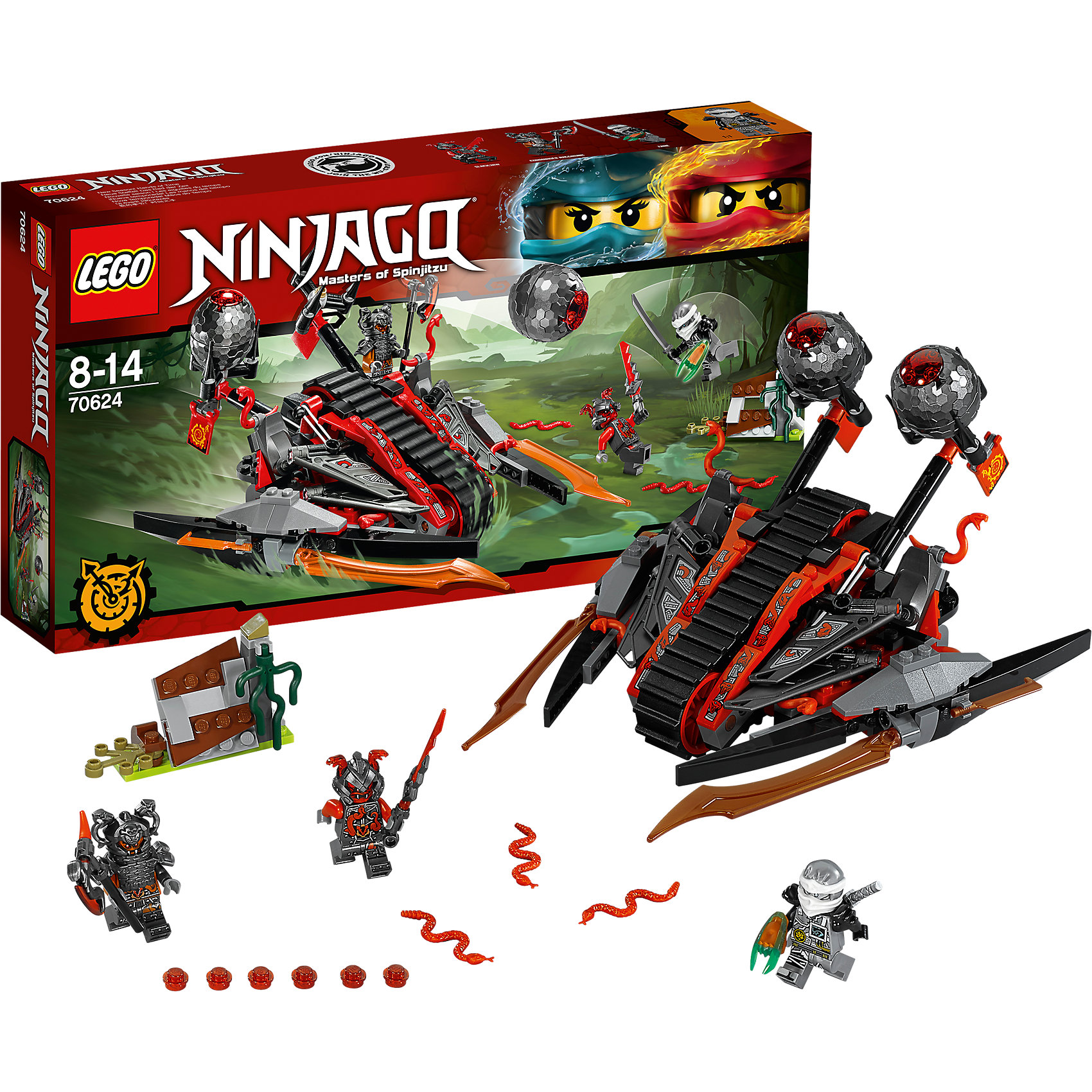 LEGO NINJAGO 70624: Алый захватчик LEGO NINJAGO 70624: Алый захватчикПластмассовые конструкторы<br>LEGO NINJAGO 70624: Алый захватчик<br><br>Характеристики:<br><br>- в набор входит: детали захватчика, барьера, 3 минифигурки, 1 клинок времени, аксессуары, красочная инструкция по сборке<br>- минифигурки набора: Зейн, командир Рагмунг, Слэкджо<br>- состав: пластик<br>- количество деталей: 313<br>- размер захватчика: 22 * 13 * 19 см. <br>- размер барьера: 7 * 3 * 5 см.<br>- для детей в возрасте: от 8 до 14 лет<br>- Страна производитель: Дания/Китай/Чехия<br><br>Легендарный конструктор LEGO (ЛЕГО) представляет серию «NINJAGO» (Ниндзяго) - это увлекательный мир воинов ниндзя против зла. Ребенку понравятся разнообразие приключений и возможности новых игр. <br><br>Зейн представлен в своем новом, более детализированном кимоно, его серебряные цвета и необыкновенная маска ему очень идут, на нем наплечники и ножны для его серебряной катаны. Злодей командир Рагмунг представлен в тяжелом доспехе, на его шлеме расположены две змеи, под доспехами фигурка разрисована и все еще выглядит угрожающе, у фигурки два выражения лица. Второй злодей, Слэкджо, выступает в объемном шлеме и с большим мечом, у него также два лица. <br><br>Захватчик Алой армии вооружен до зубов, по бокам расположены устрашающие клинки, сзади две катапульты заряженные яйцами вермиллионов. Захватчик передвигается по болотам с помощью гусеницы посередине, в кабину вмещаются две минифигурки, на захватчике висят флаги Алой армии. Регулируемый барьер состоит из разных элементов, симулирующих природу. Помоги Зейну применить клинок времени и победить злодеев Алой армии. <br><br>Играя с конструктором ребенок развивает моторику рук, воображение и логическое мышление, научится собирать по инструкции и создавать свои модели. Придумывайте новые истории любимых героев с набором LEGO «NINJAGO»!<br><br>Конструктор LEGO NINJAGO 70624: Алый захватчик можно купить в нашем интернет-магазине.<br><br>Ширина мм: 355<br>Глубина мм: 189<br>Высота мм: 64<br>Вес г: 460<br>Возраст от месяцев: 96<br>Возраст до месяцев: 168<br>Пол: Мужской<br>Возраст: Детский<br>SKU: 5002430