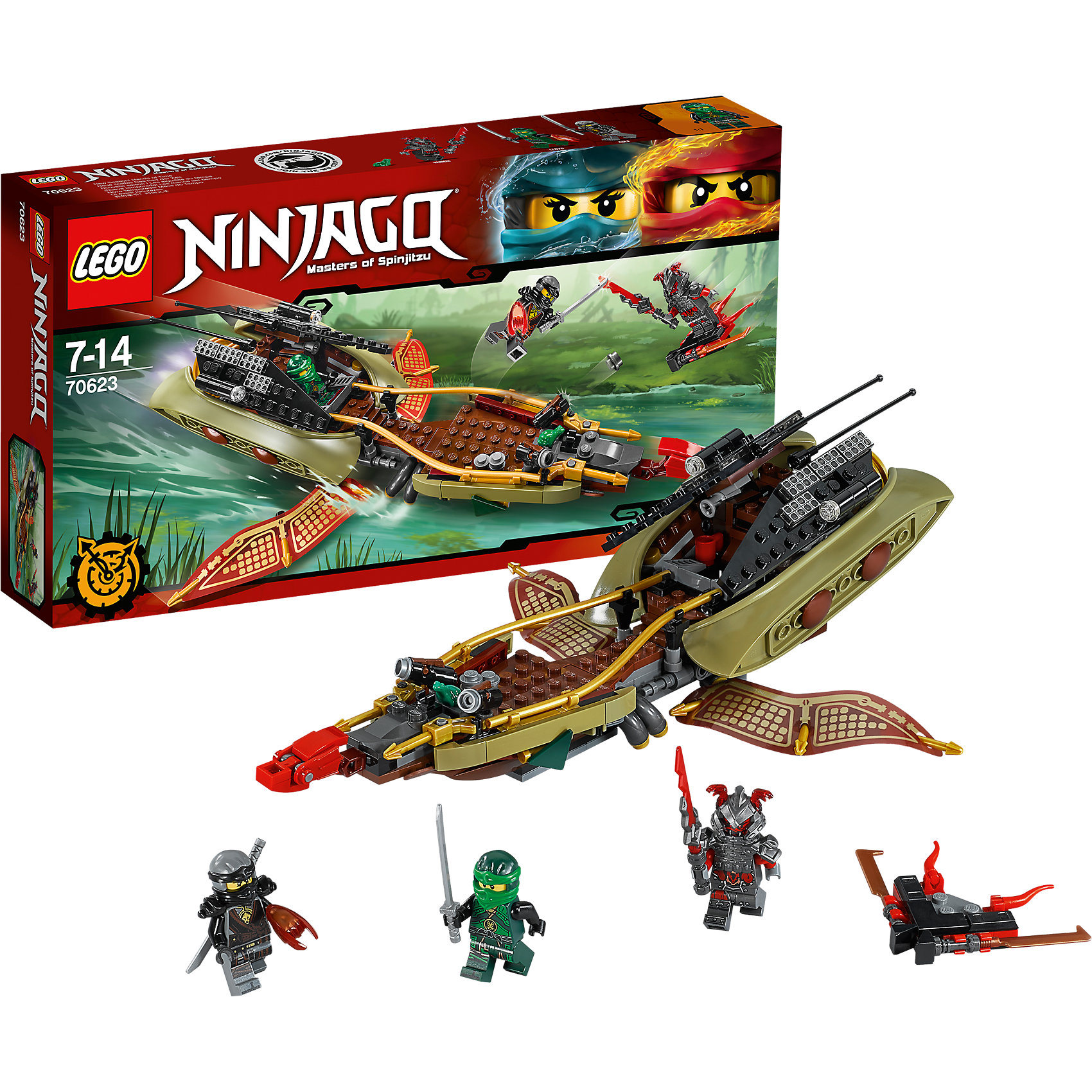 LEGO NINJAGO 70623: Тень судьбы LEGO NINJAGO 70623: Тень судьбыПластмассовые конструкторы<br>LEGO NINJAGO 70623: Тень судьбы<br><br>Характеристики:<br><br>- в набор входит: детали тени судьбы и летающего плота, 3 минифигурки, 1 клинок времени, аксессуары, инструкция по сборке<br>- минифигурки набора: Вермалион Вермин, Коул, Ллойд<br>- состав: пластик<br>- количество деталей: 360<br>- размер тени судьбы : 30 * 8 * 10 см. <br>- размер тени судьбы в режиме полета: 30 * 8 * 23 см.<br>- для детей в возрасте: от 8 до 14 лет<br>- Страна производитель: Дания/Китай/Чехия<br><br>Легендарный конструктор LEGO (ЛЕГО) представляет серию «NINJAGO» (Ниндзяго) - это увлекательный мир воинов ниндзя против зла. Ребенку понравятся разнообразие приключений и возможности новых игр. <br><br>Фигурка ниндзи Коула в своем новом дизайне, он разрисован спереди, на ногах и сзади, в руках держит катану и клинок, останавливающий время, у фигурки два выражения лица. Фигурка Ллойда отлично проработана в салатово-зеленых цветах. Фигурка злодея Вермина представлена в мощном доспехе и шлеме, он держит новый клинок и у него два выражения лица. Летающий плот злодея оснащен клинками и выглядит опасно. <br><br>Корабль тень судьбы предназначен для плавания по болотам, с помощью спускового механизма раскрываются два крыла, превращая корабль в летательный аппарат. На корме корабля расположена голова дракона и две пушки, стреляющие снарядами. Золотые бортики добавляют безопасности пассажирам, в капитанской рубке есть место для двух минифигурок. Пульт управления хорошо детализирован. К кораблю присоединены два каноэ с веслами, в которых могут плавать ниндзя. Помоги отважным ниндзя пройти через болото и покончить со злодеем. <br><br>Играя с конструктором ребенок развивает моторику рук, воображение и логическое мышление, научится собирать по инструкции и создавать свои модели. Придумывайте новые истории любимых героев с набором LEGO «NINJAGO»!<br><br>Конструктор LEGO NINJAGO 70623: Тень судьбы можно купить в нашем интернет-магазине.<br><br>Ширина мм: 353<br>Глубина мм: 195<br>Высота мм: 63<br>Вес г: 485<br>Возраст от месяцев: 84<br>Возраст до месяцев: 168<br>Пол: Мужской<br>Возраст: Детский<br>SKU: 5002431