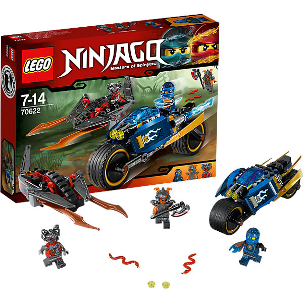 LEGO NINJAGO 70622: Пустынная молния LEGO NINJAGO 70622: Пустынная молнияПластмассовые конструкторы<br>LEGO NINJAGO 70622: Пустынная молния<br><br>Характеристики:<br><br>- в набор входит: детали двух транспортных средств, 3 минифигурки, 1 клинок времени, аксессуары, красочная инструкция по сборке<br>- минифигурки набора: Джей, командир Бланк, Таннин<br>- состав: пластик<br>- количество деталей: 201<br>- размер Пустынной молнии: 15 * 5 * 6 см. <br>- размер машины вермиллионов: 18 * 6 * 8 см.<br>- для детей в возрасте: от 7 до 14 лет<br>- Страна производитель: Дания/Китай/Чехия<br><br>Легендарный конструктор LEGO (ЛЕГО) представляет серию «NINJAGO» (Ниндзяго) - это увлекательный мир воинов ниндзя против зла. Ребенку понравятся разнообразие приключений и возможности новых игр. <br><br>Джей представлен в своем новом, более детализированном кимоно, его синие цвета и необыкновенная маска ему очень идут. Злодей командир Бланк представлен в тяжелом доспехе, на его шлеме расположены две змеи, под доспехами фигурка разрисована и все еще выглядит угрожающе, у фигурки два выражения лица. Второй злодей, Таннин, выступает в объемном шлеме и с большим топором, у него также два лица. Пустынная молния Джея представлена в тон его костюма, на мотоцикле расположены две фронтальные пушки, стреляющие снарядами. Из выхлопных труб вырываются синие языки пламени. По бокам мотоцикл защищен золотыми клинками. Ниндзя вооружен клинком времени. <br><br>Транспортное средство злодеев двигается на гусенице, расположенной посередине. Спереди два длинных бронзовых клинка, средство может расправлять крылья и превращаться в летательный аппарат. Возле кабаны две красные устрашающие змеи. Помоги Джею применить клинок времени и победить злодеев Алой армии. <br><br>Играя с конструктором ребенок развивает моторику рук, воображение и логическое мышление, научится собирать по инструкции и создавать свои модели. Придумывайте новые истории любимых героев с набором LEGO «NINJAGO»!<br><br>Конструктор LEGO NINJAGO 70622: Пустынная молния можно купить в нашем интернет-магазине.<br><br>Ширина мм: 265<br>Глубина мм: 190<br>Высота мм: 50<br>Вес г: 279<br>Возраст от месяцев: 84<br>Возраст до месяцев: 168<br>Пол: Мужской<br>Возраст: Детский<br>SKU: 5002432