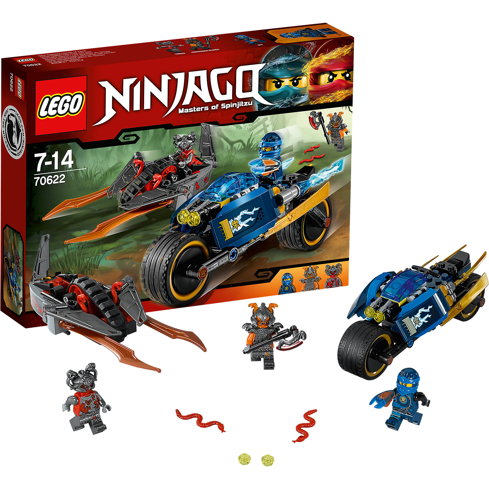 LEGO NINJAGO 70622: Пустынная молния LEGO NINJAGO 70622: Пустынная молнияПластмассовые конструкторы<br>LEGO NINJAGO 70622: Пустынная молния<br><br>Характеристики:<br><br>- в набор входит: детали двух транспортных средств, 3 минифигурки, 1 клинок времени, аксессуары, красочная инструкция по сборке<br>- минифигурки набора: Джей, командир Бланк, Таннин<br>- состав: пластик<br>- количество деталей: 201<br>- размер Пустынной молнии: 15 * 5 * 6 см. <br>- размер машины вермиллионов: 18 * 6 * 8 см.<br>- для детей в возрасте: от 7 до 14 лет<br>- Страна производитель: Дания/Китай/Чехия<br><br>Легендарный конструктор LEGO (ЛЕГО) представляет серию «NINJAGO» (Ниндзяго) - это увлекательный мир воинов ниндзя против зла. Ребенку понравятся разнообразие приключений и возможности новых игр. <br><br>Джей представлен в своем новом, более детализированном кимоно, его синие цвета и необыкновенная маска ему очень идут. Злодей командир Бланк представлен в тяжелом доспехе, на его шлеме расположены две змеи, под доспехами фигурка разрисована и все еще выглядит угрожающе, у фигурки два выражения лица. Второй злодей, Таннин, выступает в объемном шлеме и с большим топором, у него также два лица. Пустынная молния Джея представлена в тон его костюма, на мотоцикле расположены две фронтальные пушки, стреляющие снарядами. Из выхлопных труб вырываются синие языки пламени. По бокам мотоцикл защищен золотыми клинками. Ниндзя вооружен клинком времени. <br><br>Транспортное средство злодеев двигается на гусенице, расположенной посередине. Спереди два длинных бронзовых клинка, средство может расправлять крылья и превращаться в летательный аппарат. Возле кабаны две красные устрашающие змеи. Помоги Джею применить клинок времени и победить злодеев Алой армии. <br><br>Играя с конструктором ребенок развивает моторику рук, воображение и логическое мышление, научится собирать по инструкции и создавать свои модели. Придумывайте новые истории любимых героев с набором LEGO «NINJAGO»!<br><br>Конструктор LEGO NINJAGO 70622: Пустынная молния можно купить в нашем интернет-магазине.<br><br>Ширина мм: 264<br>Глубина мм: 190<br>Высота мм: 48<br>Вес г: 296<br>Возраст от месяцев: 84<br>Возраст до месяцев: 168<br>Пол: Мужской<br>Возраст: Детский<br>SKU: 5002432
