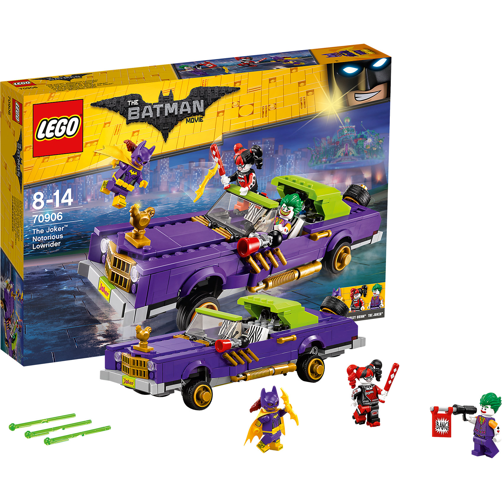 LEGO Batman Movie70906: Лоурайдер Джокера LEGO Batman Movie70906: Лоурайдер ДжокераПластмассовые конструкторы<br>LEGO Batman Movie 70906: Лоурайдер Джокера<br><br>Характеристики:<br><br>- в набор входит: машина, 3 фигурки, аксессуары, красочная инструкция<br>- минифигурки набора: Харли Квин, Джокер, Бэтгёрл<br>- состав: пластик<br>- количество деталей: 433<br>- размер коробки: 38 * 6 * 26 см.<br>- размер машины: 24 * 7 * 8 см.<br>- примерное время сборки: 60 мин.<br>- для детей в возрасте: от 8 до 14 лет<br>- Страна производитель: Дания/Китай/Чехия<br><br>Легендарный конструктор LEGO (ЛЕГО) представляет серию «Batman Movie» (Бэтмен Муви) по сюжету одноименного лего мультфильма. Серия понравится любителям комиксов DC и историй о Бэтмене. <br><br>Красивая модель лоурайера Джокера обладает отличным функционалом для игры, а также будет хорошо смотреться на полке коллекционеров серии. Прекрасно детализированные фигурки набора имеют по два выражения лица, яркие краски и уникальные прически, выпущенные специально для набора этой серии. <br><br>В аксессуары входит оружие Джокера – пистолет с флагом и надписью «Бэнг», бейсбольная бита Харли Квин, а также её роликовые коньки, желтый плащ Бэтгёрл, её боевой пояс и желтый бэторанг. Сам лоурайдер подобран под цвета злодея Джокера: фиолетовый, золотой и яркий салатовый. На капоте машины расположена золотая курица, а на номерах имеется наклейка «Джокер». <br><br>Машина максимально приближена к оригинальной модели, она оснащена стерео системой, дворниками, фарами, решеткой и аксессуарами. Гибкая подвеска лоурайдера может подниматься и опускаться благодаря специальному механизму, можно поднять левую сторону или правую, машина в таком виде может передвигаться под наклоном. Яркие кресла можно отгибать. Багажник открывается, обнаруживая две пружинные ракеты, в набор входит дополнительная ракета. Помоги Бэтгёрл остановить преступную парочку и восстановить порядок в Готем-сити!<br><br>Конструктор LEGO Batman Movie 70906: Лоурайдер Джокера можно купить в нашем интернет-магазине.<br><br>Ширина мм: 382<br>Глубина мм: 266<br>Высота мм: 63<br>Вес г: 584<br>Возраст от месяцев: 96<br>Возраст до месяцев: 168<br>Пол: Мужской<br>Возраст: Детский<br>SKU: 5002434