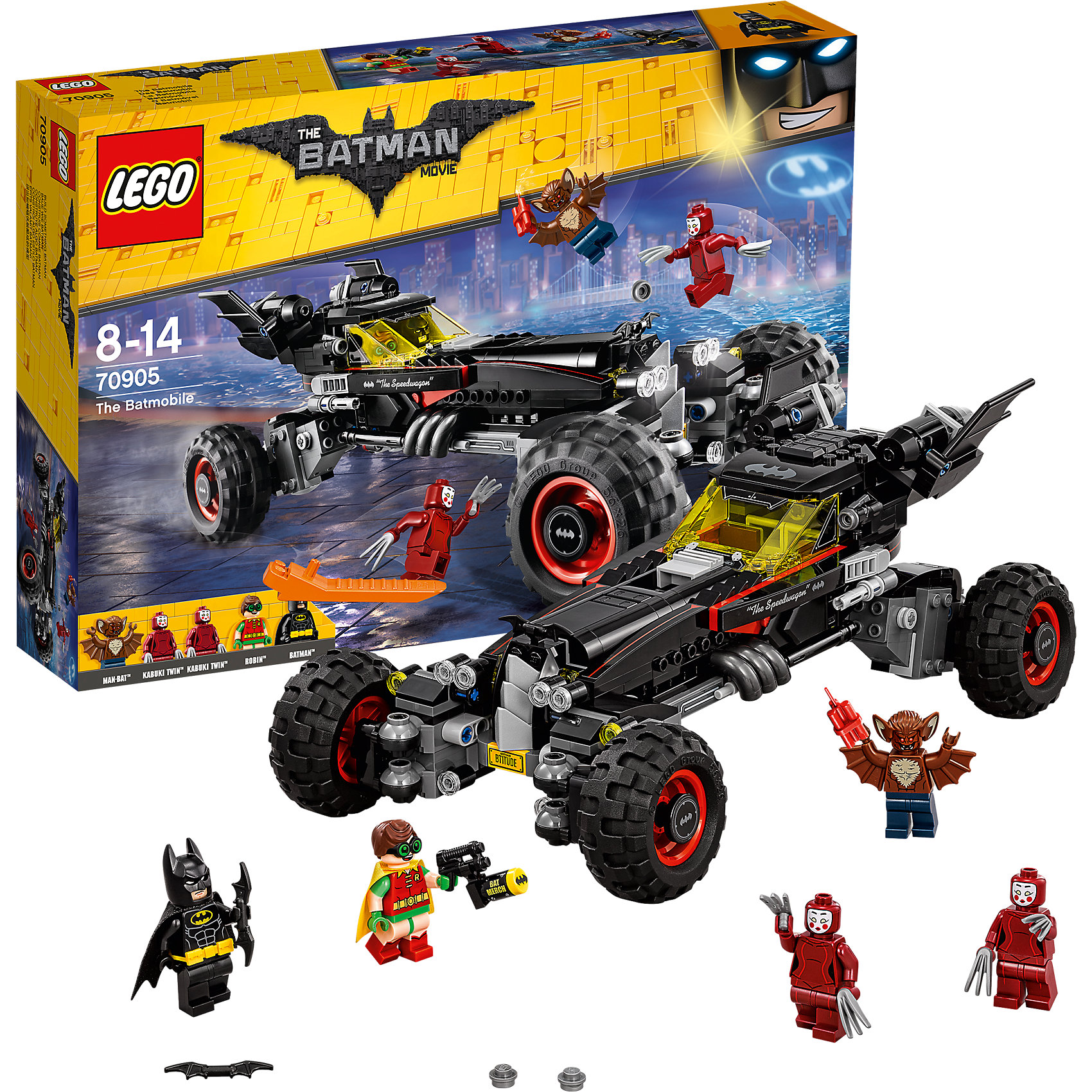 LEGO Batman Movie 70905: Бэтмобиль LEGO Batman Movie 70905: БэтмобильПластмассовые конструкторы<br>LEGO Batman Movie 70905: Бэтмобиль<br><br>Характеристики:<br><br>- в набор входит: детали Бэтмобиля, 5 минифигурок, аксессуары, красочная инструкция<br>- минифигурки набора: Бэтмен, Робин, Мэн-Бет, 2 мима Кабуки<br>- состав: пластик<br>- количество деталей: 581 <br>- размер Бэтмобиля: 29 * 10 * 15 см.<br>- примерное время сборки: 60 мин.<br>- для детей в возрасте: от 9 до 14 лет<br>- Страна производитель: Дания/Китай/Чехия<br><br>Легендарный конструктор LEGO (ЛЕГО) представляет серию «Batman Movie» (Бэтмен Муви) по сюжету одноименного лего мультфильма. Серия понравится любителям комиксов DC и историй о Бэтмене. <br><br>Большой Бэтмобиль с декоративными деталями выглядит очень реалистично. Бэтмобиль оснащен двумя боковыми пушками, стреляющими снарядами. Кабина с желтой прозрачной деталью открывается, на капоте небольшая летучая мышь. Автомобиль превращается во внедорожник, его подвеска увеличивается в четыре раза и бэтмобиль становится еще более устрашающим, сами колеса могут поворачиваться для параллельной парковки. Сзади бэтмобиля расположены мощные турбины. <br><br>В набор входят сразу пять минифигурок. Бэтмен отлично проработан, на нем черный тканевый плащ и отдельный желтый пояс, его напарник, Робин, тоже в плаще, на нем яркий красно-зеленый супергеройский костюм. <br><br>Против Бэтмена выступает Мен-Бэт с крыльями на руках и отлично проработанной прической и ушами, с ним в банде два мима Кабуки с тройными лезвия в руках. Опасная троица стремится захватить Готем-сити. Помоги Бэтмену и Робину остановить преступников и восстановить порядок в Готем-сити вместе с набором серии «Batman Movie»<br><br>Конструктор LEGO Batman Movie 70905: Бэтмобиль можно купить в нашем интернет-магазине.<br><br>Ширина мм: 382<br>Глубина мм: 266<br>Высота мм: 76<br>Вес г: 889<br>Возраст от месяцев: 96<br>Возраст до месяцев: 168<br>Пол: Мужской<br>Возраст: Детский<br>SKU: 5002435