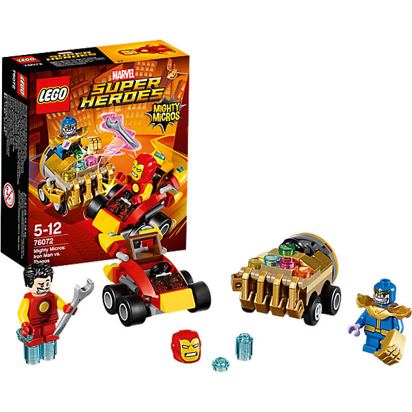LEGO Super Heroes 76072: Mighty Micros: Железный человек против Таноса LEGO Super Heroes 76072: Mighty Micros: Железный человек против ТаносаПластмассовые конструкторы<br>LEGO Super Heroes 76072: Mighty Micros: Железный Человек против Таноса<br><br>Характеристики:<br><br>- в набор входит: детали двух транспортных средств, 2 минифигурки; аксессуары; инструкция по сборке<br>- минифигурки набора: Железный Человек, Танос<br>- состав: пластик<br>- количество деталей: 94<br>- размер машины Железного человека: 5 * 4 * 3 см.<br>- размер машины Таноса: 5 * 5 * 3 см.<br>- для детей в возрасте: от 5 до 12 лет<br>- Страна производитель: Дания/Китай/Чехия<br><br>Легендарный конструктор LEGO (ЛЕГО) представляет серию «Super Heroes» (Супер герои) по сюжетам фильмов и мультфильмов о супергероях. Этот набор понравится любителям комиксов Marvel, мультфильмов и фильмов о Железном Человеке. <br><br>Фигурки набора выглядят ярко, очень качественно проработаны, в их разработке были использованы уникальные детали не встречающиеся в других наборах. Железный Человек имеет отдельно шлем и прическу, которые можно менять, чтобы не скрывать личность Тони Старка, а также голубые детали костюма изображающие синие языки пламени. В набор входит и гаечный ключ, ведь Железный Человек построил свою машину сам. <br><br>В своем противостоянии соперники сели за руль машин, создав невероятные сцены погони и битвы. Скоростная машина Железного Человека оснащена дополнительными турбинами для скорости. Машина злодея Таноса выглядит как большой кулак, пальца кулака разгибаются, машина оснащена множеством неизвестных кнопок. Помоги Железному Человеку одержать верх над Таносом! <br><br>Играя с конструктором ребенок развивает моторику рук, воображение и логическое мышление, научится собирать по инструкции и создавать свои модели. Придумывайте новые истории любимых героев с набором LEGO «Super Heroes»!<br><br>Конструктор LEGO Super Heroes 76072: Mighty Micros: Железный Человек против Таноса можно купить в нашем интернет-магазине.<br><br>Ширина мм: 145<br>Глубина мм: 121<br>Высота мм: 50<br>Вес г: 86<br>Возраст от месяцев: 60<br>Возраст до месяцев: 144<br>Пол: Мужской<br>Возраст: Детский<br>SKU: 5002437