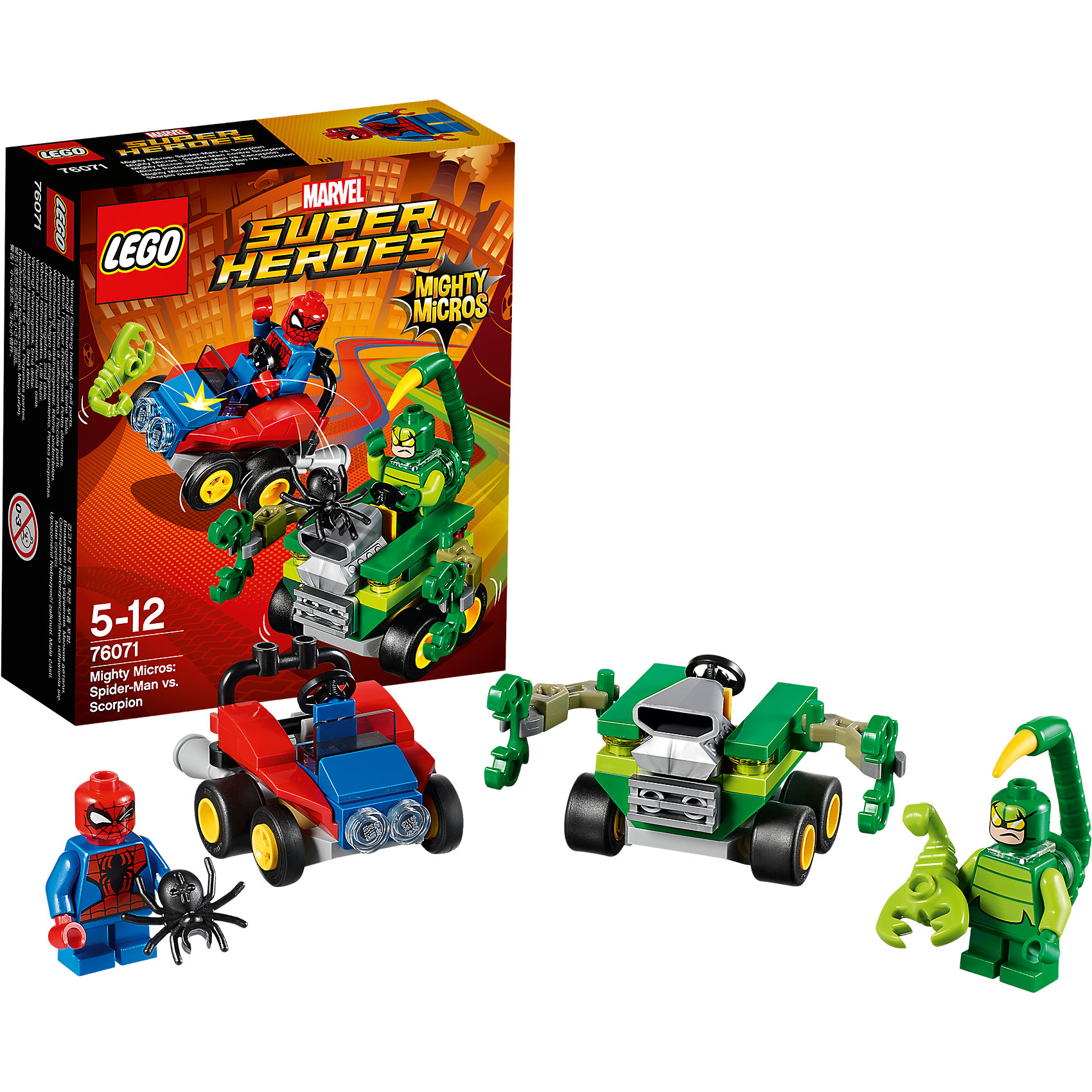 LEGO Super Heroes 76071: Mighty Micros: Человек-паук против Скорпиона LEGO Super Heroes 76071: Mighty Micros: Человек-паук против СкорпионаПластмассовые конструкторы<br>LEGO Super Heroes 76071: Mighty Micros: Человек-паук против Скорпиона<br><br>Характеристики:<br><br>- в набор входит: детали двух транспортных средств, 2 минифигурки; аксессуары; инструкция по сборке<br>- минифигурки набора: Человек-паук, Скорпион<br>- состав: пластик<br>- количество деталей: 79 <br>- размер машины Человека-паука: 5 * 3 * 4 см.<br>- размер машины Скорпиона: 6 * 5 * 5 см.<br>- для детей в возрасте: от 5 до 12 лет<br>- Страна производитель: Дания/Китай/Чехия<br><br>Легендарный конструктор LEGO (ЛЕГО) представляет серию «Super Heroes» (Супер герои) по сюжетам фильмов и мультфильмов о супергероях. Этот набор понравится любителям комиксов Marvel, мультфильмов и фильмов о Человеке-пауке. <br><br>Фигурки набора выглядят ярко, очень качественно проработаны, в их разработке были использованы уникальные детали не встречающиеся в других наборах. В своем противостоянии соперники сели за руль машин, создав невероятные сцены погони и битвы. <br><br>Машина Скорпиона оснащена двумя движущимися руками с жалящими скорпионами и выглядит очень опасно. Сам Скорпион готов ужалить Человека-паука в любой момент и хочет подкинуть в кабину живого скорпиона, которого держит в руке. Человек-паук уверен в своих силах и прыгает за руль своей машины с маленьким, но мощным мотором. Он припас несколько сюрпризов для Скорпиона. Помоги Человеку-пауку одержать верх над Скорпионом! <br><br>Играя с конструктором ребенок развивает моторику рук, воображение и логическое мышление, научится собирать по инструкции и создавать свои модели. Придумывайте новые истории любимых героев с набором LEGO «Super Heroes»!<br><br>Конструктор LEGO Super Heroes 76071: Mighty Micros: Человек-паук против Скорпиона можно купить в нашем интернет-магазине.<br><br>Ширина мм: 143<br>Глубина мм: 122<br>Высота мм: 50<br>Вес г: 84<br>Возраст от месяцев: 60<br>Возраст до месяцев: 144<br>Пол: Мужской<br>Возраст: Детский<br>SKU: 5002438