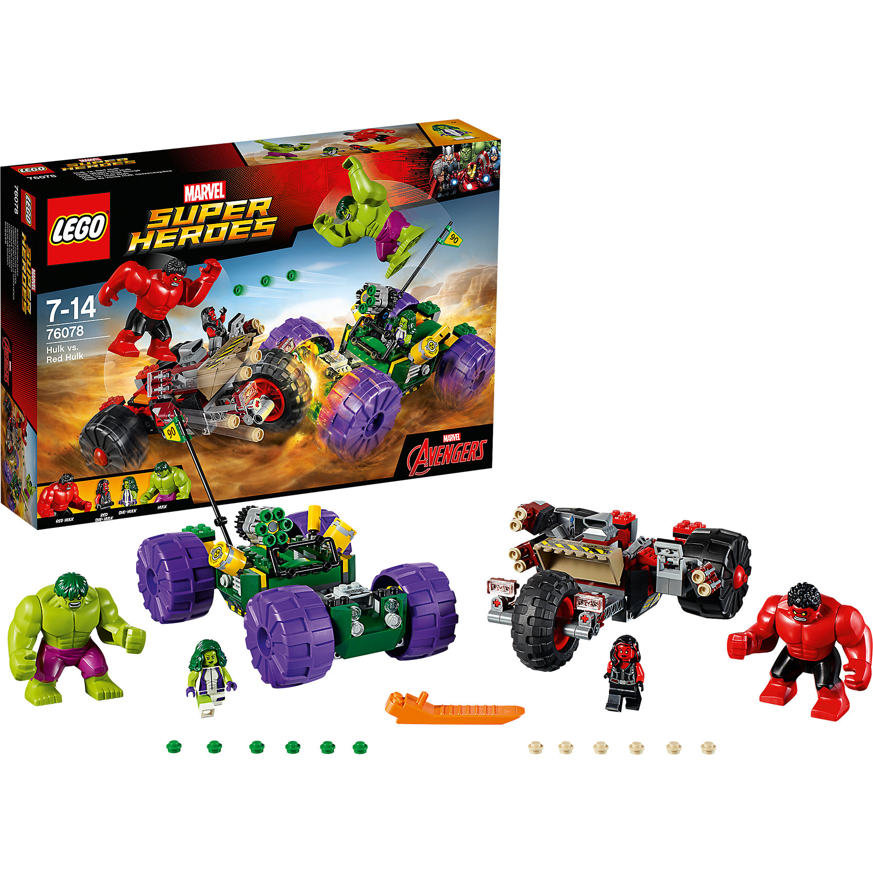 LEGO Super Heroes 76078: Халк против Красного Халка LEGO Super Heroes 76078: Халк против Красного ХалкаПластмассовые конструкторы<br>LEGO Super Heroes 76078: Халк против Красного Халка<br><br>Характеристики:<br><br>- в набор входит: детали двух транспортных средств, 2 Халка, 2 минифигурки, книга комиксов аксессуары, инструкция по сборке<br>- минифигурки набора: женщина-Халк, Красная женщина-Халк<br>- состав: пластик<br>- количество деталей: 375<br>- размер упаковки: 14 * 12 * 5 см.<br>- размер внедорожника Халка: 19 * 11 * 14 см.<br>- размер внедорожника Красного Халка: 19 * 7 * 14 см.<br>- для детей в возрасте: от 7 до 14 лет<br>- Страна производитель: Дания/Китай/Чехия<br><br>Легендарный конструктор LEGO (ЛЕГО) представляет серию «Marvel Super Heroes» (Супер герои) по сюжетам фильмов и мультфильмов о супергероях. Этот набор понравится любителям комиксов Marvel, мультфильмов и фильмов о Халке. <br><br>Две минифигурки набора выглядят потрясающе со своими рельефными и реалистичными прическами, комбинированным пластиком разных цветов и отличными рисунками на теле и на ногах фигурок, обе минифигурки имеют по два выражения лица. Большие фигурки набора выглядят ярко, очень качественно проработаны, в их разработке были использованы уникальные детали не встречающиеся в других наборах. <br><br>В своем противостоянии соперники сели за руль машин, создав невероятные сцены погони и битвы. Каждая из машин оснащена заводным механизмом и движется самостоятельно, при столкновении двух машин Халки выпрыгивают друг на друга в битве. Машина Красного Халка оснащена шестью пушками, стреляющими снарядами с помощью механизма, в машине Зеленого Халка установлена шестиснарядная пушка, также с механизмом стрельбы. Оба внедорожника готовы сразиться на любом поле боя, но кто же победит? Решать тебе! <br><br>Играя с конструктором ребенок развивает моторику рук, воображение и логическое мышление, научится собирать по инструкции и создавать свои модели. Придумывайте новые истории любимых героев с набором LEGO «Marvel Super Heroes»!<br><br>Конструктор LEGO Super Heroes 76078: Халк против Красного Халка можно купить в нашем интернет-магазине.<br><br>Ширина мм: 386<br>Глубина мм: 263<br>Высота мм: 76<br>Вес г: 819<br>Возраст от месяцев: 84<br>Возраст до месяцев: 168<br>Пол: Мужской<br>Возраст: Детский<br>SKU: 5002439