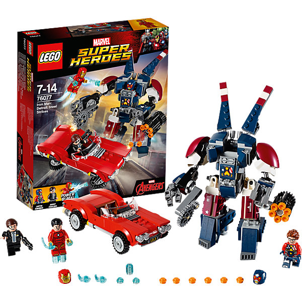LEGO Super Heroes 76077: Железный человек: Стальной Детройт наносит удар LEGO Super Heroes 76077: Железный человек: Стальной Детройт наносит ударПластмассовые конструкторы<br>LEGO Super Heroes 76077: Железный человек: Стальной Детройт наносит удар<br><br>Характеристики:<br><br>- в набор входит: детали машины и Детройта, 3 минифигурки, наклейки, аксессуары, книга комиксов, красочная инструкция по сборке<br>- минифигурки набора: Железный человек, Джастин Хаммер, Агент Колсон<br>- состав: пластик<br>- количество деталей: 377<br>- для детей в возрасте: от 7 до 14 лет<br>- Страна производитель: Дания/Китай/Чехия<br><br>Легендарный конструктор LEGO (ЛЕГО) представляет серию «Marvel Super Heroes» (Супер герои Марвел) по сюжетам фильмов, мультфильмов и комиксов о супергероях. <br><br>Этот набор понравится любителям фильмов Marvel о Железном человеке. Минифигурки набора выглядят ярко, очень качественно проработаны, в их разработке были использованы уникальные детали не встречающиеся в других наборах. Джастин Хаммер в своей броне Стального Детройта выполнен в очень качественной детализации. Минифигурка радует своими красочными рисунками, а броня имеет множество функций, руки и ноги выполнены с помощью шарнирных деталей и могут двигаться и принимать разные позы, правая рука оснащена бензопилой с двигающимся лезвием, а левая шестиснарядной пушкой со стреляющим механизмом (дополнительные снаряды входят в комплект). <br><br>Пальцы рук Стального Детройта сжимаются и могут захватывать предметы. Стильна красная машина агента Колсона оснащена панорамным ветровым стеклом, рычагами управления, открывающимися дверьми и может трансформироваться для полетов. <br><br>Сама фигурка агента отлично проработана, качественные рисунки на теле фигурки, рельефные волосы и два выражения лица. Под шлемом Железного Человека лицо Тони Старка, в комплект входит его прическа на замену шлема, у детройта в комплекте также есть прическа. Помогите Железному Человеку спасти город от злодея, ведь в этот раз он особенно силен! <br><br>Играя с конструктором ребенок развивает моторику рук, воображение и логическое мышление, научится собирать по инструкции и создавать свои модели. Придумывайте новые истории любимых героев с набором LEGO «Marvel Super Heroes»!<br><br>Конструктор LEGO Super Heroes 76077: Железный человек: Стальной Детройт наносит удар можно купить в нашем интернет-магазине.<br><br>Ширина мм: 268<br>Глубина мм: 225<br>Высота мм: 68<br>Вес г: 461<br>Возраст от месяцев: 84<br>Возраст до месяцев: 168<br>Пол: Мужской<br>Возраст: Детский<br>SKU: 5002440