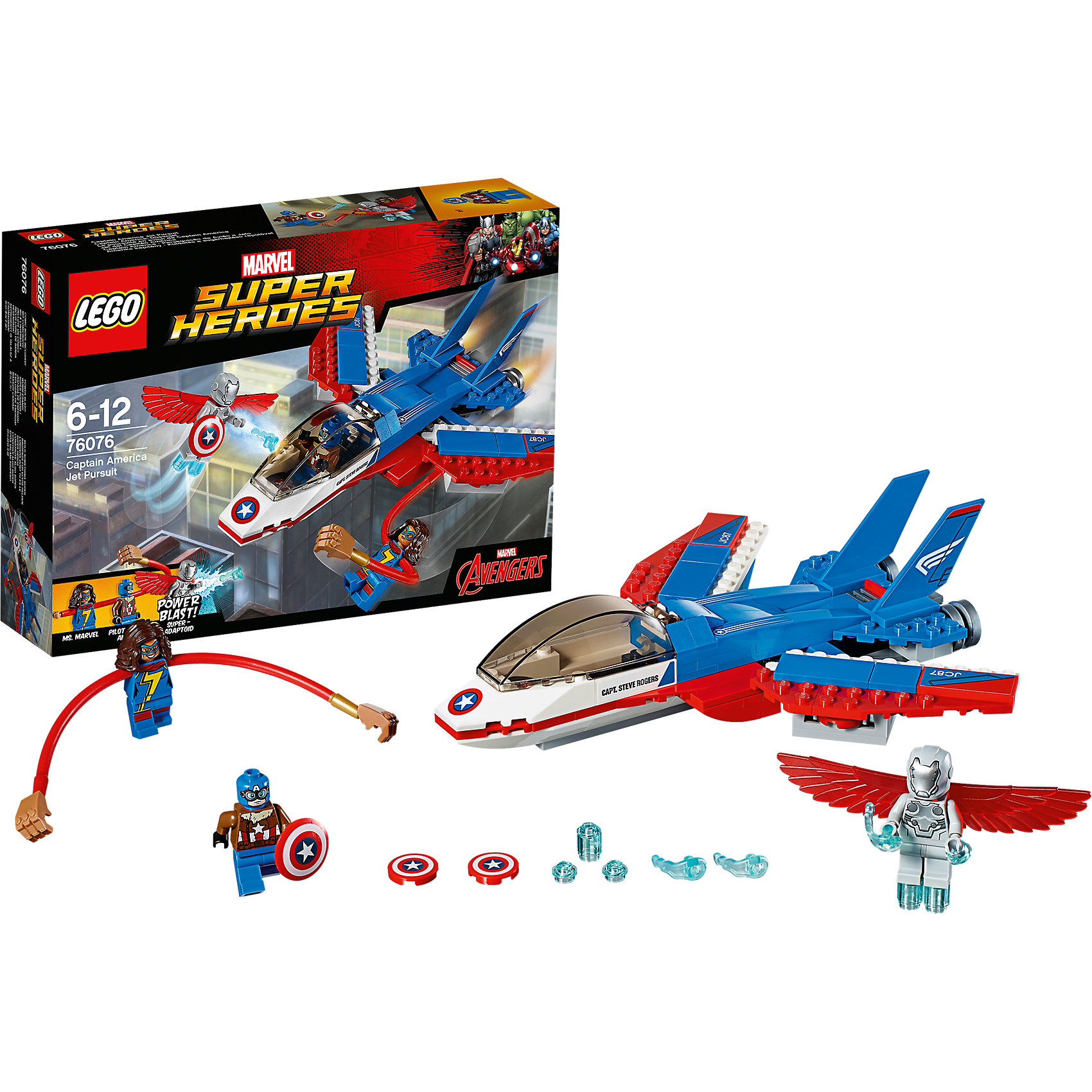 LEGO Super Heroes 76076: Воздушная погоня Капитана Америка LEGO Super Heroes 76076: Воздушная погоня Капитана АмерикаПластмассовые конструкторы<br>LEGO Super Heroes 76076: Воздушная погоня Капитана Америка<br><br>Характеристики:<br><br>- в набор входит: детали самолёта, 3 минифигурки, наклейки, аксессуары, книга комиксов, красочная инструкция по сборке<br>- минифигурки набора: Капитан Америка, Мисс Марвел, Суперадаптоид <br>- состав: пластик<br>- количество деталей: 160<br>- для детей в возрасте: от 7 до 14 лет<br>- Страна производитель: Дания/Китай/Чехия<br><br>Легендарный конструктор LEGO (ЛЕГО) представляет серию «Marvel Super Heroes» (Супер герои Марвел) по сюжетам фильмов, мультфильмов и комиксов о супергероях. <br><br>Этот набор понравится любителям фильмов Marvel о Капитане Америка. Минифигурки набора выглядят ярко, очень качественно проработаны, в их разработке были использованы уникальные детали не встречающиеся в других наборах. Отличные принты Капитана делают его еще более реалистичным в набор входит его щит, который был украден злодеем Суперадаптоидом. Фигурка злодея оснащена мощными крыльями, которые являются частью его костюма. Мисс Марвел, помогающая Капитану в новой операции оснащена длинными гнущимися руками в соответствии с её суперспособностями, а рельефные волосы отлично сочетаются с костюмом. <br><br>Корабль Капитана Америки выполнен в бело-сине-красных цветах и обладает функцией стрельбы из двух нижних пушек. При атаке вылетают диски с символикой Капитана Америки, крылья самолета двигаются, кабина пилота открывается. На правой стороне наклейка с надписью «Капитан Стив Роджерс». Преследуйте злодея на самолете и верните щит Капитана Америки. <br><br>Играя с конструктором ребенок развивает моторику рук, воображение и логическое мышление, научится собирать по инструкции и создавать свои модели. Придумывайте новые истории любимых героев с набором LEGO «Marvel Super Heroes»!<br><br>Конструктор LEGO Super Heroes 76076: Воздушная погоня Капитана Америка можно купить в нашем интернет-магазине.<br><br>Ширина мм: 262<br>Глубина мм: 192<br>Высота мм: 66<br>Вес г: 336<br>Возраст от месяцев: 72<br>Возраст до месяцев: 144<br>Пол: Мужской<br>Возраст: Детский<br>SKU: 5002441