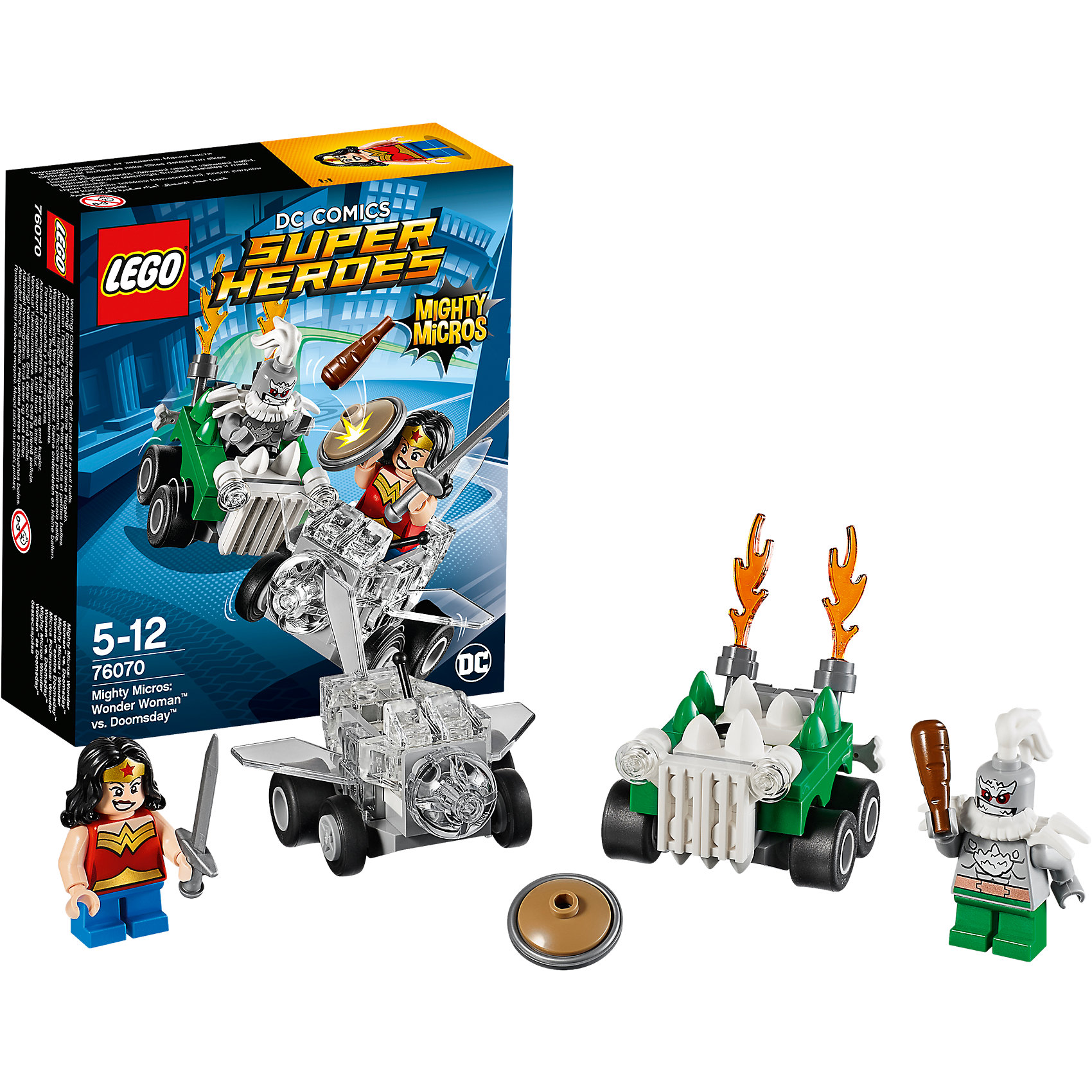 LEGO Super Heroes 76070: Mighty Micros: Чудо-женщина против Думсдэя LEGO Super Heroes 76070: Mighty Micros: Чудо-женщина против ДумсдэяПластмассовые конструкторы<br>LEGO Super Heroes 76070: Mighty Micros: Чудо-женщина против Думсдэя<br><br>Характеристики:<br><br>- в набор входит: детали двух транспортных средств, 2 минифигурки; аксессуары; инструкция по сборке<br>- минифигурки набора: Чудо-женщина, Думсдэй<br>- состав: пластик<br>- количество деталей: 85 <br>- размер самолета Чудо-женщины: 6 * 1 * 4 см.<br>- размер машины Думсдэя: 7 * 4 * 4 см.<br>- для детей в возрасте: от 5 до 12 лет<br>- Страна производитель: Дания/Китай/Чехия<br><br>Легендарный конструктор LEGO (ЛЕГО) представляет серию «Super Heroes» (Супер герои) по сюжетам фильмов и мультфильмов о супергероях. Этот набор понравится любителям комиксов DC, мультфильмов и фильмов о Чудо-женщине. <br><br>Фигурки набора выглядят ярко, очень качественно проработаны, в их разработке были использованы уникальные детали не встречающиеся в других наборах. В своем противостоянии соперники сели за руль машин, создав невероятные сцены погони и битвы. <br><br>Чудо-женщина села за штурвал своего невидимого самолета, который может передвигаться по земле, как и машина. Отличная детализация прозрачными деталями делают ее самолет еще более реалистичным. Злодей Думсдэй сел за руль своего внедорожника, изрыгающего языки пламени, на кузове и капоте расположены угрожающие шипы. Помоги Чудо-женщине одержать верх над Думсдэем! <br><br>Играя с конструктором ребенок развивает моторику рук, воображение и логическое мышление, научится собирать по инструкции и создавать свои модели. Придумывайте новые истории любимых героев с набором LEGO «Super Heroes»!<br><br>Конструктор LEGO Super Heroes 76070: Mighty Micros: Чудо-женщина против Думсдэя можно купить в нашем интернет-магазине.<br><br>Ширина мм: 146<br>Глубина мм: 122<br>Высота мм: 50<br>Вес г: 83<br>Возраст от месяцев: 60<br>Возраст до месяцев: 144<br>Пол: Мужской<br>Возраст: Детский<br>SKU: 5002442
