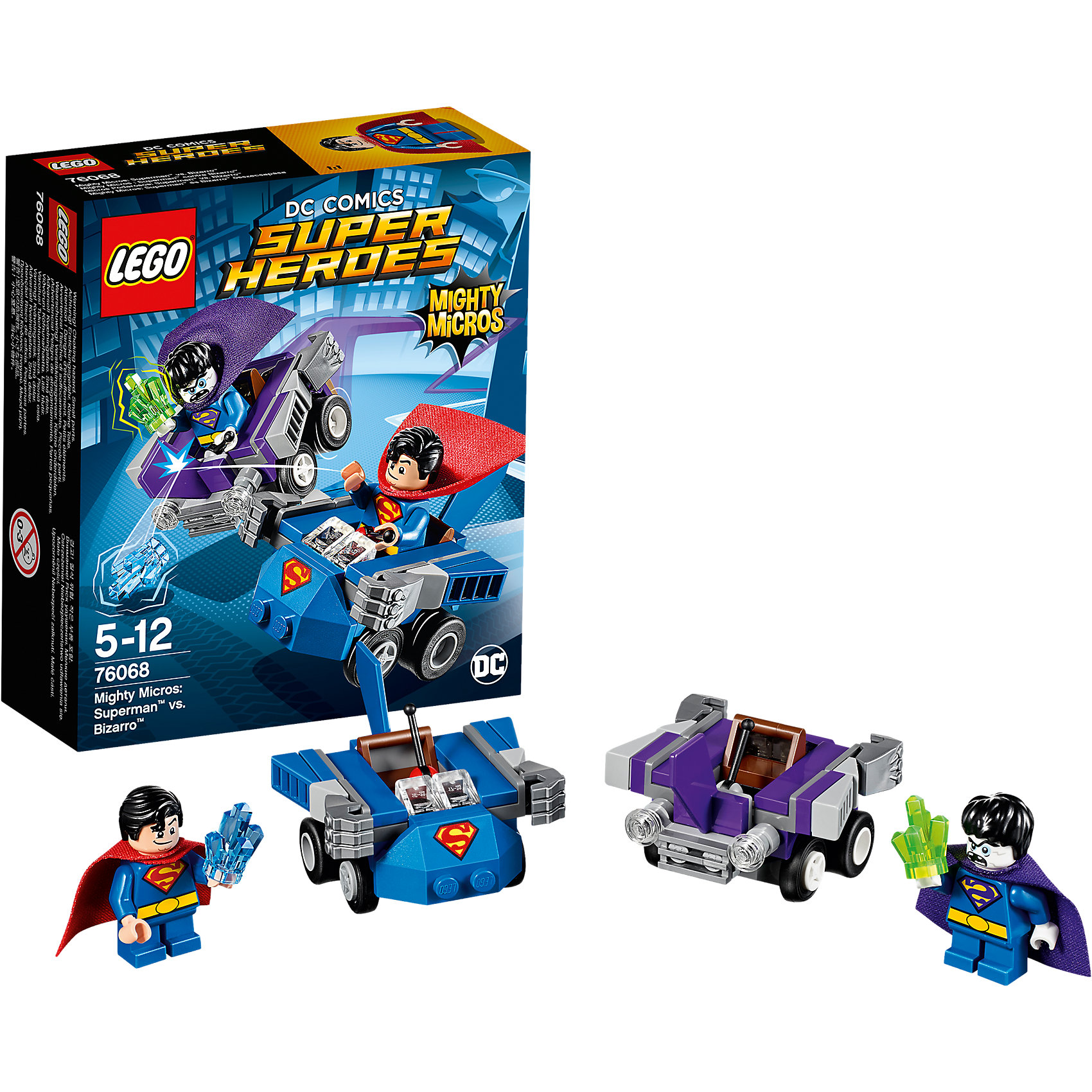 LEGO Super Heroes 76068: Mighty Micros: Супермен против Бизарро LEGO Super Heroes 76068: Mighty Micros: Супермен против БизарроПластмассовые конструкторы<br>LEGO Super Heroes 76068: Mighty Micros: Супермен против Бизарро<br><br>Характеристики:<br><br>- в набор входит: детали двух транспортных средств, 2 минифигурки; аксессуары; инструкция по сборке<br>- минифигурки набора: Супермен, Бизарро<br>- состав: пластик<br>- количество деталей: 93 <br>- размер машины Супермена: 6 * 4 * 5 см.<br>- размер машины Бизарро: 6 * 4 * 5 см.<br>- для детей в возрасте: от 5 до 12 лет<br>- Страна производитель: Дания/Китай/Чехия<br><br>Легендарный конструктор LEGO (ЛЕГО) представляет серию «Super Heroes» (Супер герои) по сюжетам фильмов и мультфильмов о супергероях. <br><br>Этот набор понравится любителям комиксов DC, мультфильмов и фильмов о Бэтмене. Фигурки набора выглядят ярко, очень качественно проработаны, в их разработке были использованы уникальные детали не встречающиеся в других наборах. В своем противостоянии соперники сели за руль машин, создав невероятные сцены погони и битвы. <br><br>Супермен сел за штурвал своей скоростной машины синего цвета с эмблемой супермена. Его машина оснащена рычагом управления и двумя мощными кулаками справедливости. Злодей Бизарро сел за руль фиолетовой машины, не уступающей по мощи машине Супермена. На машине злодея тоже установлены два кулака, кроме того, злодей взял с собой камень криптонит. Как Супермен выкрутится из этой переделки? Помоги ему одержать верх над Бизарро! <br><br>Играя с конструктором ребенок развивает моторику рук, воображение и логическое мышление, научится собирать по инструкции и создавать свои модели. Придумывайте новые истории любимых героев с набором LEGO «Super Heroes»!<br><br>Конструктор LEGO Super Heroes 76068: Mighty Micros: Супермен против Бизарро можно купить в нашем интернет-магазине.<br><br>Ширина мм: 143<br>Глубина мм: 122<br>Высота мм: 50<br>Вес г: 92<br>Возраст от месяцев: 60<br>Возраст до месяцев: 144<br>Пол: Мужской<br>Возраст: Детский<br>SKU: 5002444