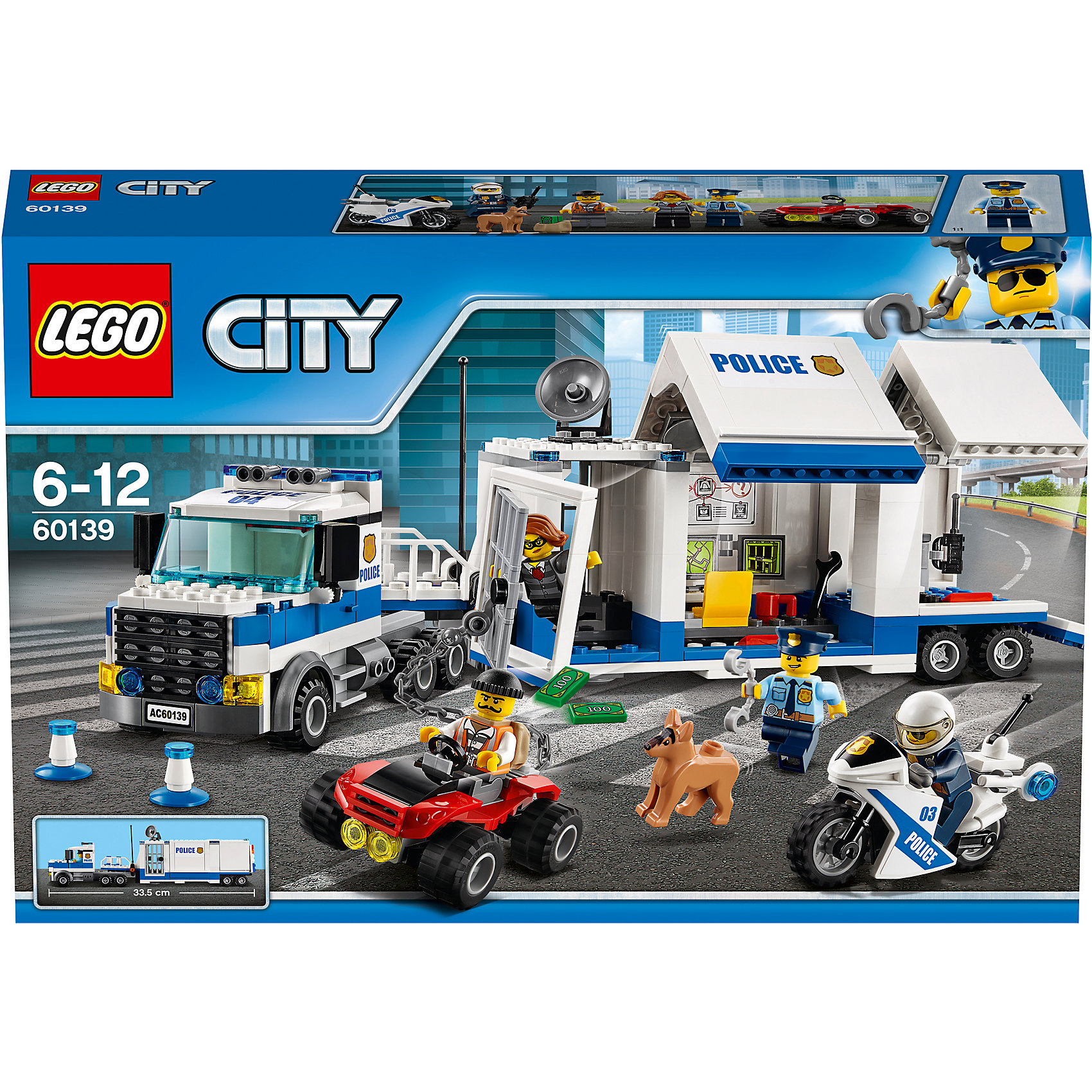 LEGO City 60139: Мобильный командный центр LEGO City 60139: Мобильный командный центрПластмассовые конструкторы<br>LEGO City 60139: Мобильный командный центр<br><br>Характеристики:<br><br>- в набор входит: мобильный центр, полицейский мотоцикл, квадрацикл, 4 фигурки людей, фигурка собаки, аксессуары, инструкция<br>- состав: пластик<br>- количество деталей: 374<br>- размер коробки: 26 * 7 * 38 см.<br>- размер мобильного центра: 11 * 6 * 23 см.<br>- для детей в возрасте: от 6 до 12 лет<br>- Страна производитель: Дания/Китай/Чехия<br><br>Легендарный конструктор LEGO (ЛЕГО) представляет серию «City» (Сити) в виде деталей жизни большого города, в котором есть абсолютно все. Серия делает игры еще более настоящими, благодаря отличным аксессуарам. Стражи закона Лего Сити всегда готовы прийти на помощь жителям города. С помощью мобильного центра со спутниковой связью полицейская команда отслеживала двух опасных преступников. Полицейские сложили улики на компьютере и доске с доказательствами и поймали одну преступницу. Не успели патрульные допить свой кофе, как к модулю подъехал квадрацикл с цепью и крюком и вырвал дверь тюрьмы модуля. Ловкий полицейский сразу же надел свой шлем и кинулся в погоню на своем полицейском скоростном мотоцикле с голубой сигнальной лампой. Фигурки этого набора отлично детализированы и качественно прорисованы. В набор входят сразу три транспортных средства: сам модуль с возможностью отсоединения патрульного блока, квадрацикл и скоростной мотоцикл. Захватывающие аксессуары в виде розыскной аппаратуры, рации, досок для расследования, а также наручников, спутниковой тарелки, рюкзака, в котором лежат деньги, и чашки добавляют реалистичности этому большойму полицейскому набору. Помоги полицейским добиться справедливости. Моделируй разные истории и ситуации в Лего Сити!<br><br>Конструктор LEGO City 60139: Мобильный командный центр можно купить в нашем интернет-магазине.<br><br>Ширина мм: 385<br>Глубина мм: 261<br>Высота мм: 73<br>Вес г: 723<br>Возраст от месяцев: 72<br>Возраст до месяцев: 144<br>Пол: Мужской<br>Возраст: Детский<br>SKU: 5002451