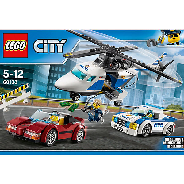 LEGO City 60138: Стремительная погоня LEGO City 60138: Стремительная погоняПластмассовые конструкторы<br>LEGO City 60138: Стремительная погоня<br><br>Характеристики:<br><br>- в набор входит: вертолет, полицейская машина, спортивная машина, 4 фигурки, аксессуары, инструкция<br>- состав: пластик<br>- количество деталей: 294<br>- размер коробки: 38 * 7 * 26 см.<br>- размер спортивной машины: 12 * 5 * 4 см.<br>- размер полицейской машины: 11 * 5 * 4 см. <br>- размер вертолета: 33 * 26 * 11 см.<br>- для детей в возрасте: от 5 до 12 лет<br>- Страна производитель: Дания/Китай/Чехия<br><br>Легендарный конструктор LEGO (ЛЕГО) представляет серию «City» (Сити) в виде деталей жизни большого города, в котором есть абсолютно все. Серия делает игры еще более настоящими, благодаря отличным аксессуарам. Стражи закона Лего Сити всегда готовы прийти на помощь жителям города. На этот раз был замечен автомобиль, превышающий скорость. Как оказалось, машина был угнана. Патрульные полицейские перекрыли дорогу и вызвали в подмогу полицейский вертолет. Все детали на колесиках двигаются и подходят к другим наборам Лего. Вертолет и машины отлично выполнены и содержат в своем составе много маленьких и уникальных деталей. Механизм лебедки в вертолете поможет полицейским захватить преступника с воздуха. Минифигурки отлично детализированы и качественно прорисованы. Шлемы полицейского снимается, а прозрачное стекло отодвигается назад. В набор аксессуаров входит перекрытие дороги, наручники, денежные детали, рация. Помоги полицейским добиться справедливости. Моделируй разные истории и ситуации в Лего Сити!<br><br>Конструктор LEGO City 60138: Стремительная погоня можно купить в нашем интернет-магазине.<br><br>Ширина мм: 386<br>Глубина мм: 261<br>Высота мм: 73<br>Вес г: 617<br>Возраст от месяцев: 60<br>Возраст до месяцев: 144<br>Пол: Мужской<br>Возраст: Детский<br>SKU: 5002452