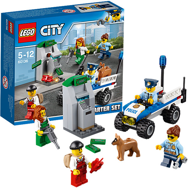 LEGO City 60136: Набор для начинающих «Полиция» LEGO City 60136: Набор для начинающих «Полиция»Пластмассовые конструкторы<br>LEGO City 60136: Набор для начинающих «Полиция»<br><br>Характеристики:<br><br>- в набор входит: детали квадроцикла, 4 фигурки людей, фигурка собаки, аксессуары, инструкция<br>- состав: пластик<br>- количество деталей: 80<br>- размер коробки: 12 * 5 * 9 см.<br>- размер патрульной машины: 7 * 8 * 4 см.<br>- размер банкомата: 3 * 3 * 5 см. <br>- для детей в возрасте: от 5 до 12 лет<br>- Страна производитель: Дания/Китай/Чехия<br><br>Легендарный конструктор LEGO (ЛЕГО) представляет серию «City» (Сити) в виде деталей жизни большого города, в котором есть абсолютно все. Серия делает игры еще более настоящими, благодаря отличным аксессуарам. Стражи закона Лего Сити всегда готовы прийти на помощь жителям города. На этот раз двое грабителей решили взорвать банкомат открыть его с помощью дрели и своровать все деньги. Двое патрульных и полицейская собака были как раз в районе происшествия, когда по рации им передали новое задание. Они включили голубую сигнальную лампу и подоспели как раз вовремя. Минифигурки отлично детализированы и качественно прорисованы. В набор входит дрель, динамит, рюкзак, наручники, денежные детали. Деньги помещаются в банкомате и проходят в отверстие для купюр, сам банкомат раскладывается, позволяя вытаскивать деньги. Помоги полицейским добиться справедливости. Моделируй разные истории и ситуации в Лего Сити!<br><br>Конструктор LEGO City 60136: Набор для начинающих «Полиция» можно купить в нашем интернет-магазине.<br><br>Ширина мм: 161<br>Глубина мм: 142<br>Высота мм: 45<br>Вес г: 131<br>Возраст от месяцев: 60<br>Возраст до месяцев: 144<br>Пол: Мужской<br>Возраст: Детский<br>SKU: 5002454