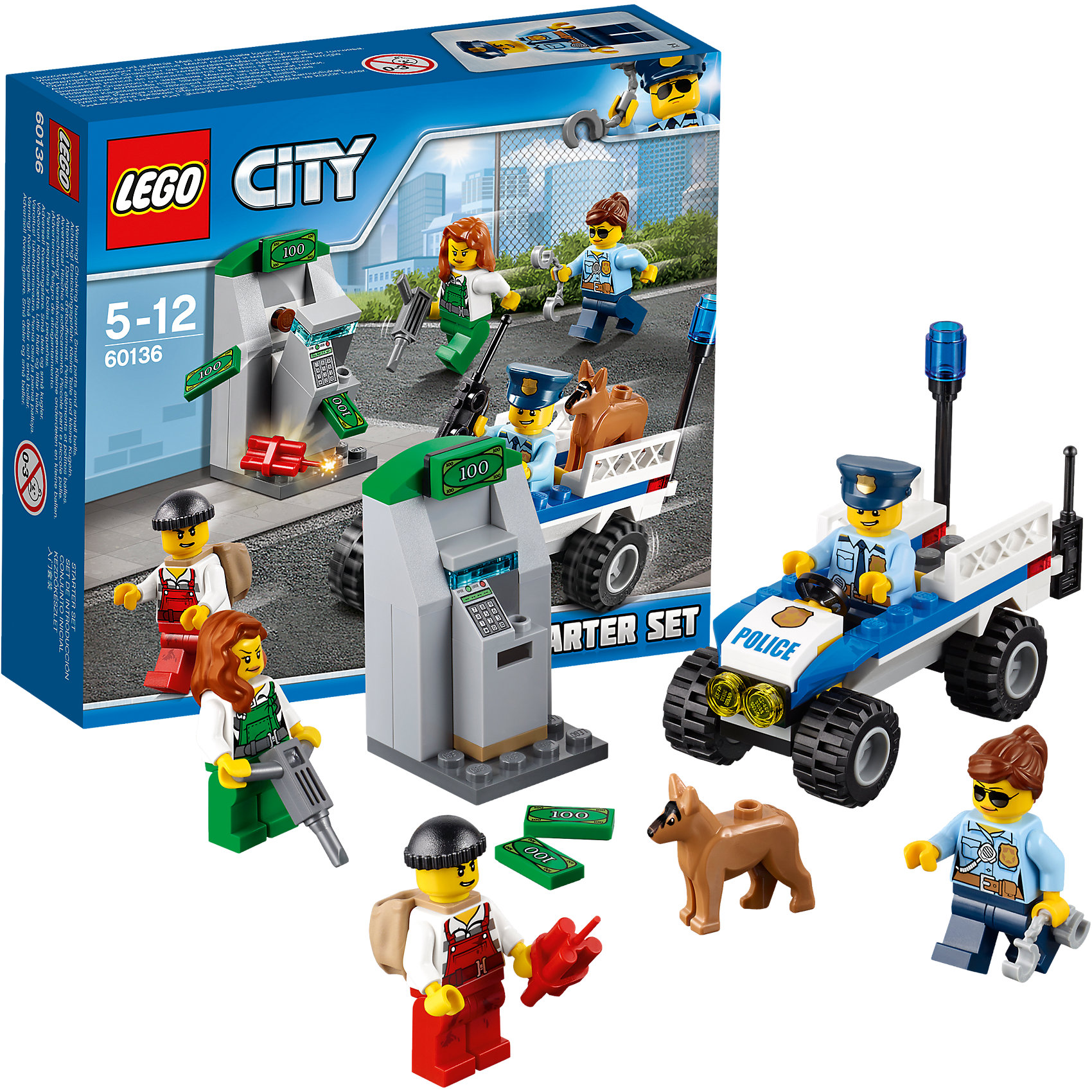 LEGO City 60136: Набор для начинающих «Полиция» LEGO City 60136: Набор для начинающих «Полиция»Пластмассовые конструкторы<br>LEGO City 60136: Набор для начинающих «Полиция»<br><br>Характеристики:<br><br>- в набор входит: детали квадроцикла, 4 фигурки людей, фигурка собаки, аксессуары, инструкция<br>- состав: пластик<br>- количество деталей: 80<br>- размер коробки: 12 * 5 * 9 см.<br>- размер патрульной машины: 7 * 8 * 4 см.<br>- размер банкомата: 3 * 3 * 5 см. <br>- для детей в возрасте: от 5 до 12 лет<br>- Страна производитель: Дания/Китай/Чехия<br><br>Легендарный конструктор LEGO (ЛЕГО) представляет серию «City» (Сити) в виде деталей жизни большого города, в котором есть абсолютно все. Серия делает игры еще более настоящими, благодаря отличным аксессуарам. Стражи закона Лего Сити всегда готовы прийти на помощь жителям города. На этот раз двое грабителей решили взорвать банкомат открыть его с помощью дрели и своровать все деньги. Двое патрульных и полицейская собака были как раз в районе происшествия, когда по рации им передали новое задание. Они включили голубую сигнальную лампу и подоспели как раз вовремя. Минифигурки отлично детализированы и качественно прорисованы. В набор входит дрель, динамит, рюкзак, наручники, денежные детали. Деньги помещаются в банкомате и проходят в отверстие для купюр, сам банкомат раскладывается, позволяя вытаскивать деньги. Помоги полицейским добиться справедливости. Моделируй разные истории и ситуации в Лего Сити!<br><br>Конструктор LEGO City 60136: Набор для начинающих «Полиция» можно купить в нашем интернет-магазине.<br><br>Ширина мм: 160<br>Глубина мм: 142<br>Высота мм: 48<br>Вес г: 121<br>Возраст от месяцев: 60<br>Возраст до месяцев: 144<br>Пол: Мужской<br>Возраст: Детский<br>SKU: 5002454