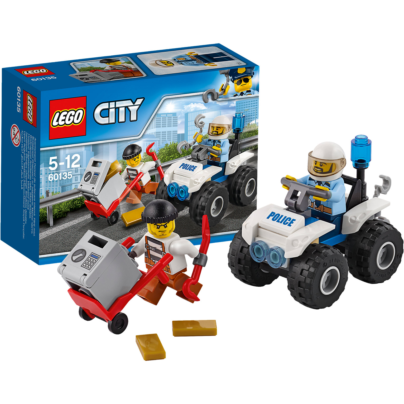 LEGO City 60135: Полицейский квадроцикл LEGO City 60135: Полицейский квадроциклПластмассовые конструкторы<br>LEGO City 60135: Полицейский квадроцикл<br><br>Характеристики:<br><br>- в набор входит: детали квадроцикла, 2 фигурки, аксессуары, инструкция<br>- состав: пластик<br>- количество деталей: 47<br>- размер коробки: 12 * 5 * 9 см.<br>- для детей в возрасте: от 5 до 12 лет<br>- Страна производитель: Дания/Китай/Чехия/<br><br>Легендарный конструктор LEGO (ЛЕГО) представляет серию «City» (Сити) в виде деталей жизни большого города, в котором есть абсолютно все. Серия делает игры еще более настоящими, благодаря отличным аксессуарам. Стражи закона Лего Сити всегда готовы прийти на помощь жителям города. В этот раз грабителю удалось скрыться вместе с сейфом. Он поместил его в тележку и покинул банк с двумя золотыми слитками, с помощью ломика вор готов вскрыть сейф. Но полицейский на квадроцикле полон решимости поймать вора. Включив синюю сигнальную лампу и не забыв наручники он направился в погоню. Квадроцикл имеет отличную проходимость, в том числе и по бездорожью в виде диванов или кресел. У квадроцикла имеется крючок для того, чтобы прицепить тележку с сейфом и доставить их в банк. Минифигурки отлично детализированы и качественно прорисованы. Шлем полицейского снимается, прозрачная защита отодвигается. Помоги полицейскому добиться справедливости. Моделируй разные истории и ситуации в Лего Сити!<br><br>Конструктор LEGO City 60135: Полицейский квадроцикл можно купить в нашем интернет-магазине.<br><br>Ширина мм: 124<br>Глубина мм: 93<br>Высота мм: 50<br>Вес г: 74<br>Возраст от месяцев: 60<br>Возраст до месяцев: 144<br>Пол: Мужской<br>Возраст: Детский<br>SKU: 5002455