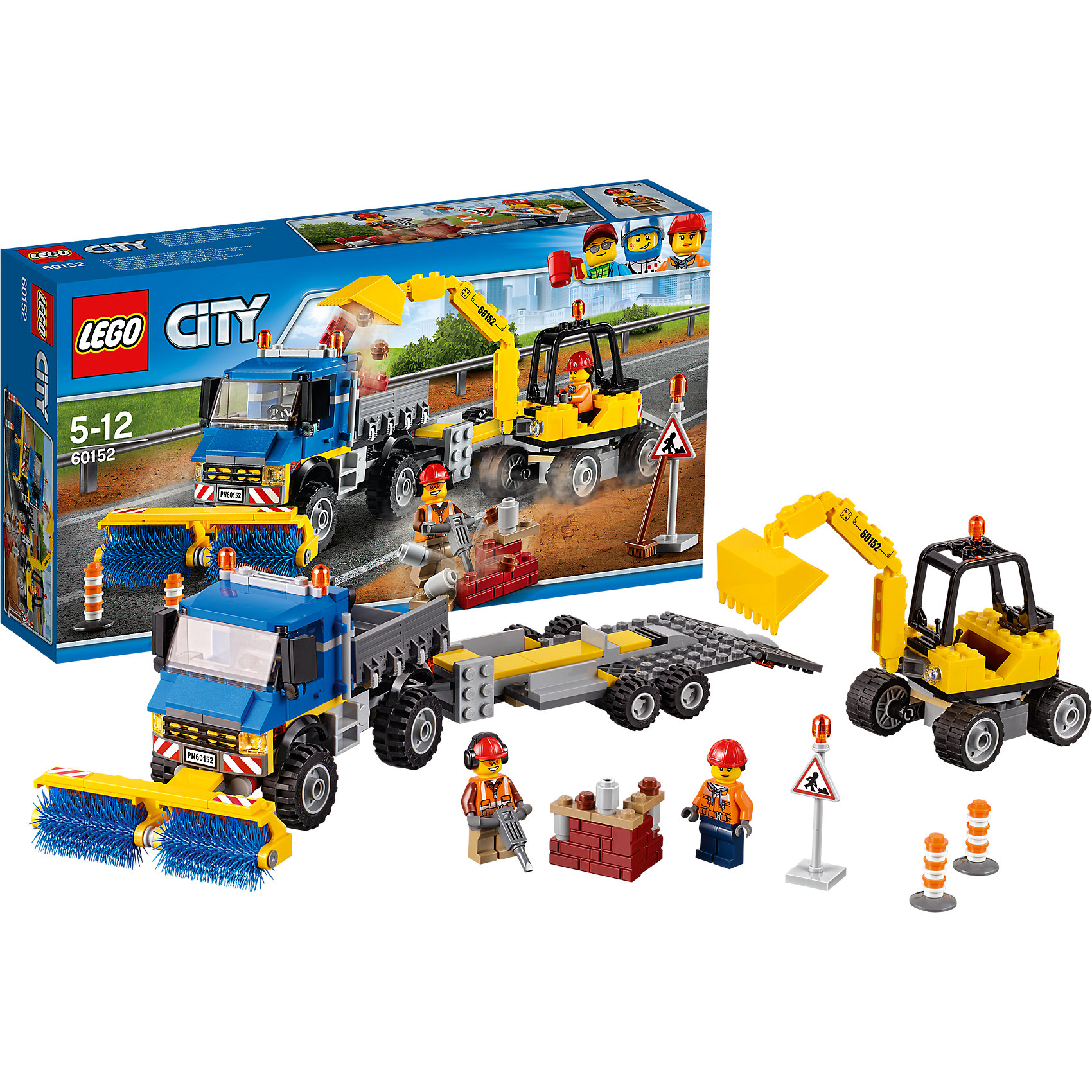LEGO City 60152: Уборочная техника LEGO City 60152: Уборочная техникаПластмассовые конструкторы<br>LEGO City 60152: Уборочная техника<br><br>Характеристики:<br><br>- в набор входит: экскаватор, самосвал с прицепом, кирпичи, наклейки для оформления, 2 минифигурки, аксессуары, инструкция<br>- состав: пластик<br>- количество деталей: 299<br>- приблизительное время сборки: 60 минут<br>- размер коробки: 19 * 7 * 35 см.<br>- размер экскаватора: 13 * 6 * 8 см.<br>- размер прицепа: 17 * 8 * 3 см.<br>- размер самосвала: 16 * 9 * 9 см.<br>- для детей в возрасте: от 5 до 12 лет<br>- Страна производитель: Дания/Китай/Чехия<br><br>Легендарный конструктор LEGO (ЛЕГО) представляет серию «City» (Сити) в виде деталей жизни большого города, в котором есть абсолютно все. Серия делает игры еще более настоящими, благодаря отличным аксессуарам. После демонтажа здания рабочим нужно привести в порядок улицу города. Самосвал с помощью вращающихся щеток собирает мусор. Экскаватор с движущимся ковшом и поворачивающейся кабиной собирает кирпичики и прочие части и складывает их в кузов самосвалу, чтобы вывезти все ненужное. Рабочие делают все возможное, чтобы город был чистым и мог развиваться. Отлично прорисованная униформа рабочих добавляет им реалистичности. У каждого рабочего имеется защитная каска, а для работающего с отбойным молотком предусмотрены шумоподавляющие наушники. В дополнение в набор входят аксессуары для перекрытия дороги в виде знака и двух конусов. После завершения работ экскаватор погружается в прицеп и транспортируется самосвалом. Моделируй разные истории и ситуации в Лего Сити, а в процессе игры развивай творческие способности и претворяй свои идеи в жизнь. Этот интересный набор отлично подойдет как новичкам Лего, так и преданным фанатам и коллекционерам серии.<br><br>Конструктор LEGO City 60152: Уборочная техника можно купить в нашем интернет-магазине.<br><br>Ширина мм: 359<br>Глубина мм: 192<br>Высота мм: 76<br>Вес г: 555<br>Возраст от месяцев: 60<br>Возраст до месяцев: 144<br>Пол: Мужской<br>Возраст: Детский<br>SKU: 5002456