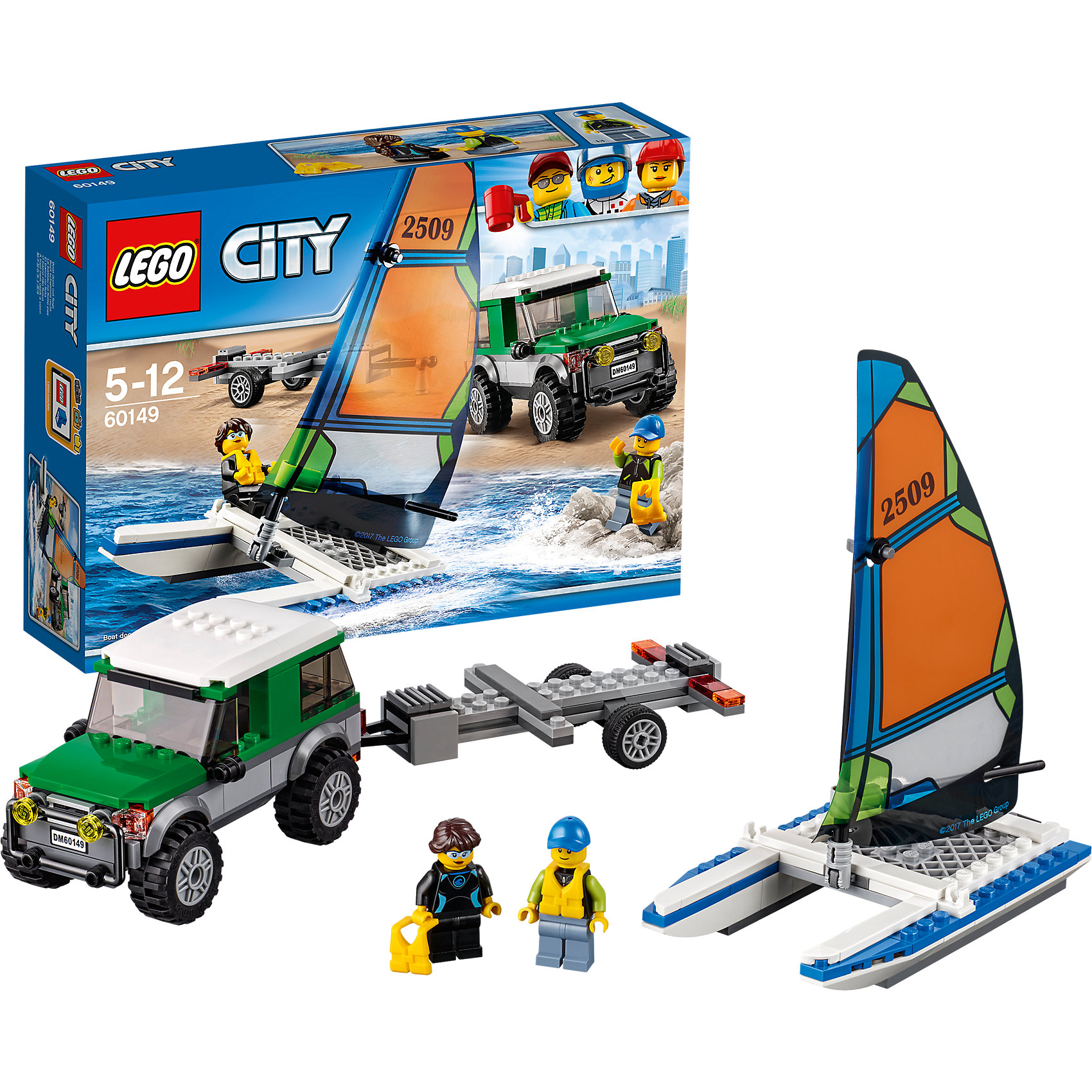LEGO City 60149: Внедорожник с прицепом для катамарана LEGO City 60149: Внедорожник с прицепом для катамаранаПластмассовые конструкторы<br>LEGO City 60149: Внедорожник с прицепом для катамарана<br><br>Характеристики:<br><br>- в набор входит: детали внедорожника с прицепом, катамаран, наклейки для оформления, 2 минифигурки, аксессуары, инструкция<br>- состав: пластик<br>- количество деталей: 198<br>- приблизительное время сборки: 40 минут<br>- размер коробки: 19 * 7 * 26 см.<br>- размер внедорожника: 12 * 5 * 7 см.<br>- размер катамарана: 14 * 8 * 18 см.<br>- для детей в возрасте: от 5 до 12 лет<br>- Страна производитель: Дания/Китай/Чехия<br><br>Легендарный конструктор LEGO (ЛЕГО) представляет серию «City» (Сити) в виде деталей жизни большого города, в котором есть абсолютно все. Серия делает игры еще более настоящими, благодаря отличным аксессуарам. Сезон водных видов спорта открыт! Фигурки пловцов отлично детализированы и качественно прорисованы, на каждую фигурку одет спасательный жилет. Интересный катамаран с новыми деталями серии 2017 года готов взять на борт отважных искателей приключений. Мачта поднимается и опускается. Зафиксировав свой катамаран в прицепе можно отправиться на пляж в двухместном внедорожнике. Благодаря деталям крыши, капота и детальным колесам внедорожник очень похож на настоящий. Вместительный багажник поможет взять с собой все необходимое. Сразу два транспорта в одном наборе! Моделируй разные истории и ситуации в Лего Сити, а в процессе игры развивай творческие способности и претворяй свои идеи в жизнь. Этот интересный набор отлично подойдет как новичкам Лего, так и преданным фанатам и коллекционерам серии.<br><br>Конструктор LEGO City 60149: Внедорожник с прицепом для катамарана можно купить в нашем интернет-магазине.<br><br>Ширина мм: 262<br>Глубина мм: 61<br>Высота мм: 191<br>Вес г: 400<br>Возраст от месяцев: 60<br>Возраст до месяцев: 144<br>Пол: Мужской<br>Возраст: Детский<br>SKU: 5002459