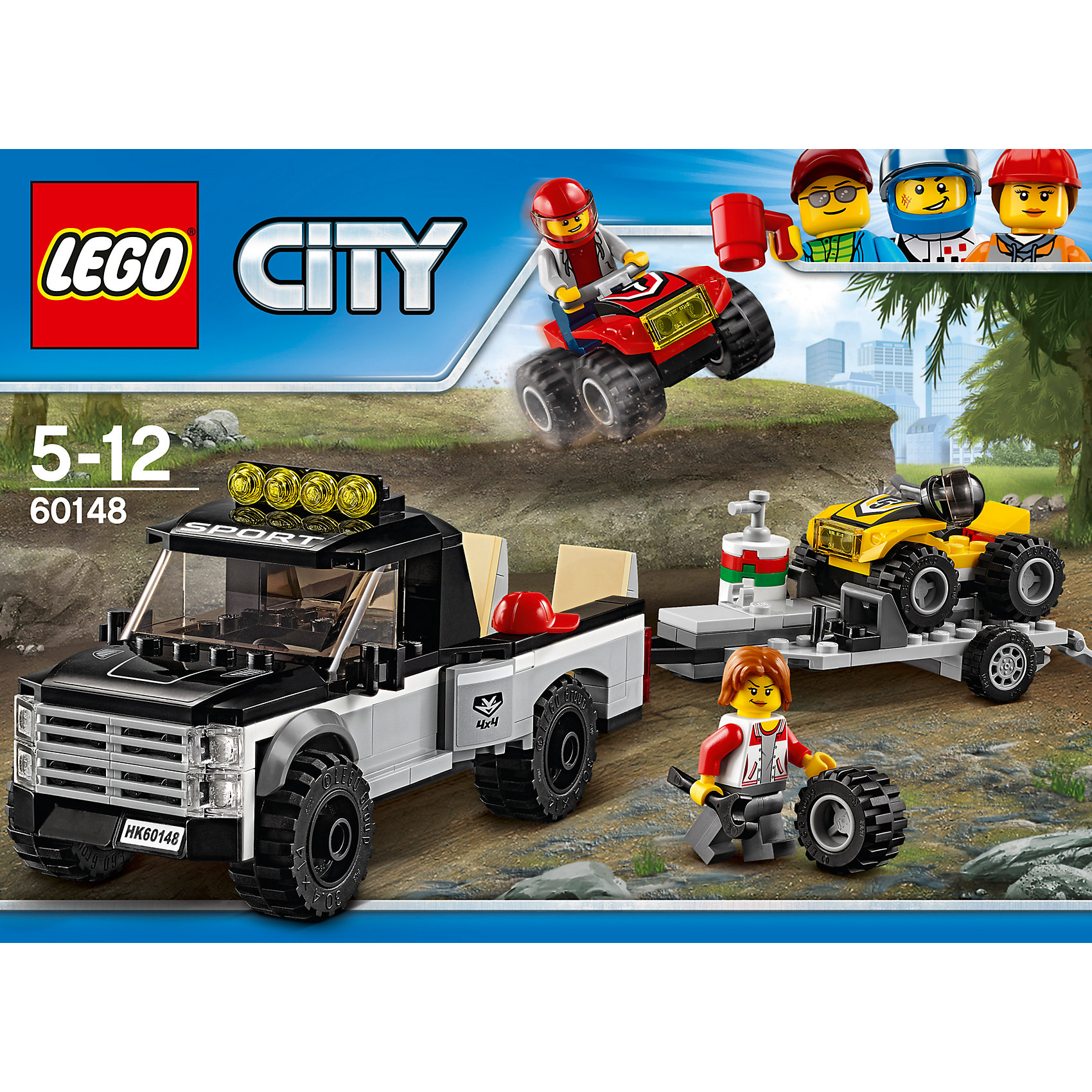 LEGO City 60148: Гоночная команда LEGO City 60148: Гоночная командаПластмассовые конструкторы<br>LEGO City 60148: Гоночная команда<br><br>Характеристики:<br><br>- в набор входит: детали внедорожника с прицепом, 2 квадрацикла, наклейки для оформления, 2 минифигурки, аксессуары, инструкция<br>- состав: пластик<br>- количество деталей: 239<br>- приблизительное время сборки: 60 минут<br>- размер коробки: 19 * 7 * 26 см.<br>- размер внедорожника: 15 * 2 * 7 см.<br>- размер прицепа: 14 * 3 * 6 см.<br>- размер квадрацикла: 5 * 4 * 3 см.<br>- для детей в возрасте: от 5 до 12 лет<br>- Страна производитель: Дания/Китай/Чехия<br><br>Легендарный конструктор LEGO (ЛЕГО) представляет серию «City» (Сити) в виде деталей жизни большого города, в котором есть абсолютно все. Серия делает игры еще более настоящими, благодаря отличным аксессуарам. Сезон гонок на квадрациклах по бездорожью открыт! Дваотважных гонщика перегоняют свои квадрациклы на место гоночного трека. Один квадрацикл поместися во внедорожник типа «пикап», а второй в прицепе. С собой крутые гонщки берут запасное колесо, гаечный ключ, канистру с топливом. Внедорожник и прицеп выполнены из множества небольших делатей Лего и выглядит как настоящий. Наклейки из набора помогут оформить внедорожник и квадрациклы в спортивный стиль. Фигурки гонщиков отлично детализированы, а детали на фигурках не наклеены, но напечатаны. У каждого гонщика есть свой шлем безопасности, стекло шлема отодвигается назад при необходимости. С такой подготовкой первые места гарантированы. Моделируй разные истории и ситуации в Лего Сити, а в процессе игры развивай творческие способности и претворяй свои идеи в жизнь. Этот интересный набор отлично подойдет как новичкам Лего, так и преданным фанатам и коллекционерам серии.<br><br>Конструктор LEGO City 60148: Гоночная команда можно купить в нашем интернет-магазине.<br><br>Ширина мм: 265<br>Глубина мм: 190<br>Высота мм: 76<br>Вес г: 408<br>Возраст от месяцев: 60<br>Возраст до месяцев: 144<br>Пол: Мужской<br>Возраст: Детский<br>SKU: 5002460
