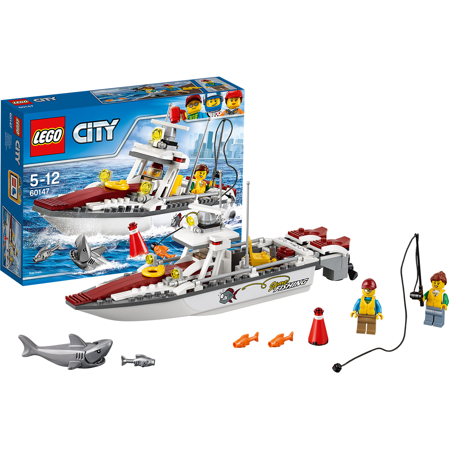 LEGO City 60147: Рыболовный катер LEGO City 60147: Рыболовный катерПластмассовые конструкторы<br>LEGO City 60147: Рыболовный катер<br><br>Характеристики:<br><br>- в набор входит: детали катера, наклейки для оформления, 2 минифигурки, акула, аксессуары, инструкция<br>- состав: пластик<br>- количество деталей: 144<br>- приблизительное время сборки: 20 минут<br>- размер коробки: 19 * 6 * 26 см.<br>- размер катера: 28 * 6 * 11 см.<br>- длина акулы: 7 см.<br>- для детей в возрасте: от 5 до 12 лет<br>- Страна производитель: Дания/Китай/Чехия<br><br>Легендарный конструктор LEGO (ЛЕГО) представляет серию «City» (Сити) в виде деталей жизни большого города, в котором есть абсолютно все. Серия делает игры еще более настоящими, благодаря отличным аксессуарам. Сезон рыбалки открыт в окрестностях Лего Сити. Два отважных рыбака отправились на своем спортивном катере в открытое море. Фигурки рыбаков отлично детализированы и качественно прорисованы, на каждую фигурку одет спасательный жилет. Красивый спортивный катер имеет все необходимое для безопасности на борту и отличной рыбалки. Два мощных мотора развивают отличную скорость и позволит быстро выбраться за пределы буйка из набора. Но куда же делась вся рыба? За пределами охраняемой береговой линии плавает хищная серая акула! Эта рыбалка обещает быть незабываемой! Моделируй разные истории и ситуации в Лего Сити, а в процессе игры развивай творческие способности и претворяй свои идеи в жизнь. Этот интересный набор отлично подойдет как новичкам Лего, так и преданным фанатам и коллекционерам серии.<br><br>Конструктор LEGO City 60147: Рыболовный катер можно купить в нашем интернет-магазине.<br><br>Ширина мм: 262<br>Глубина мм: 192<br>Высота мм: 66<br>Вес г: 325<br>Возраст от месяцев: 60<br>Возраст до месяцев: 144<br>Пол: Мужской<br>Возраст: Детский<br>SKU: 5002461