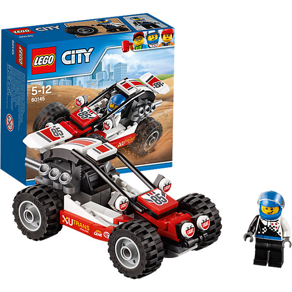 LEGO City 60145: Багги LEGO City 60145: БаггиПластмассовые конструкторы<br>LEGO City 60145: Багги<br><br>Характеристики:<br><br>- в набор входит: детали багги, наклейки для оформления, минифигурка, инструкция<br>- состав: пластик<br>- количество деталей: 81<br>- приблизительное время сборки: 20 минут<br>- размер коробки: 15 * 6 * 14 см.<br>- вес: 150 гр.<br>- размер багги: 12 * 6 * 6 см.<br>- для детей в возрасте: от 5 до 12 лет<br>- Страна производитель: Дания/Китай/Чехия<br><br>Легендарный конструктор LEGO (ЛЕГО) представляет серию «City» (Сити) в виде деталей жизни большого города, в котором есть абсолютно все. Серия делает игры еще более настоящими, благодаря отличным аксессуарам. Гонки на багги – очень популярный спорт в лего сити. Этот яркий гоночный багги со спортивным дизайном победил не в одной гонке! Очень интересные детали мотора, турбин и рельефных колес выделяют багги этого набора. Датели отлично смотрятся как на этой модели, так и на будущих самодельных вариантах передвижных средств. Кабина водителя защищена прочными трубами. Сам водитель отлично детализирован и качественно прорисован. Его сине-черный комбинезон отлично сочетается со шлемом безопасности. Стекло шлема поднимается и опускается, а сам шлем можно снимать. Этот интересный набор отлично подойдет как новичкам Лего, так и преданным фанатам и коллекционерам серии. Моделируй разные истории и ситуации в Лего Сити, а в процессе игры развивай творческие способности и претворяй свои идеи в жизнь.<br><br>Конструктор LEGO City 60145: Багги можно купить в нашем интернет-магазине.<br><br>Ширина мм: 158<br>Глубина мм: 144<br>Высота мм: 66<br>Вес г: 153<br>Возраст от месяцев: 60<br>Возраст до месяцев: 144<br>Пол: Мужской<br>Возраст: Детский<br>SKU: 5002463