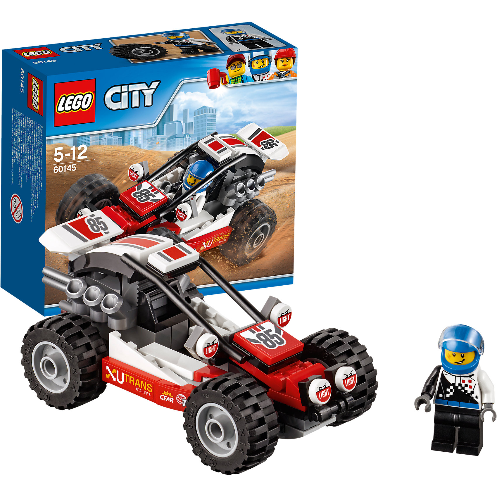 LEGO City 60145: Багги LEGO City 60145: БаггиПластмассовые конструкторы<br>LEGO City 60145: Багги<br><br>Характеристики:<br><br>- в набор входит: детали багги, наклейки для оформления, минифигурка, инструкция<br>- состав: пластик<br>- количество деталей: 81<br>- приблизительное время сборки: 20 минут<br>- размер коробки: 15 * 6 * 14 см.<br>- вес: 150 гр.<br>- размер багги: 12 * 6 * 6 см.<br>- для детей в возрасте: от 5 до 12 лет<br>- Страна производитель: Дания/Китай/Чехия<br><br>Легендарный конструктор LEGO (ЛЕГО) представляет серию «City» (Сити) в виде деталей жизни большого города, в котором есть абсолютно все. Серия делает игры еще более настоящими, благодаря отличным аксессуарам. Гонки на багги – очень популярный спорт в лего сити. Этот яркий гоночный багги со спортивным дизайном победил не в одной гонке! Очень интересные детали мотора, турбин и рельефных колес выделяют багги этого набора. Датели отлично смотрятся как на этой модели, так и на будущих самодельных вариантах передвижных средств. Кабина водителя защищена прочными трубами. Сам водитель отлично детализирован и качественно прорисован. Его сине-черный комбинезон отлично сочетается со шлемом безопасности. Стекло шлема поднимается и опускается, а сам шлем можно снимать. Этот интересный набор отлично подойдет как новичкам Лего, так и преданным фанатам и коллекционерам серии. Моделируй разные истории и ситуации в Лего Сити, а в процессе игры развивай творческие способности и претворяй свои идеи в жизнь.<br><br>Конструктор LEGO City 60145: Багги можно купить в нашем интернет-магазине.<br><br>Ширина мм: 158<br>Глубина мм: 144<br>Высота мм: 66<br>Вес г: 153<br>Возраст от месяцев: 60<br>Возраст до месяцев: 144<br>Пол: Мужской<br>Возраст: Детский<br>SKU: 5002463