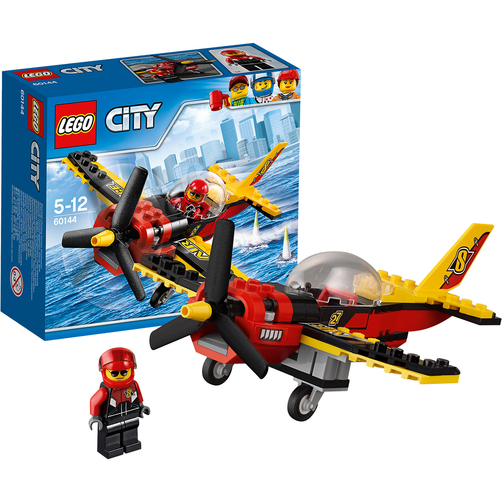 LEGO City 60144: Гоночный самолёт LEGO City 60144: Гоночный самолётПластмассовые конструкторы<br>LEGO City 60144: Гоночный самолёт<br><br>Характеристики:<br><br>- в набор входит: детали самолета, наклейки для деталей, минифигурка, инструкция<br>- состав: пластик<br>- количество деталей: 89<br>- приблизительное время сборки: 20 минут<br>- размер коробки: 5 * 16 * 13 см.<br>- размер самолета: 15 * 8 * 18 см.<br>- для детей в возрасте: от 5 до 12 лет<br>- Страна производитель: Дания/Китай/Чехия<br><br>Легендарный конструктор LEGO (ЛЕГО) представляет серию «City» (Сити) в виде деталей жизни большого города, в котором есть абсолютно все. Серия делает игры еще более настоящими, благодаря отличным аксессуарам. Гонки на самолетах – очень популярный спорт в лего сити. Этот яркий гоночный самолет со спортивным дизайном победил не в одной гонке! Очень интересные детали шасси и рельефного пропеллера выделяют самолет этого набора. Датели отлично смотрятся как на этой модели, так и на будущих самодельных вариантах самолетов. Кабина пилота с куполообразной панорамной прозрачной деталью позволят гонщику видеть все, что происходит вокруг него и осуществлять успешные обгоны противников. Сам пилот отлично детализирован и качественно прорисован. Его красно-черный комбинезон отлично сочетается со шлемом безопасности. Стекло шлема поднимается и опускается, а сам шлем можно снимать. Этот интересный набор отлично подойдет как новичкам Лего, так и преданным фанатам и коллекционерам серии. Моделируй разные истории и ситуации в Лего Сити, а в процессе игры развивай творческие способности и претворяй свои идеи в жизнь.<br><br>Конструктор LEGO City 60144: Гоночный самолёт можно купить в нашем интернет-магазине.<br><br>Ширина мм: 162<br>Глубина мм: 142<br>Высота мм: 66<br>Вес г: 172<br>Возраст от месяцев: 60<br>Возраст до месяцев: 144<br>Пол: Мужской<br>Возраст: Детский<br>SKU: 5002464