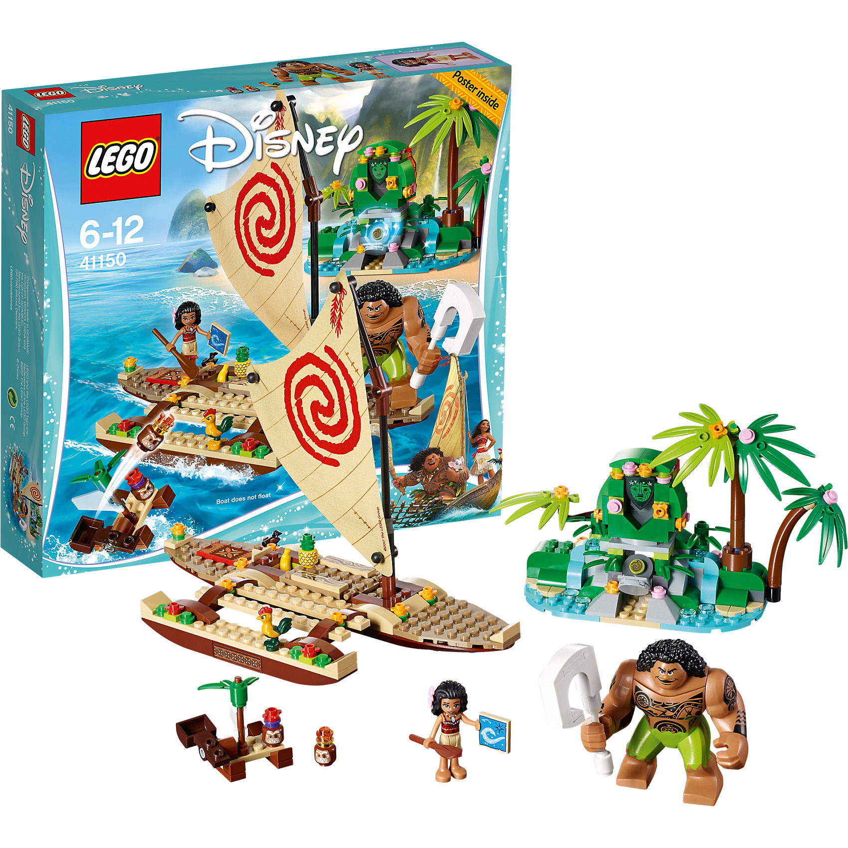 LEGO Disney Princesses 41150: Путешествие Моаны через океан LEGO Disney Princesses 41150: Путешествие Моаны через океанПластмассовые конструкторы<br>LEGO Disney Princesses 41150: Путешествие Моаны через океан<br><br>Характеристики:<br><br>- в набор входит: детали лодки и острова, фигурки Моаны и Мауи, 2 Какаморы, фигурка Хей-Хея, аксессуары, красочная инструкция<br>- состав: пластик<br>- количество деталей: 307<br>- размер упаковки: 26 * 6 * 19 см.<br>- размер лодки Моаны: 16 * 13 * 13 см.<br>- размер острова: 17 * 5 * 11 см.<br>- для детей в возрасте: от 6 до 12 лет<br>- Страна производитель: Дания/Китай/Чехия<br><br>Легендарный конструктор LEGO (ЛЕГО) представляет серию «Disney Princesses» (Принцессы Диснея) в которую входят наборы конструкторов о принцессах, героях и героинях из мультфильмов компании Дисней. <br><br>Моана, отважная дочь вождя племени в Тихом океане отправляется на встречу приключениям на своей большой лодке. Лодка состоит из множества деталей с декорациями в стиле этно, красивый парус очень схож с оригиналом. На борту лодки путешествует и Хей-Хей, забавный петух с серьезным взглядом. Моана везет запас тропических фруктов, в лодке есть специальные грузовой отсек для припасов, который легко открывается. На одиноком острове девочка встречает полубога Мауи с волшебными татуировками на теле. Вместе они пытаются привести в гармонию богиню земли Те Ку и ищут ее потерянное сердце. Детали сформированы таким образом, чтобы природа богини могла меняться от ее огненной стихии к ее миролюбивой сущности путем помещения утраченного сердца. <br><br>Отличные декорирующие детали растительности проработаны с учетом рельефов и выглядят реалистично. Остров наполнен цветами, деталями имитирующими природные камни и водопады. Фигурка Моаны выглядит реалистично, ее вьющиеся волосы выполнены с учетом рельефа, а сбоку можно вставлять в них украшение-цветок. Фигурка может двигать головой и сидеть. Сборная фигура Мауи двигает руками, кистями, головой и ногами, в его руку вставляется волшебный рыболовный крюк. Помоги Моане следовать своей судьбе и найти сердце острова. <br><br>Играя с конструктором ребенок развивает моторику рук, воображение и логическое мышление, научится собирать по инструкции и создавать свои модели. Придумывайте новые истории любимых героев с набором LEGO «Disney Princesses»!<br><br>Конструктор LEGO Disney Princesses 41150: Путешествие Моаны через океан можно купить в нашем интернет-магазине.<br><br>Ширина мм: 264<br>Глубина мм: 281<br>Высота мм: 63<br>Вес г: 496<br>Возраст от месяцев: 72<br>Возраст до месяцев: 144<br>Пол: Женский<br>Возраст: Детский<br>SKU: 5002465