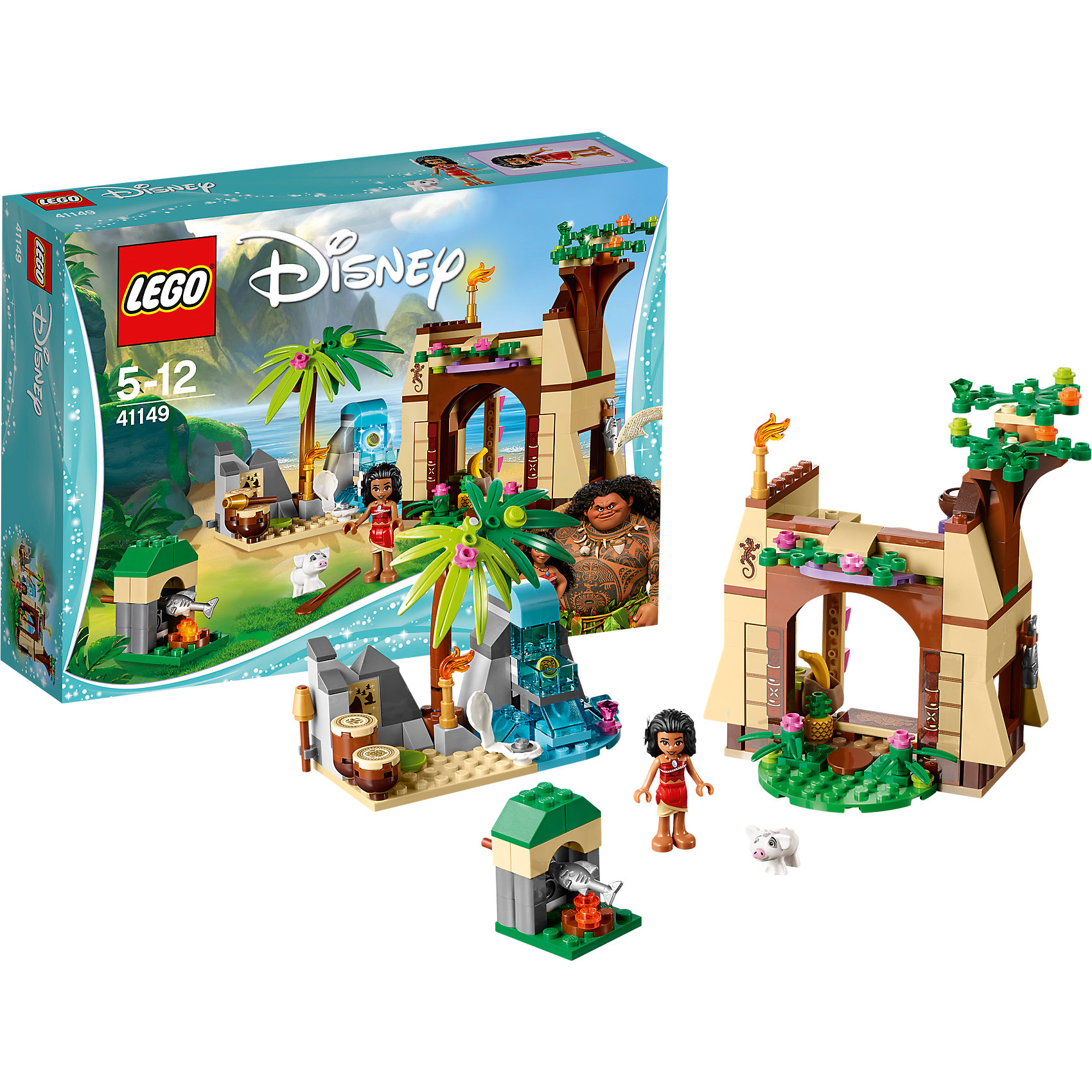 LEGO Disney Princesses 41149: Приключения Моаны на затерянном острове LEGO Disney Princesses 41149: Приключения Моаны на затерянном островеПластмассовые конструкторы<br>LEGO Disney Princesses 41149: Приключения Моаны на затерянном острове<br><br>Характеристики:<br><br>- в набор входит: детали дома и пещеры с водопадом, фигурка Моаны, свинка Пуа, аксессуары, красочная инструкция<br>- состав: пластик<br>- количество деталей: 205<br>- размер упаковки: 26 * 6 * 19 см.<br>- размер дома: 24 * 8 * 14 см.<br>- размер пещеры с водопадом: 11 * 5 * 9 см.<br>- для детей в возрасте: от 5 до 12 лет<br>- Страна производитель: Дания/Китай/Чехия<br><br>Легендарный конструктор LEGO (ЛЕГО) представляет серию «Disney Princesses» (Принцессы Диснея) в которую входят наборы конструкторов о принцессах, героях и героинях из мультфильмов компании Дисней.<br><br> Моана живет на одном из Гавайских остовов и изучает историю своих предков, играет на барабанах и ловит рыбу. Ее двухэтажный дом выглядит совсем как настоящий, красивое дерево усыпано цветами, по деталькам в виде камней ползают ящерицы, а внутренний интерьер радует своим свободным стилем. Столик в стиле этно отлично подходит домику. Моана кушает фрукты и отдыхает со своей любимой свинкой Пуа. Рядом с домом расположена пещера с водопадом, где под раскидистой пальмой Моана практикует игру на барабанах. За водой спрятано сокровище – сердце острова, открой его отодвинув детали. По ночам Моана зажигает факелы и продолжает свое обучение. Она ориентируется на острове при помощи карты. <br><br>В набор входят детали для костра и небольшой вертель для жарки рыб. Фигурка Моаны выглядит реалистично, ее вьющиеся волосы выполнены с учетом рельефа, а сбоку можно вставлять в них украшение-цветок. Фигурка может двигать головой и сидеть. Помоги Моане следовать своей судьбе и найти сердце острова. <br><br>Играя с конструктором ребенок развивает моторику рук, воображение и логическое мышление, научится собирать по инструкции и создавать свои модели. Придумывайте новые истории любимых героев с набором LEGO «Disney Princesses»!<br><br>Конструктор LEGO Disney Princesses 41149: Приключения Моаны на затерянном острове можно купить в нашем интернет-магазине.<br><br>Ширина мм: 257<br>Глубина мм: 190<br>Высота мм: 66<br>Вес г: 342<br>Возраст от месяцев: 60<br>Возраст до месяцев: 144<br>Пол: Женский<br>Возраст: Детский<br>SKU: 5002466