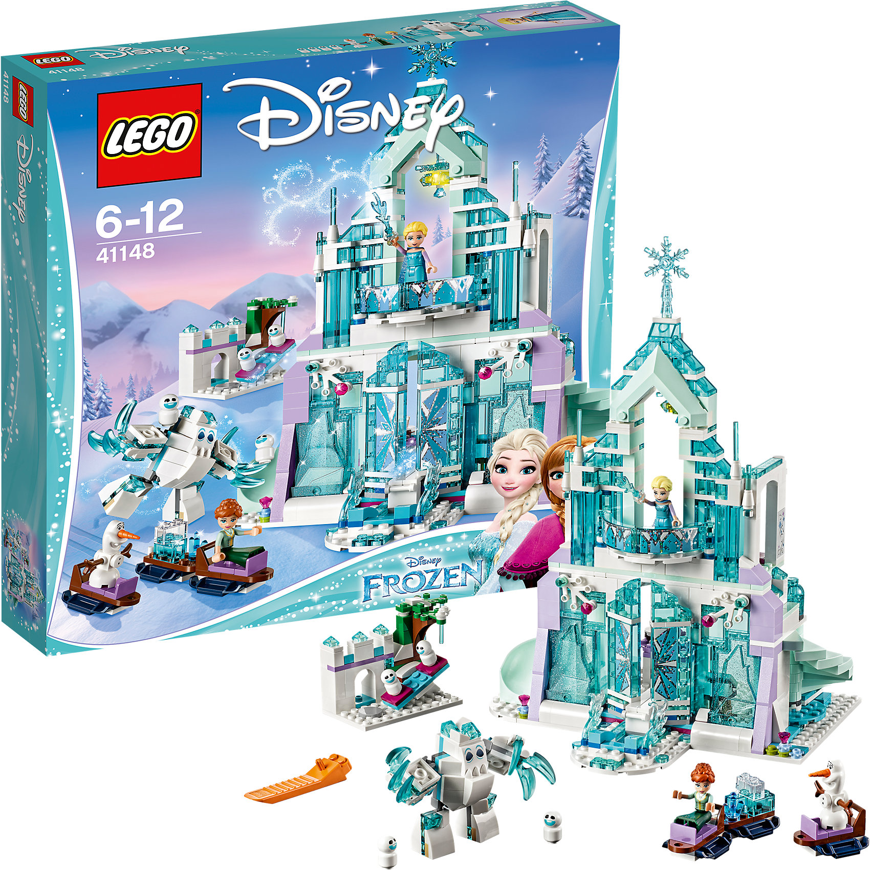 LEGO Disney Princesses 41148: Волшебный ледяной замок Эльзы LEGO Disney Princesses 41148: Волшебный ледяной замок ЭльзыПластмассовые конструкторы<br>LEGO Disney Princesses 41148: Волшебный ледяной замок Эльзы<br><br>Характеристики:<br><br>- в набор входит: детали замка и Зефира, фигурки Анны, Эльзы, Олафа и трех снеговиков, наклейки, аксессуары, красочная инструкция<br>- состав: пластик<br>- количество деталей: 701<br>- размер упаковки: 38 * 7 * 36 см.<br>- размер замка: 31 *19 * 30 см.<br>- размер площадки с качелями: 20 * 6 * 4 см.<br>- для детей в возрасте: от 6 до 12 лет<br>- Страна производитель: Дания/Китай/Чехия<br><br>Легендарный конструктор LEGO (ЛЕГО) представляет серию «Disney Princesses» (Принцессы Диснея) в которую входят наборы конструкторов о принцессах и героях из мультфильмов компании Дисней. Постройте большой сияющий дворец для Эльзы и Анны! <br><br>Благодаря небольшому механизму дверцы дворца открываются и выдвигаются ступени для входа во дворец, на ступенях при этом может стоять сама Эльза, приветствуя свою сестру в гости. Механизм правой части дворца выдвигает винтовые ступени лестницы второго этажа, а слева расположена горка с деталью специально выпущенной компанией ЛЕГО для этого набора. Аксессуары набора включают в себя все необходимое для чаепития - красивые бокалы, розовый чайник, шоколадка, десерт с мороженным, а так же вкусный торт. В замке оборудована небольшая кухня с раковиной и столиком для приготовления, шкафчик в столике открывается. Небольшой постамент с сияющими нотами помогает Эльзе совершенствоваться в пении. Второй этаж включает коврик, шкаф с отражающими блестящими частями и кровать для хозяйки. Красивая ледяная люстра переливается и сияет. Фигурки Эльзы и Анны могут сидеть и двигать головами, в рельефные прически могут вставляться украшения, костюмы отлично прорисованы, а образ Эльзы дополнен блестящим плащом. <br><br>Сборная фигура Зефира состоит из белых и голубых прозрачных деталей, его ноги и руки выполнены на шарнирах и могут двигаться, так же как и пальцы. Зефир может катать сестер на санках, которые могут соединяться между собой. Около замка расположена площадка с движущимися качелями, где резвятся снеговички и заснеженным деревом. <br><br>Конструктор LEGO Disney Princesses 41148: Волшебный ледяной замок Эльзы можно купить в нашем интернет-магазине.<br><br>Ширина мм: 377<br>Глубина мм: 347<br>Высота мм: 76<br>Вес г: 1246<br>Возраст от месяцев: 72<br>Возраст до месяцев: 144<br>Пол: Женский<br>Возраст: Детский<br>SKU: 5002467