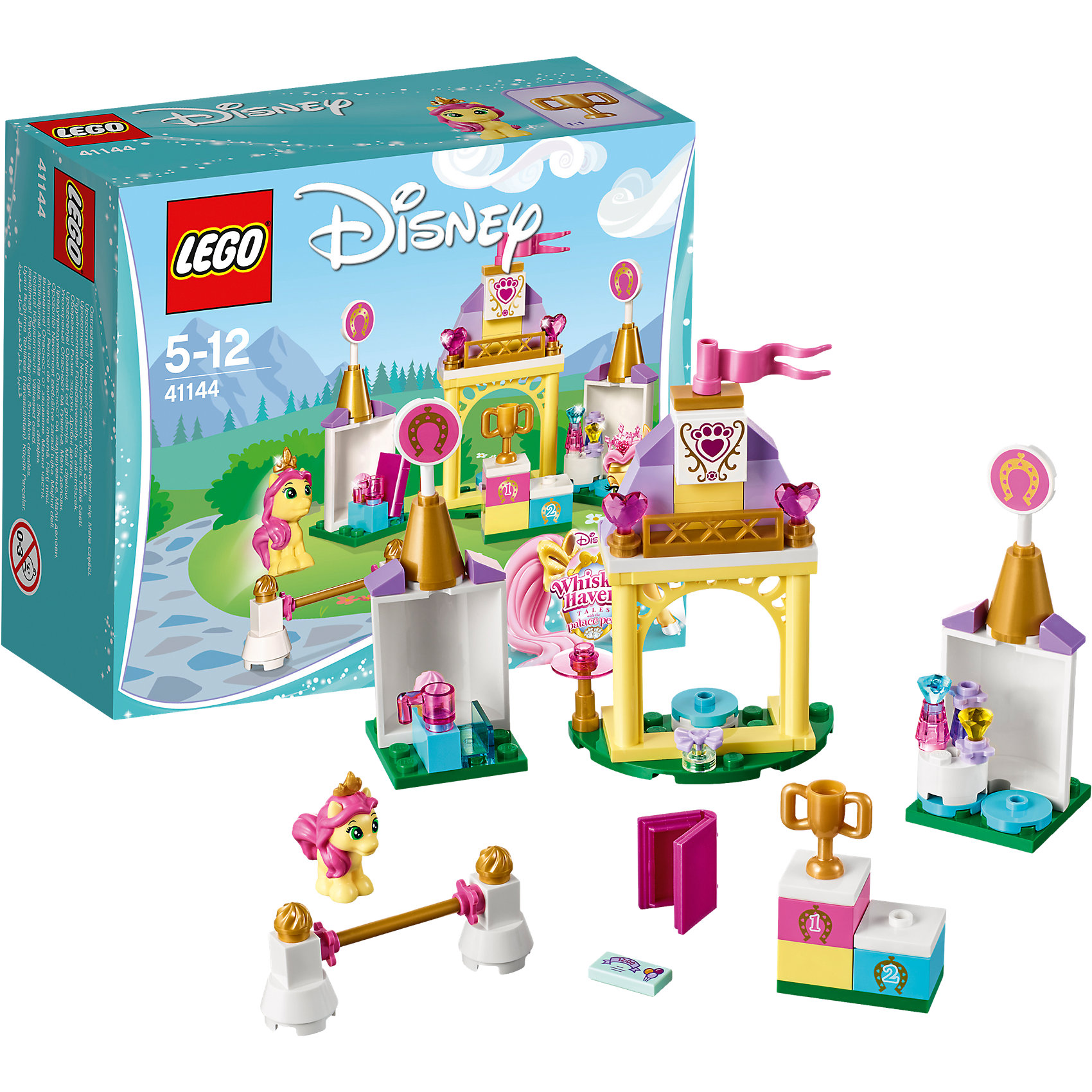 LEGO Disney Princesses 41144: Королевская конюшня Невелички LEGO Disney Princesses 41144: Королевская конюшня НевеличкиПластмассовые конструкторы<br>LEGO Disney Princesses 41144: Королевская конюшня Невелички<br><br>Характеристики:<br><br>- в набор входит: детали для конюшни, фигурка Невелички, аксессуары, красочная инструкция<br>- состав: пластик<br>- количество деталей: 75<br>- размер упаковки: 12 * 5 * 9 см.<br>- размер собранной конюшни: 13 * 3 * 10 см.<br>- для детей в возрасте: от 5 до 12 лет<br>- Страна производитель: Дания/Китай/Чехия<br><br>Легендарный конструктор LEGO (ЛЕГО) представляет серию «Disney Princesses» (Принцессы Диснея) в которую входят наборы конструкторов о принцессах и героях из мультфильмов компании Дисней. С помощью конструкторов можно строить окружение любимых персонажей своими руками, а потом играть с ними. Любимая пони принцессы Бэлль по имени Невеличка готовится к королевским соревнованиям. Набор Королевская конюшня Невелички из цикла «Королевские питомцы» (Palace Pets) отлично отразил все необходимые составляющие для успешной тренировки пони. Специальная установка для прыжков поможет ей отточить свои навыки и получить первый приз – золотой кубок. Розовая лампа поможет Невеличке читать книгу о прыжках даже вечером. В набор так же входит стенд, где Невеличка может наряжаться, в комплект входит ее золотая тиара и бантик, которые можно менять. На столике расположены шампуни и духи с колпачками из драгоценных камней. Невеличка получила приглашение на чаепитие от своей подружки крольчонка Ягодки. Помогу Невеличке выиграть соревнования и собраться на праздник. С собой пони решила принести небольшое пирожное. Набор может быть соединен с другими наборами «Королевские питомцы» (Palace Pets). Играя с конструктором ребенок развивает моторику рук, воображение и логическое мышление, научится собирать по инструкции и создавать свои модели. Придумывайте новые истории любимых героев с набором LEGO «Disney Princesses»!<br><br>Конструктор LEGO Disney Princesses 41144: Королевская конюшня Невелички можно купить в нашем интернет-магазине.<br><br>Ширина мм: 145<br>Глубина мм: 121<br>Высота мм: 63<br>Вес г: 105<br>Возраст от месяцев: 60<br>Возраст до месяцев: 144<br>Пол: Женский<br>Возраст: Детский<br>SKU: 5002469