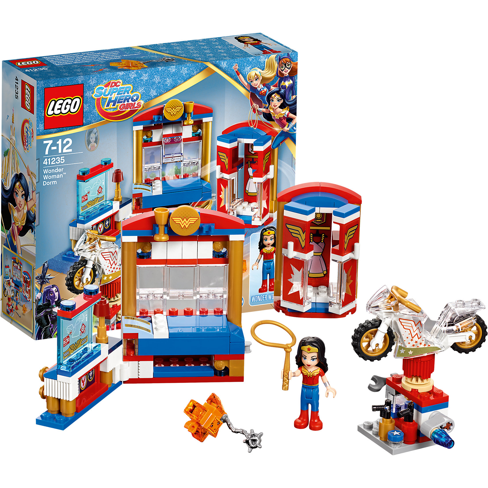 LEGO DC Super Girls 41235: Дом Чудо-женщины LEGO DC Super Girls 41235: Дом Чудо-женщиныПластмассовые конструкторы<br>LEGO DC Super Girls 41235: Дом Чудо-женщины<br><br>Характеристики:<br><br>- в набор входит: детали мебели и мотоцикла, фигурка Чудо-женщины, Криптомит, аксессуары, инструкция по сборке<br>- фигурки набора: Чудо-женщина<br>- состав: пластик<br>- количество деталей: 186<br>- размер кровати, шкафа и рабочей станции: 17 * 3 * 9 см.<br>- размер подставки для мотоцикла: 3 * 4 * 3 см.<br>- размер мотоцикла: 6 * 2 * 3 см.<br>- для детей в возрасте: от 7 до 12 лет<br>- Страна производитель: Дания/Китай/Чехия<br><br>Легендарный конструктор LEGO (ЛЕГО) представляет серию «DC Super Girls» (ДиСи Супер Гёрлс) по сюжетам фильмов и мультфильмов о супергероинях. Этот набор понравится любителям короткометражных мультфильмов компании Warner Brothers DC Super Girls (ДиСи Супер Гёрлс). <br><br>Невероятная комната Чудо-женщины в Школе Супергероев говорит за свою владелицу! Вся мебель выполнена в бело-сине-красных цветах ее стиля. Просторная кровать со столбиками и полочками для призов и личных вещей позволяет героине восстановить свои силы после тяжелого учебного дня. Под кроватью есть месть для хранения лассо. К кровати присоединяется рабочая станция с суперкомпьютером, позволяющим следить за преступниками, на столе стоит небольшая лампа. Красивый шкаф с полупрозрачными дверями и эмблемой Чудо-женщины вмещает все ее наряды. Один из самых интересных объектов в комнате героини – это станция для мотоцикла. Станция поворачивается для более удобной работы с мотоциклом, Чудо-женщина полирует его воском, ремонтирует по мере необходимости с помощью гаечного ключа, у нее также есть два баллончика с краской. <br><br>Фигурка Чудо-женщины отлично проработана, ее рельефные волосы уложены в красивую прическу, а ее супергеройский наряд очень ей идет. Защити лассо Чудо-женщины от Криптомита, который пробрался в ее комнату! <br><br>Играя с конструктором ребенок развивает моторику рук, воображение и логическое мышление, научится собирать по инструкции и создавать свои модели. Придумывайте новые истории любимых героев с набором LEGO «DC Super Girls»!<br><br>Конструктор LEGO DC Super Girls 41235: Дом Чудо-женщины можно купить в нашем интернет-магазине.<br><br>Ширина мм: 208<br>Глубина мм: 188<br>Высота мм: 62<br>Вес г: 263<br>Возраст от месяцев: 84<br>Возраст до месяцев: 144<br>Пол: Женский<br>Возраст: Детский<br>SKU: 5002471