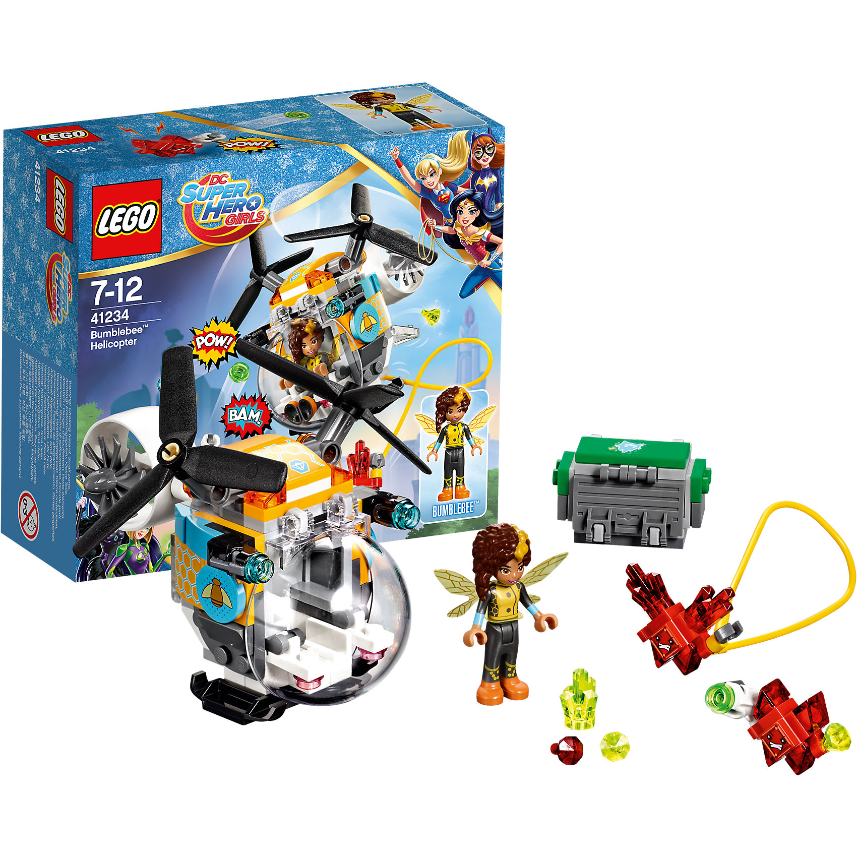 LEGO DC Super Girls 41234: Вертолёт Бамблби LEGO DC Super Girls 41234: Вертолёт БамблбиПластмассовые конструкторы<br>LEGO DC Super Girls 41234: Вертолёт Бамблби<br><br>Характеристики:<br><br>- в набор входит: детали вертолета и сундука, фигурка Бамблби, 2 Криптомита, аксессуары, инструкция по сборке<br>- фигурки набора: Бамблби<br>- состав: пластик<br>- количество деталей: 142 <br>- размер вертолёта: 10 * 7 * 10 см.<br>- размер сундука: 3 * 4 * 2 см.<br>- для детей в возрасте: от 7 до 12 лет<br>- Страна производитель: Дания/Китай/Чехия<br><br>Легендарный конструктор LEGO (ЛЕГО) представляет серию «DC Super Girls» (ДиСи Супер Гёрлс) по сюжетам фильмов и мультфильмов о супергероинях. <br><br>Этот набор понравится любителям короткометражных мультфильмов компании Warner Brothers DC Super Girls (ДиСи Супер Гёрлс). Необычный вертолет Бамблби оснащен сразу двумя лопастями, а кабина управления находится спереди, для обширного панорамного вида. Вертолёт окрашен в желто-черный цвет и разрисован узорами сот и пчел. Грузовые отделения наполнены драгоценными камнями, которые желают заполучить красные Криптомиты. На этот раз эти милые, но злобные существа обзавелись стреляющим снарядами оружием и угрожают похитить сокровища. Но супергероиня Бамблби просто так не сдастся, тем более, что и ее вертолет оснащен двумя пушками стреляющими снарядами. <br><br>Фигурка Бамблби отлично проработана, ее рельефные волосы уложены в интересную медовую прическу, а ее супергеройский наряд подходит по стилю к вертолету. Помоги Бамблби одержать верх над Криптомитами и спасти сокровища! <br><br>Играя с конструктором ребенок развивает моторику рук, воображение и логическое мышление, научится собирать по инструкции и создавать свои модели. Придумывайте новые истории любимых героев с набором LEGO «DC Super Girls»!<br><br>Конструктор LEGO DC Super Girls 41234: Вертолёт Бамблби можно купить в нашем интернет-магазине.<br><br>Ширина мм: 158<br>Глубина мм: 140<br>Высота мм: 62<br>Вес г: 167<br>Возраст от месяцев: 84<br>Возраст до месяцев: 144<br>Пол: Женский<br>Возраст: Детский<br>SKU: 5002472