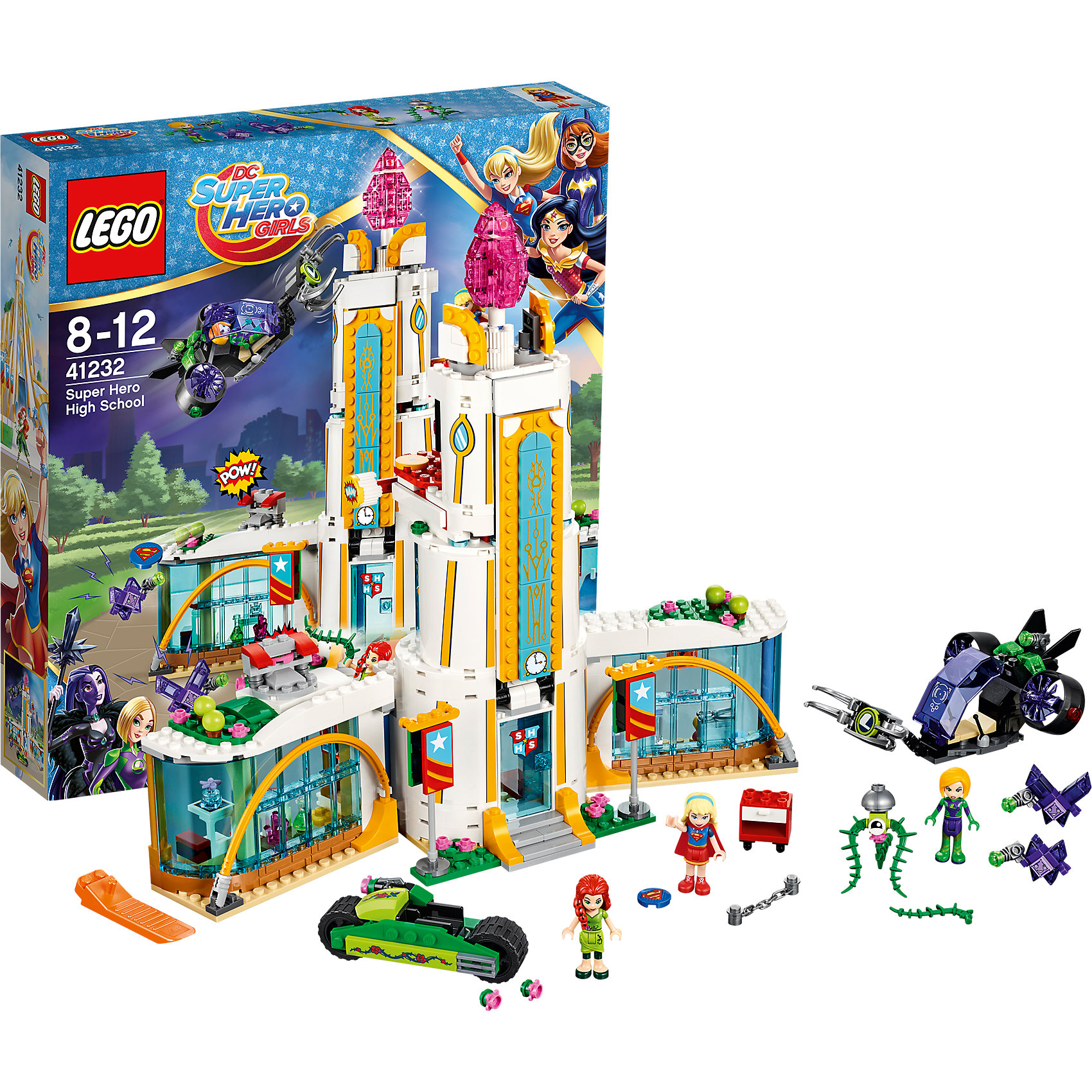 LEGO DC Super Girls 41232: Школа супергероев LEGO DC Super Girls 41232: Школа супергероевПластмассовые конструкторы<br>LEGO DC Super Girls 41232: Школа супергероев<br><br>Характеристики:<br><br>- в набор входит: детали школы, двух транспортных средств, 3 фигурки, 2 Криптомита, аксессуары, инструкция по сборке<br>- фигурки набора: Лена Лютор, Супергёрл, Ядовитый Плющ (Пойзон Иви),<br>- состав: пластик<br>- количество деталей: 712 <br>- размер школы: 33 * 10 * 30 см.<br>- размер самолета: 15 * 6 * 10 см.<br>- размер мотоцикла: 3 * 8 * 3 см.<br>- для детей в возрасте: от 8 до 12 лет<br>- Страна производитель: Дания/Китай/Чехия<br><br>Легендарный конструктор LEGO (ЛЕГО) представляет серию «DC Super Girls» (ДиСи Супер Гёрлс) по сюжетам фильмов и мультфильмов о супергероинях. <br><br>Этот набор понравится любителям короткометражных мультфильмов компании Warner Brothers DC Super Girls (ДиСи Супер Гёрлс). <br><br>Внутри школы расположена лаборатория, откуда были выпущены Криптомиты, а так же кабинет шитья супер костюмов. На крыше расположена оранжерея с растениями Ядовитого Плюща (Пойзон Иви). С помощью специального механизма передняя часть башни переворачивается, выпуская Плюща на ее мотоцикле вниз по съезду. Плющ и Супергёрл защищают школу от нападения Лены Лютор и Криптомитов. С левой строны крыши расположена катапульта с дисками Супергёрл. Тем временем, Лена Лютор на своем самолете хочет похитить главный камень на пике центральной башни. Ее самолет может перевернутым, а сама Лена не выпадет из него благодаря специальному креплению. В самолет установлен специальный выдвижной зажим, которым она пользуется для похищения камня. Мотоцикл Плюща оснащен механизмом для стрельбы растениями, сама героиня держит в руках длинный побег с шипами. <br><br>В набор оружия входят три лазера, диск Плюща и диск Супергёрл, две цепи. В аксессуары вошли гаечный ключ, колба, Суперкружки, дополнительный плащ, фрагмент аметиста, цветов Плюща, телефон Супергёрл, ножницы и кусочек суши. <br><br>Играя с конструктором ребенок развивает моторику рук, воображение и логическое мышление, научится собирать по инструкции и создавать свои модели. Придумывайте новые истории любимых героев с набором LEGO «DC Super Girls»!<br><br>Конструктор LEGO DC Super Girls 41232: Школа супергероев можно купить в нашем интернет-магазине.<br><br>Ширина мм: 354<br>Глубина мм: 71<br>Высота мм: 378<br>Вес г: 1151<br>Возраст от месяцев: 96<br>Возраст до месяцев: 144<br>Пол: Женский<br>Возраст: Детский<br>SKU: 5002474