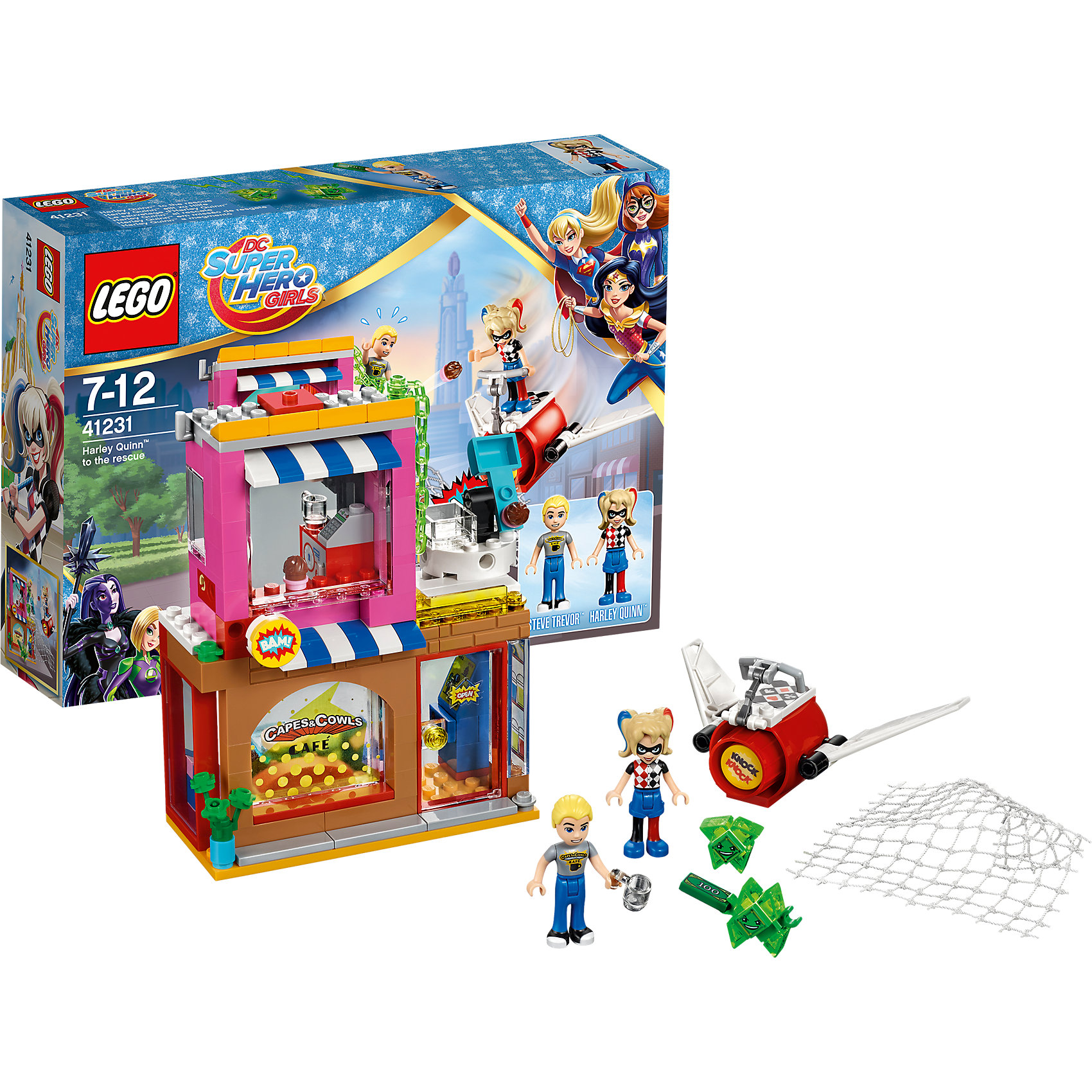 LEGO DC Super Girls 41231: Харли Квинн спешит на помощь LEGO DC Super Girls 41231: Харли Квинн спешит на помощьПластмассовые конструкторы<br>LEGO DC Super Girls 41231: Харли Квинн спешит на помощь<br><br>Характеристики:<br><br>- в набор входит: детали кафе, самолета, 2 фигурки, 2 Криптомита аксессуары, инструкция по сборке<br>- фигурки набора: Харли Квинн, Стив Тревор<br>- состав: пластик<br>- количество деталей: 217 <br>- размер кафе: 14 * 7 * 11 см.<br>- размер самолета: 3 * 11 * 7 см.<br>- для детей в возрасте: от 7 до 12 лет<br>- Страна производитель: Дания/Китай/Чехия<br><br>Легендарный конструктор LEGO (ЛЕГО) представляет серию «DC Super Girls» (ДиСи Супер Гёрлс) по сюжетам фильмов и мультфильмов о супергероинях. <br><br>Этот набор понравится любителям короткометражных мультфильмов компании Warner Brothers DC Super Girls (ДиСи Супер Гёрлс). Фигурка Харли Квинн отлично проработана, ее рельефные волосы уложены в два хвостика. Ее классический двухсторонний наряд представлен в черно-белой и сине-красной гамме. Стив также имеет детализированную прическу, одет в джинсы и футболку. Фигурки могут двигать головой, руками, торсом и принимать сидячее положение. Милые, но злобные Криптомиты зеленого цвета напали на кафе Стива и хотят забрать все деньги! Харли Квинн спешит на помощь на своем реактивном самолете, оснащенном большой сетью, чтобы поймать негодяев. Крылья самолета двигаются. Кафе Стива отлично детализировано, первый этаж с витриной, входной дверью и игровым автоматом приветствует гостей кафе, а второй этаж оснащен кассой и управлением системой безопасности – катапультой на крыше здания. <br><br>Стив отбивался от Криптомитов как мог, но они его связали и украли деньги. Он безудержно зовет на помощь Харли Квинн. Помоги Харли одержать верх над Криптомитами и вернуть награбленное! Играя с конструктором ребенок развивает моторику рук, воображение и логическое мышление, научится собирать по инструкции и создавать свои модели. Придумывайте новые истории любимых героев с набором LEGO «DC Super Girls»!<br><br>Конструктор LEGO DC Super Girls 41231: Харли Квинн спешит на помощь можно купить в нашем интернет-магазине.<br><br>Ширина мм: 262<br>Глубина мм: 61<br>Высота мм: 191<br>Вес г: 396<br>Возраст от месяцев: 84<br>Возраст до месяцев: 144<br>Пол: Женский<br>Возраст: Детский<br>SKU: 5002475