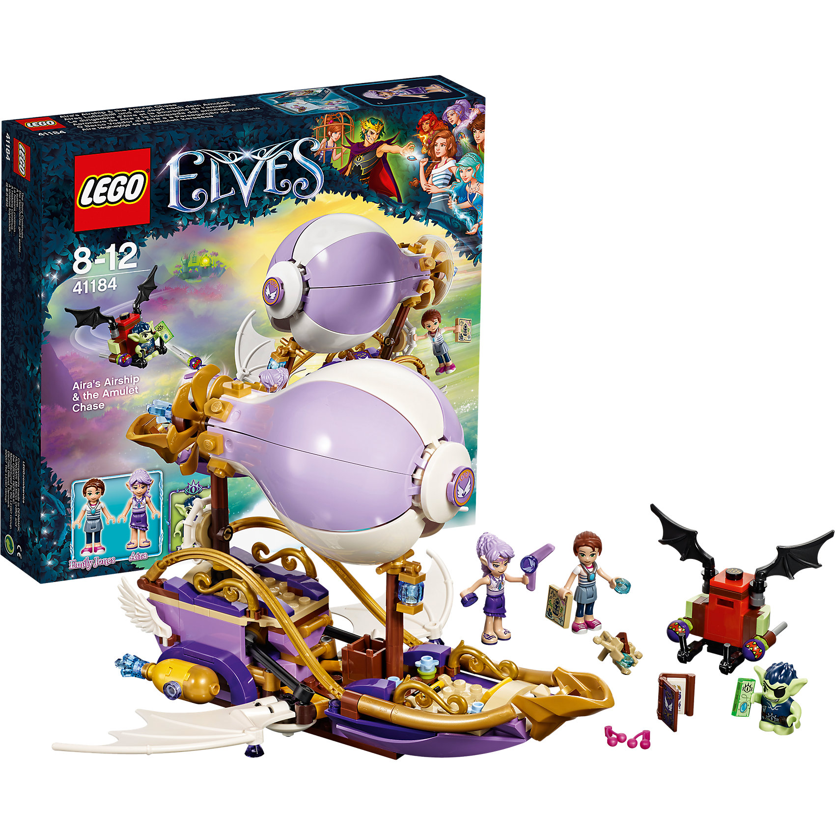 LEGO Elves 41184: Погоня за амулетом LEGO Elves 41184: Погоня за амулетомПластмассовые конструкторы<br>LEGO Elves 41314: Погоня за амулетом<br><br>Характеристики:<br><br>- в набор входит: детали летательного корабля, летательного аппарата, 3 фигурки, аксессуары, инструкция по сборке<br>- фигурки набора: Эмили Джонс, эльф Эйра, гоблин Дюклин<br>- состав: пластик<br>- количество деталей: 343<br>- для детей в возрасте: от 8 до 12 лет<br>- Страна производитель: Дания/Китай/Чехия<br><br>Легендарный конструктор LEGO (ЛЕГО) представляет серию «Elves» (Эльфы) – магическую вселенную, наполненную приключениями! <br><br>Дети должны помочь эльфам найти четыре волшебных ключа, чтобы вернуть Эмили Джонс домой. Легендарный летающий корабль Эйры впечатляет своим отличным воплощением в этой серии. Насыщенные лиловые и фиолетовые оттенки прекрасно сочетаются с золотыми деталями декораций. Корабль трансформируется в режим быстрого полета, после того, как гоблин похищает амулет у Эмили. Эйра использует магию ветра и они пускаются в погоню. <br><br>Фигурки качественно прорисованы, могут поворачивать головой, руками, торсом и принимать сидячее положение. Красивые рельефные волосы собраны в прически, детали одежды оснащены выступающими складками по краям ткани и добавляют фигуркам реалистичности. Небольшой гоблин может двигать руками, поворачивать головой, держать предметы в руках, его причёска тоже детализирована. Летательный аппарат гоблина имеет багажное отделение хранения награбленного. Помоги девочкам вернуть амулет, и прими участие в эпичной погоне за амулетом! Детали набора отлично сочетаются в другими наборами серии LEGO Elves. <br><br>Играя с конструктором ребенок развивает моторику рук, воображение и логическое мышление, научится собирать по инструкции и создавать свои модели. Придумывайте новые истории любимых героев с набором LEGO «Elves»!<br><br>Конструктор LEGO Elves 41314: Погоня за амулетом можно купить в нашем интернет-магазине.<br><br>Ширина мм: 281<br>Глубина мм: 261<br>Высота мм: 63<br>Вес г: 504<br>Возраст от месяцев: 96<br>Возраст до месяцев: 144<br>Пол: Женский<br>Возраст: Детский<br>SKU: 5002477
