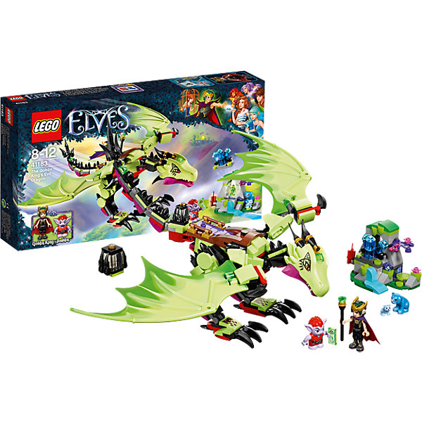 LEGO Elves 41183: Дракон Короля Гоблинов LEGO Elves 41183: Дракон Короля ГоблиновКонструкторы Лего<br>LEGO Elves 41183: Дракон Короля Гоблинов<br><br>Характеристики:<br><br>- в набор входит: детали дракона и пещеры, 2 фигурки героев, 2 медведя, аксессуары, инструкция по сборке<br>- фигурки набора: Король Гоблинов, гоблин Джимблин<br>- состав: пластик<br>- количество деталей: 339<br>- размер упаковки: 35 * 6 * 19 см.<br>- размер дракона: 38 * 12 * 31 см.<br>- размер пещеры: 8 * 5 * 6 см.<br>- для детей в возрасте: от 8 до 12 лет<br>- Страна производитель: Дания/Китай/Чехия<br><br>Легендарный конструктор LEGO (ЛЕГО) представляет серию «Elves» (Эльфы) – магическую вселенную, наполненную приключениями! <br><br>Злой Король Гоблинов сел верхом на большого зеленого дракона и отправился за драгоценными камнями, которые должны увеличить силу его портала. Благодаря шарнирным деталям дракон отлично двигается, может шевелить хвостом, головой, лапами, его крылья также двигаются. На спине оборудовано специальное драконье седло, Король управляет им с помощью силы мысли. На поиск сокровищ Король взял гоблина Джимблина, которого назначил ответственным за подрыв пещеры медведей. <br><br>Фигурка Короля качественно прорисована, может поворачивать головой, руками, торсом и принимать сидячее положение. Рельефные волосы собраны короной, детали одежды оснащены выступающими складками по краям ткани и добавляют фигурке реалистичности. Небольшой гоблин может двигать руками, поворачивать головой, держать предметы в руках, его причёска тоже детализирована. Детали набора отлично сочетаются в другими наборами серии LEGO Elves. <br><br>Играя с конструктором ребенок развивает моторику рук, воображение и логическое мышление, научится собирать по инструкции и создавать свои модели. Придумывайте новые истории любимых героев с набором LEGO «Elves»!<br><br>Конструктор LEGO Elves 41183: Дракон Короля Гоблинов можно купить в нашем интернет-магазине.<br><br>Ширина мм: 353<br>Глубина мм: 190<br>Высота мм: 63<br>Вес г: 422<br>Возраст от месяцев: 96<br>Возраст до месяцев: 144<br>Пол: Женский<br>Возраст: Детский<br>SKU: 5002478