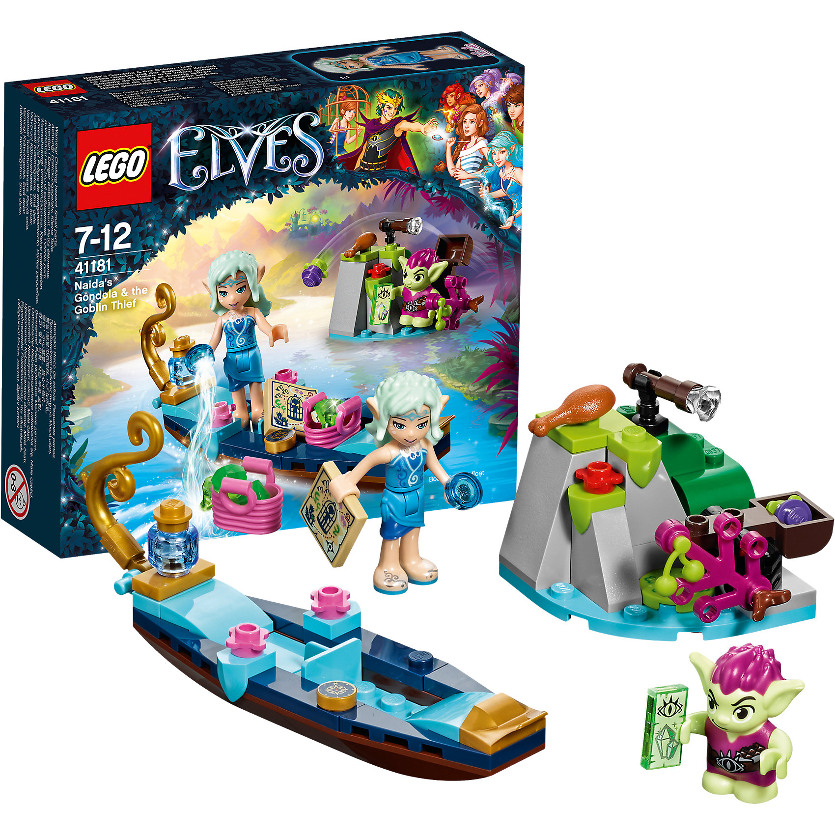 LEGO Elves 41181: Встреча Наиды с гоблином-воришкой LEGO Elves 41181: Встреча Наиды с гоблином-воришкойПластмассовые конструкторы<br>LEGO Elves 41181: Встреча Наиды с гоблином-воришкой<br><br>Характеристики:<br><br>- в набор входит: детали гондолы и плота гоблина, 2 фигурки, аксессуары, инструкция по сборке<br>- минифигурки набора: эльф Наида, гоблин Робин<br>- состав: пластик<br>- количество деталей: 67<br>- размер упаковки: 16 * 5 * 15 см.<br>- для детей в возрасте: от 7 до 12 лет<br>- Страна производитель: Дания/Китай/Чехия<br><br>Легендарный конструктор LEGO (ЛЕГО) представляет серию «Elves» (Эльфы) – магическую вселенную, наполненную приключениями! <br><br>Дети должны помочь эльфам найти четыре волшебных ключа, чтобы вернуть Эмили Джонс домой. Прекрасная Наида, эльф воды, путешествует на своей гондоле по лесной реке в поисках редких драгоценных камней и минералов. В набор входит небольшая корзинка, компас, карта и открывающаяся голубая банка. Фигурка Наиды качественно прорисована, может поворачивать головой, руками, торсом и принимать сидячее положение. Красивые рельефные волосы распущены, детали одежды оснащены выступающими складками по краям ткани и добавляют фигурке реалистичности. <br><br>Гондола Наиды включает в себя уникальные золотые детали, которые делают гондолу ещё изящнее. Небольшой гоблин может двигать руками, поворачивать головой, держать предметы в руках, его причёска тоже детализирована. На своем плоту гоблин установил катапульту и подзорную трубу, чтобы выслеживать эльфов и воровать драгоценные камни. В руке Робин держит указ своего короля о поиске камней. Помоги Наиде проплыть по лесной реке и собрать все необходимые минералы, а также улизнуть от воришки. <br><br>Играя с конструктором ребенок развивает моторику рук, воображение и логическое мышление, научится собирать по инструкции и создавать свои модели. Придумывайте новые истории любимых героев с набором LEGO «Elves»!<br><br>Конструктор LEGO Elves 41181: Встреча Наиды с гоблином-воришкой можно купить в нашем интернет-магазине.<br><br>Ширина мм: 144<br>Глубина мм: 159<br>Высота мм: 50<br>Вес г: 106<br>Возраст от месяцев: 84<br>Возраст до месяцев: 144<br>Пол: Женский<br>Возраст: Детский<br>SKU: 5002480